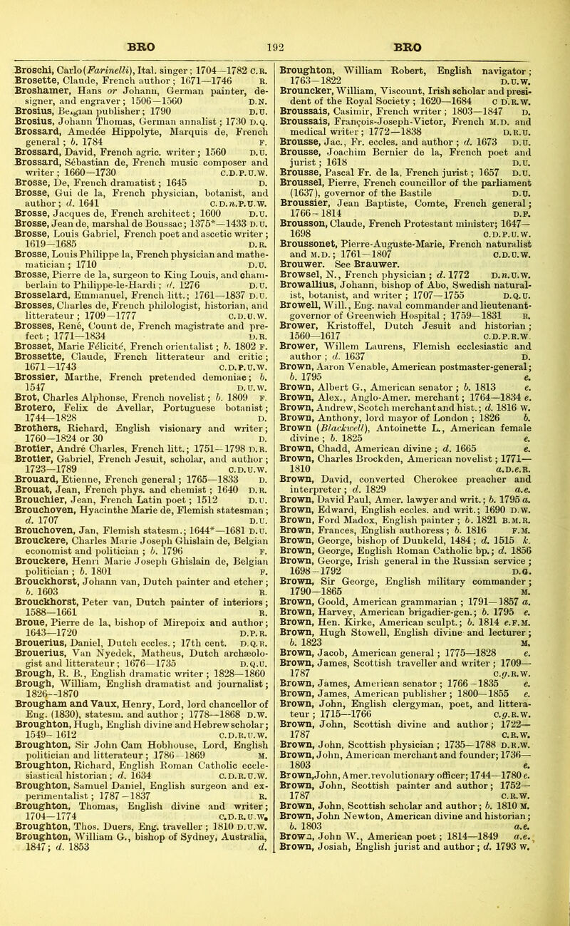 Broschi, Carlo(J'arin.eiM), Ital. singer; 1704—1782 C.B. Brosette, Claude, French author; 1671—1746 R. Broshamer, Hans or Johann, German painter, de signer, and engraver; 1506—1560 d.n. Brosius, Belgian publisher; 1790 D.U. Brosius, Johann Thomas, German annalist; 1730 D.Q. Brossard, Amedde Hippolyte, Marquis de, French general; b. 1784 Brossard, David, French agric. writer; 1560 Brossard, Sebastian de, French music composer and writer; 1660—1730 c.D.P. Brosse, De, French dramatist; 1645 Brosse, Gui de la, French physician, botanist, and author; <1. 1641 c.D.n..P. Brosse, Jacques de, French architect; 1600 Brosse, Jean de, marshal de Boussac; 1375*—1433 D.u Brosse, Louis Gabriel, French poet and ascetic writer 1619-1685 D.R Brosse, Louis Philippe la, French physician and mathe matician ; 1710 D.U Brosse, Pierre de la, surgeon to King Louis, and cham berlain to Philippe-le-Hardi; (/. 1276 D.U Brosselard, Emmanuel, Frencli litt.; 1761—1837 d.u. Brosses, Charles de, French philologist, historian, and litterateur; 1709—1777 c.D.u.w. Brosses, Kene, Count de, French magistrate and pre- fect ; 1771—1834 D.R Brosset, Marie F^licit^, French orientalist; 5. 1802 P Brossette, Claude, French litterateur and critic 1671-1743 c.D.P. u.\ Brossier, Marthe, French pretended demoniac; 1547 D.u.t Brot, Charles Alphonse, French novelist; b. 1809 F Brotero, Felix de AveUar, Portuguese botanist 1744—1828 D Brothers, Richard, English visionary and writer 1760-1824 or 30 d Brotier, Andr5 Charles, French litt.; 1751—1798 D.R Brotler, Gabriel, French Jesuit, scholar, and authoi 1723-1789 c.D.u.v Brouard, Etienne, French general; 1765—1833 ) Brouat, Jean, French phys. and chemist; 1640 D.R. Brouchier, Jean, French Latin poet; 1512 d.u, Brouchoven, Hyacinthe Marie de, Flemish statesman d. 1707 D.u Brouchoven, Jan, Flemish statesm.; 1644*—1681 D, Broucliere, Charles Marie Joseph Ghislain de, Belgi economist and politician ; 6. 1796 Brouchere, Henri Marie Joseph Ghislain de, Belgian politician ; 6. 1801 F Brouckhorst, Johann van, Dutch painter and etcher b. 1603 R Brouckhorst, Peter van, Dutch painter of interiors 1588-1661 R Broue, Pierre de la, bishop of Mirepoix and author 1643—1720 D.P.R. Brouerius, Daniel, Dutch eccles.; 17th cent, d.q.b. Brouerius, Van Nyedek, Matheus, Dutch archaeolo gist and litterateur; 1676—1735 d.q.u Brough, R. B., English dramatic writer ; 1828—1860 Brough, William, English dramatist and journalist 1826-1870 Brougham and Vaux, Henry, Lord, lord chancellor of Eng. (1830), statesm. and author; 1778—1868 D.w. Broughton, Hugh, English divine and Hebrew scholar; 1549- 1612 C.D.R.U.W. Broughton, Sir John Cam Hobhouse, Lord, English politician and litterateur; 1786—1869 M. Broughton, Richard, English Roman Catholic eccle- siastical historian; d. 1634 C.D.R.U.W. Broughton, Samuel Daniel, English surgeon and ex- perimentalist; 1787-1837 R. Broughton, Thomas, English divine and writer; 1704-1774 C.D.R.U.W, Broughton, Thos. Duers, Eng. traveller ; 1810 d.u.w. Broughton, William G., bishop of Sydney, Australia, 1847; d. 1853 d. Broughton, William Robert, English navigator; 1763-1822 D.u.w. Brouncker, William, Viscount, Irish scholar and presi- dent of the Royal Society; 1620—1684 o D.R.W. Broussais, Casimir, French writer ; 1803—1847 D. Broussais, Francois-Joseph-Victor, French m.d. and medical wi-iter; 1772-1838 d.r.u. Brousse, Jac., Fr. eccles. and author ; d. 1673 D.u. Brousse, Joachim Bernier de la, French poet and jurist; 1618 D.u. Brousse, Pascal Fr. de la, French jurist; 1657 D.u. Broussel, Pierre, French councillor of the parhament (1637), governor of the Bastile D.U. Broussier, Jean Baptiste, Comte, French general; 1766-1814 D.P. Brousson, Claude, French Protestant minister; 1647— 1698 c.D.P.u.w. Broussonet, Pierre-Auguste-Marie, French naturalist and M.D.; 1761—1807 C.D.U.W. Brouwer. See Brauwer. Browsel, N., French physician; d. 1772 D.n.U.w. Browallius, Johann, bishop of Abo, Swedish natural- ist, botanist, and writer ; 1707-1755 D.Q.U. Browell, Will., Eng. naval commander and lieutenant- governor of Greenwich Hospital; 1759-1831 R. Brower, Kristoffel, Dutch Jesuit and historian; 1560—1617 C.D.P.R.W. Brower, Willem Laurens, Flemish ecclesiastic and author ; d. 1637 D. Brown, Aaron Venable, American postmaster-general; b. 1795 e. Brown, Albert G., American senator ; b. 1813 e. Brown, Alex., Anglo-Amer. merchant; 1764—1834 e. Brown, Andrew, Scotch merchant and hist.; d. 1816 w. Brown, Anthony, lord mayor of London ; 1826 6. Brown (Blackwell)^ Antoinette L, American female divine ; 6. 1825 e. Brown, Chadd, American divine ; d. 1665 e. Brown, Charles Brockden, American novelist; 1771— 1810 a.D.e.R. Brown, David, converted Cherokee preacher and interpreter; d. 1829 a.e. Brown, David Paul, Amer. lawyer and writ.; b. 1795 a. Brown, Edward, English eccles. and writ.; 1690 D.W. Brown, Ford Madox, English painter ; b. 1821 b.m.R. Brown, Frances, English authoress; b. 1816 f.m. Brown, George, bishop of Dunkeld, 1484; d. 1515 k. Brown, George, English Roman Catholic bp.; d. 1856 Brown, George, Irish general in the Russian service ; 1698-1792 D.G. Brown, Sir George, English military commander; 1790-1865 M. Brown, Goold, American grammarian ; 1791—1857 a. Brown, Harvey, American brigadier-gen.; b. 1795 e. Brown, Hen. Kirke, American sculpt.; 6. 1814 e.F.M. Brown, Hugh Stowell, English divine and lecturer; b. 1823 M. Brown, Jacob, American general; 1775—1828 e. Brown, James, Scottish traveller and writer ; 1709— 1787 C.JT.R.W. Brown, James, American senator ; 1766-1835 e. Brown, James, American publisher ; 1800—1855 e. Brown, John, English clergyman, poet, and littera- teur ; 1715—1766 c.£f.R.w. Brown, John, Scottish divine and author; 1722— 1787 C.R.W. Brown, John, Scottish physician ; 1735—1788 d.r.w. Brown, John, American merchant and founder; 1736— 1803 e. Brown, John, Amer.revolutionary officer; 1744—1780 e. Brown, John, Scottish painter and author; 1752— 1787 C.R.W. Brown, John, Scottish scholar and author; h. 1810 M. Brown, John Newton, American divine and historian;