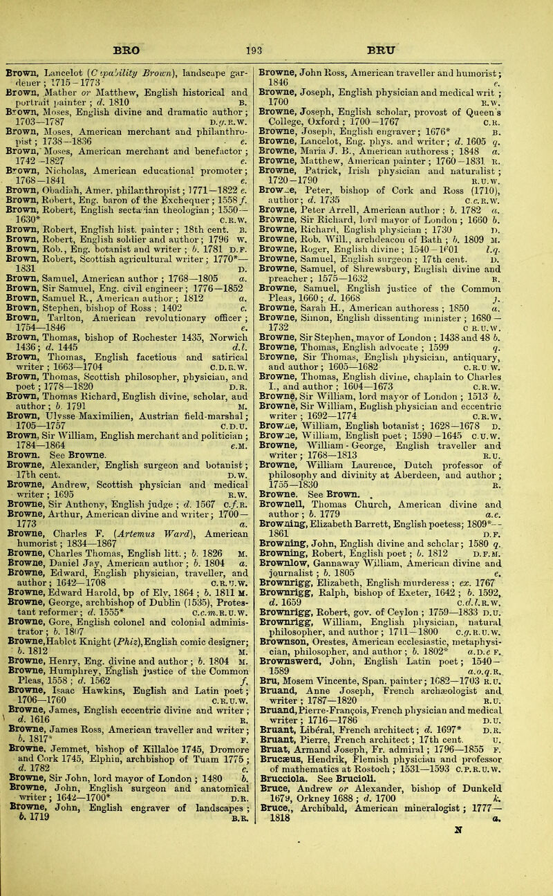 Brown, Lancelot (C ipability Brown), landscape gar- dener; 1715-1773 Brown, Mather or Matthew, English historical and portrait painter ; d. 1810 B. Brown, Moses, English divine and dramatic author; 1703—1787 D..V.E.W. Brown, Moses, American merchant and philanthro pist; 1738-1836 ■ e Brown,'Moses, American merchant and benefactor 1742 -1827 e Brown, Nicholas, American educational promoter; 1768-1841 Brown, Obadiah, Amer. philanthropist; 1771—1822 Brown, Robert, Eng. baron of the Exchequer; 1558/. Brown, Robert, English sectadan theologian; 1550— 1630* c.E.v Brown, Robert, English hist, painter ; 18th cent. : Brown, Robert, English soldier and author; 1796 v Brown, Rob., Eng. botanist and writer ; b. 1781 D.; Brown, Robert, Scottish agricultural writer; 1770*— 1831 D Brown, Samuel, American author ; 1768—1805 a Brown, Sir Samuel, Eng. civil engineer; 1776—1852 Brown, Samuel R., American author ; 1812 a Brown, Stephen, bishop of Ross ; 1402 c Brown, Tarlton, American revolutionary officer; 1754—1846 e. Brown, Thomas, bishop of Rochester 1435, Norwich 1436; d. 1445 d.l. Brown, Thomas, English facetious and satirical writer ; 1663—1704 C.D.U.W. Brown, Thomas, Scottish philosopher, physician, and poet; 1778-1820 D.R. Brown, Thomas Richard, English divine, scholar, and author; 6, 1791 M. Brown, Ulvsse Maximilien, Austrian field-marshal; 1705— 1757 c.D.u. Brown, Sir William, English merchant and politician 1784-1864 e.M Brown. See Bro-wne. Browne, Alexander, English surgeon and botanist 17th cent. D.w Browne, Andrew, Scottish physician and medical writer; 1695 E.w. Browne, Sir Anthony, English judge ; d. 1567 c./.E. Browne, Arthur, American divine and writer; 1700 — 1773 a. Browne, Charles E. (Artemus Ward), American humorist; 1834—1867 Browne, Charles Thomas, English litt.; b. 1826 M. Browne, Daniel Jay, American author; 6. 1804 a. Browne, Edward, English physician, traveller, and author; 1642-1708 C.E.tj.W. Browne, Edward Harold, bp of Ely, 1864 ; 6. 1811 M. Browne, George, archbishop of Dublin (1535), Protes- tant reformer; d. 1555* c.c.m.E.o.w. Browne, Gore, English colonel and colonial adminis- trator ; b. 1807 Browne,Hablot Knight (PAtc),English comic designer; h. 1812 M. Browne, Henry, Eng. divine and author; b. 1804 M. Browne, Humphrey, English justice of the Common Pleas, 1558 ; d. 1562 /. Browne, Isaac Hawkins, English and Latin poet; 1706- 1760 C.E.D.W. Browne, James, English eccentric divine and writer ; ' d. 1616 E. Browne, James Ross, American traveller and writer; b. 1817* F. Browne, Jemmet, bishop of Killaloe 1745, Dromore and Cork 1745, Elphin, archbishop of Tuam 1775 ; d. 1782 c. Browne, Sir John, lord mayor of London ; 1480 b. Browne, John, English surgeon and anatomical writer; 1642—1700* D.E. Browne, John, English engraver of landscapes ; b. 1719 B.E. Browne, John Ross, American traveller and humoiist; 1846 f. Browne, Joseph, English physician and medical writ ; 1700 E.W. Browne, Joseph, English scholar, provost of Queen's College, Oxford ; 1700-1767 C.e. Browne, Josepli, English engraver; 1676* b. Browne, Lancelot, Eng. phys. and writer; d. 1605 q. Browne, Maria J. B., American authoress ; 1848 a. Browne, Matthew, American painter ; 1760-1831 E. Browne, Patrick, Irish physician and naturalist ; 1720-1790 E.u.w. Brow-e, Peter, bishop of Cork and Ross (1710), author; d. 1735 c.c.E.w. Browne, Peter Arrell, American author ; b. 1782 a. Browne, Sir Richard, lord mayor of London ; 1660 b. Browne, Richard, English physician ; 1730 n. Browne, Rob. -Will., archdeacon of Bath ; b. 1809 n. Browne, Roger, English divine ; 1540-IPOl l.q. Browne, Samuel, English surgeon ; 17th cent. L>. Browne, Samuel, of Shrewsbury, English divine and preacher ; L575—1632 e. Browne, Samuel, English justice of the Common Pleas, 1660; d. 1668 Browne, Sarah H., American authoress ; 1850 a. Browne, Simon, English dissenting minister ; 1680 — 1732 c E.U.W. Browne, Sir Stephen,_mavor of London ; 1438 and 48 b. Browne, Thomas, English advocate ; 1599 q. Browne, Sir Thomas, English physician, antiquary, and author; 1605—1682 c.E.u.w. Browne, Thomas, English divine, chaplain to Charles I., and author ; 1604—1673 c.E.w. Browne, Sir 'William, lord mayor of London ; 1513 b. Browne, Sir 'William, English physician and eccentric writer ; 1692-1774 C.E.W. Browne, 'William, English botanist; 1628—1678 D. Browne, William, English poet; 1590-1645 c.u.w. Bro'wne, William - George, English traveller and writer; 1768—1813 e.u. Browne, William Laurence, Dutch professor of philosophv and divinity at Aberdeen, and author ; 1755—1830 E. Browne. See Brown. . Brownell, Thomas Church, American divine and author ; b. 1779 a.e. Browning, Elizabeth Barrett, English poetess; 1809*- - 1861 D.P. Browning, John, English divine and scholar; 1580 q. Browning, Robert, English poet; b. 1812 d.p.m. Brownlow, Gannaway William, American divine and journalist; b. 1805 e. Brownrigg, Elizabeth, English murderess ; ex. 1767 Brownrigg, Ralph, bishop of Exeter, 1642 ; b. 1592, d. 1659 c.d.f.E.w. Brownrigg, Robert, gov. of Ceylon ; 1759—1833 D.u. Brownrigg, William, English physician, natural philosopher, and author ; 1711—1800 c.g'.R.u.w. Brownson, Orestes, American ecclesiastic, metaphysi- cian, philosopher, and author; b. 1802* a.D.e f. Bro-wnswerd, John, English Latin poet; 1540- 1589 a.o.q.B.. Bru, Mosem Vincente, Span, painter; 1682-1703 E.u. Bruand, Anne Joseph, French archaeologist and writer; 1787—1820 E.u. Bruand,Pierre-Frangois, French physician and medical writer ; 1716—1786 D.u. Bruant, Liberal, French architect; d. 1697* D.E. Bruant, Pierre, French architect; 17th cent, u. Bruat, Armand Joseph, Fr. admiral; 1796—1855 F. Brucseus, Hendrik, Flemish physician and professor of mathematics at Rostoch ; 1531—1593 c.p.e.u.w. Brucciola. See Brucioll. Bruce, Andrew or Alexander, bishop of Dunkeld 1679, Orkney 1688 ; d. 1700 1'. Bruce,, Archibald, American mineralogist; 1777— 1818 a.