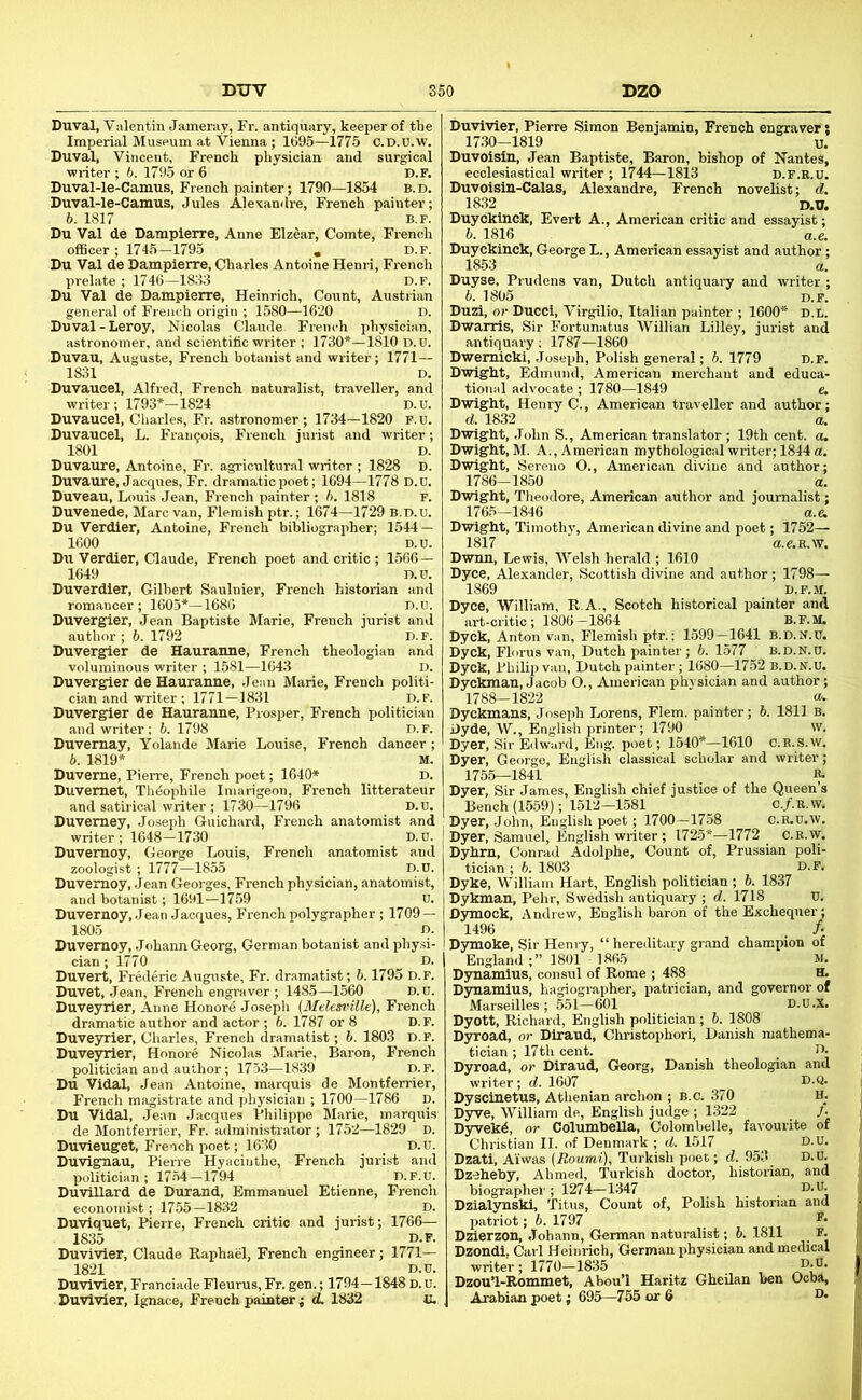 DUV BZO Duval, Valentin Jameray, Fr. antiquary, keeper of the Imperial Museum at Vienna ; 1695—1775 C.D.U.w. Duval, Vincent, French physician and surgical ■writer ; 6. 1795 or 6 D.F. Duval-le-Camus, French painter; 1790—1854 b.d. Duval-le-Camus, Jules Alexandre, French painter; 6. 1817 B.F. Du Val de Dampierre, Anne Elzear, Comte, French oflBcer ; 1745-1795 , D.F. Du Val de Dampierre, Charles Antoine Henri, French prelate ; 1746—1833 D.F. Du Val de Dampierre, Heinrich, Count, Austrian general of French origin ; 1580—1620 D. Duval-Leroy, Nicolas Claude French physician, astronomer, and scientific writer ; 1730*—1810 D.u. Duvau, Auguste, French botanist and writer; 1771— 1831 D. Duvaueel, Alfred, French naturalist, traveller, and writer; 1793*—1824 D.u. Duvaueel, Charles, Fr. astronomer; 1734—1820 F.u. Duvaueel, L. Frangois, French jurist and writer; 1801 D. Duvaure, Antoine, Fr. agricultural writer ; 1828 D. Duvaure, Jacques, Fr. dramatic poet; 1694—1778 D.U. Duveau, Louis Jean, French painter ; ft. 1818 F. Duvenede, Marc van, Flemish ptr.; 1674—1729 b.d.u. Du Verdier, Antoine, French bibliographer; 1544 — 1600 D.u. Du Verdier, Claude, French poet and critic ; 1566 — 1649 D.U. Duverdier, Gilbert Saulnier, French historian and romancer; 1605*—1686 D.U. Duvergier, Jean Baptiste Marie, French jurist and author ; 6. 1792 D.r. Duvergier de Hauranne, French theologian and voluminous writer ; 1581—1643 D. Duvergier de Hauranne, Jean Marie, French politi- cian and writer ; 1771—1831 D.F. Duvergier de Hauranne, Prosper, French politician and writer; ft. 1798 D.F. Duvemay, Yolande Marie Louise, French dancer ; 6. 1819* M. Duverne, Pierre, French poet; 1640* D. Duvemet, Thdophile Imarigeon, French litterateur and satirical writer ; 1730—1796 D.U. Duvemey, Joseph Guichard, French anatomist and writer; 1648-1730 D.u. Duvemoy, George Louis, French anatomist and zoologist ; 1777—1855 D.U. Duvemoy, Jean Georges, French physician, anatomist, and botanist; 1691—1759 U. Duvemoy, Jean Jacques, French polygrapher; 1709 — 1805 D. Duvemoy, Johann Georg, German botanist and physi- cian ; 1770 D. Duvert, Frederic Auguste, Fr. dramatist; ft. 1795 D.F. Duvet, Jean, French engraver ; 1485—1560 D.u. Duveyrier, Anne Honord Joseph (Mdesrnlk), French dramatic author and actor ; ft. 1787 or 8 D.F. Duveyrier, Charles, French dramatist; ft. 1803 D.F. Duvejnder, Honore Nicolas Marie, Baron, French politician and author; 1753—1839 D.F. Du Vidal, Jean Antoine, marquis de Montferrier, French magistrate and physician ; 1700—1786 D. Du Vidal, Jean Jacques Philippe Marie, marquis de Montferrier, Fr. administrator; 1752—1829 D. Du'vieuget, French poet; 1630 D.u. Duvignau, Pierre Hyaciuthe, French jurist and politician; 17-54-1794 D.F.U. Du-villard de Durand, Emmanuel Etienne, French economist; 1755-1832 D. Du-vlquet, Pierre, French critic and jurist; 1766— 1835 D.F. Duvivier, Claude Raphael, French engineer; 1771— 1821 D.u. Du-vivier, Franciade Fleurus, Fr. gen.; 1794—1848 D. U. Duvivier, Ignace, French painter ; d. 1832 ii. Duvivier, Pierre Simon Benjamin, French engraver ; 1730—1819 u. Duvoisin, Jean Baptiste, Baron, bishop of Nantes, ecclesiastical writer ; 1744—1813 d.f.k.u. Duvoisin-Calas, Alexandre, French novelist; d. 1832 D.U. Duyoklnck, Evert A., American critic and essayist; ft. 1816 a.e. Duyckinck, George L., American essayist and author ; 1853 a. Duyse, Prudens van, Dutch antiquary and writer ; ft. 1805 D. F. Duzi, or Ducci, Virgilio, Italian painter ; 1600* D.l,. D-warris, Sir Fortunatus AVillian Lilley, jurist and antiquary; 1787—1860 D-wemicki, Joseph, Polish general; ft. 1779 D.F. D'wlght, Edmund, American merchant and educa- tional advocate; 1780-1849 e. D'wlght, Henry C., American traveller and author; d. 1832 a. Dwight, .Tohn S., American translator ; 19th cent. a. Dwight, M. A., American mythological writer; 1844 a, Dwight, Sereno O., American divine and author; 1786-1850 a. D'wlght, Theodore, American author and journalist; 1765—1846 a.e, Dwight, Timothy, American divine and poet; 1752— 1817 ” a.e.E.W. Dwnn, Lewis, IVelsh herald ; 1610 Dyce, Alexander, Scottish divine and author ; 1798— 1869 D.F.M. Dyce, William, R.A., Scotch historical painter and art-critic; 1806-1864 B.F.M. Dyck, Anton van, Flemish ptr.; 1599—1641 B.D.N.0. Dyck, Florus van, Dutch painter ; ft. 1577 b.d.n.u. Dyck, Philip van, Dutch painter ; 1680—1752 B.D.N.U. Dyckman, Jacob O., American physician and author; 1788-1822 Dyckmans, Joseph Lorens, Flem. painter; ft. 1811 Dyde, W., English printer; 1790 Dyer, Sir Edward, Eng. poet; 1540*—1610 C.E.S.w. Dyer, George, English classical scholar and writer; 1755—1841 B- Dyer, Sir James, English chief justice of the Queen’s Bench (1559); 1512-1581 c./.E.w, Dyer, John, English poet; 1700—1758 C.R.U.W. Dyer, Samuel, English writer ; 1725*—1772 C.R.w. Dyhrn, Conrad Adolphe, Count of, Prussian poli- tician ; ft. 1803 D.F. Dyke, William Hart, English politician ; ft. 1837 Dykman, Pehr, Swedish antiquary ; d. 1718 U. Dyunock, Andrew, English baron of the Exchequer; 1496 . /• Dyrmoke, Sir Henry, “ hereditary grand champion of England ;” 1801 1865 M. Dynamlus, consul of Rome ; 488 H. Dynamius, hagiographer, patrician, and governor of Marseilles ; 551-601 D.U.X. Dyott, Richard, English politician ; ft. 1808 DyroEid, or Dlraud, Christophori, Danish mathema- tician ; 17th cent. n. Dyroad, or Dlraud, Georg, Danish theologian and writer; d. 1607 !>•«• Dyscinetus, Athenian archon ; b.c. 370 H. Dyrve, William de, English judge ; 1322 /. Dyrvekd, or ColumbeUa, Colorabelle, favourite of Dzatl, A'iwas (Roumi), Turkish poet; d. 953 D.U. Dzeheby, Ahmed, Turkish doctor, historian, and biographer; 1274-1347 . .D.U. Dzialyuskl, Titus, Count of, Polish historian and patriot; ft. 1797 *'• Dzlerzon, Johann, German naturalist; ft. 1811 F. Dzondl, Carl Heinrich, German physician and medical writer; 1770-1835 , D.U. Dzou’l-Rommet, Abou’l Haritz Gheilan hen Ooba, Arabian poet; 695—755 or 6 D. ' ri E: