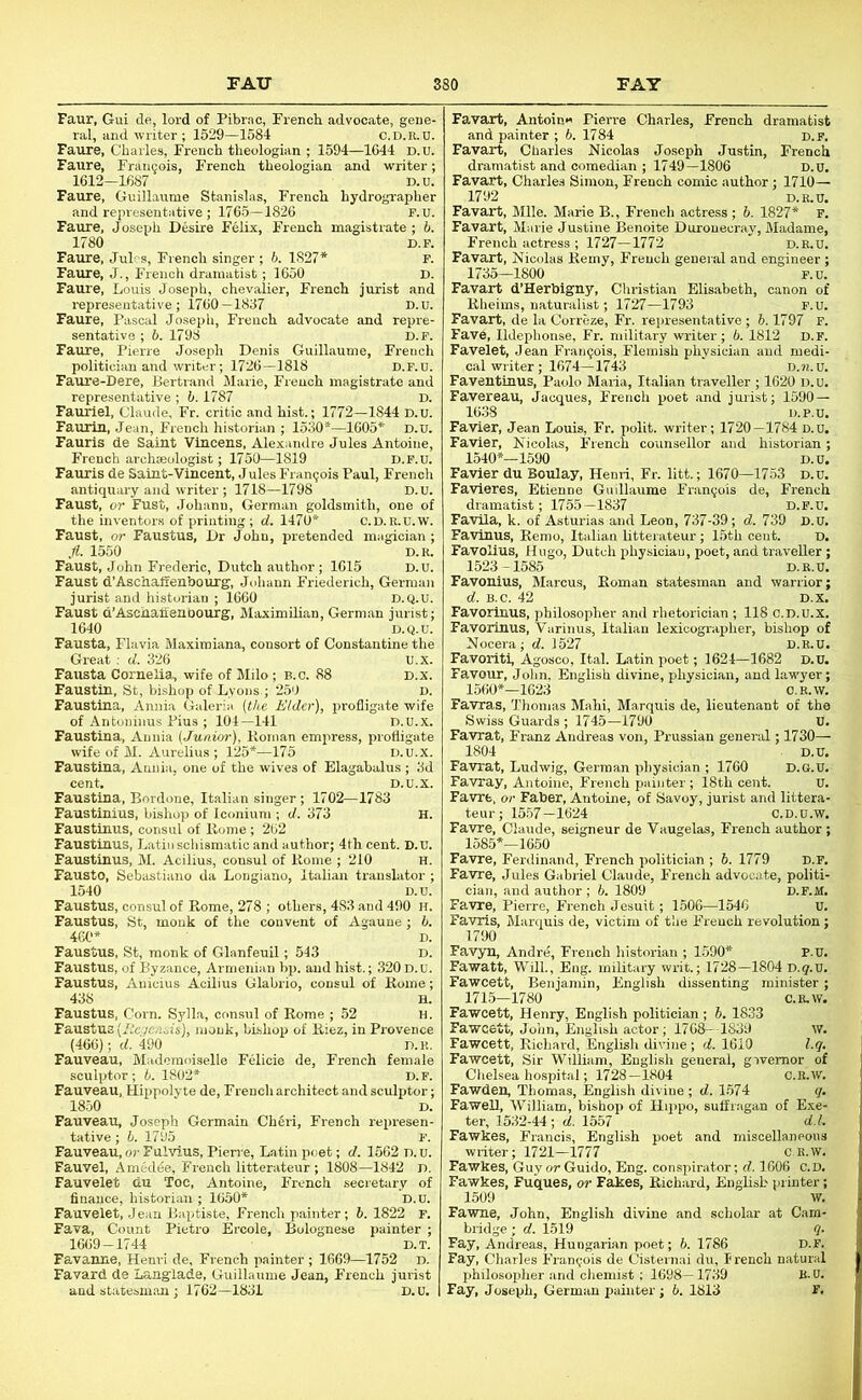 FAIT FAY |teir=| Faur^ Freach advocate and repre- 3£iESl‘S£h»Z».H Fa^^de Sa^TvSckt!^ Paul, French ,on?3 ruie. • £S; Fausta Cornelia, wife of Milo ; b.c. 88 D.x. fSSak“r/eS“J la,, psai-t^ii Faustina, Bordone, Italian singer ; 1702-1783 Faustinius, bishop of Iconiuni; d. 373 H. Faustinus! lltin L°dsmrt\VancUut^^ 4th cent. D.U. Faustmu|, M.^Acilius, ^onsul of Borne ;210 ^ ^ ^ H. Faustus, Corn. Sylla, consul of Rome ; 52 h‘. FaustU3(A-c./r;,!..u), monk, bishop of Riez, in Provence Fauveau,‘^‘Madom<.iselle Felicie de, French femMe r^ZAi^Zi: illiSssS'i 1609-1744 D.T. ■2S 1792 D.E.TJ. D.n.u. poet !md j Zi’st; 1590 - Fa^“k!tf.^’^®'' ^ 17-3^ d. 739°'d.u. 3giSSiP-‘”“^