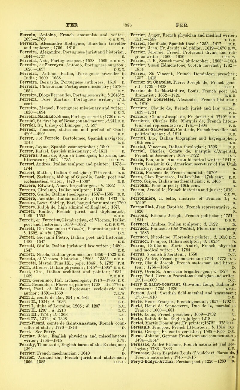 Peixein, Antoine, French anatomist and writer 1693—1769 Ferreira, Alessandro Rodrigues, Brazilian traveUer and explorer ; 1756—1815 D Ferreira, Alexandro, Portuguese jurist and historian 1644—1737 u Ferreira, Ant., Portuguese poet; 1528—1569 d.R.u.t Ferreira, or Ferreyra, Antonio, Portuguese sur 1626-1697 D.U.Y Ferreira, Antonio Fialho, Portuguese traveller in India; 1600-1658 r Ferreira, Bernarda, Portuguese authoress ; 1618 l Ferreira, Christovam, Portuguese missionary ; 1578— 1652 D.Y Ferreira,DiogoFernandes, Portuguesewiit.; 6.1646*Y. Ferreira, Joze Martins, Portuguese writer; 17th cent. D.Y. Ferreira, Manoel, Portuguese missionary and writer; 1630-1694 D.U.Y. Ferreira Machado, Simas, Portuguese writ.; 1730 d. u. Y. Ferre'ol, St, first bp. of Besan^on and martyr; d.211 D. u. 420*-490* Ferrer, not Ferrelo, Bartolomeo, Spanish navigatoi 1543 D.1 Ferrer, Jayme, Spanish cosmographer ; 1500 ] Ferrer, Rafael, Spanish missionary ; d. 1611 1 Ferreras, Juan de, Spanish theologian, historian, and litterateur; 1652—1735 c.P.u.w. Ferreri, Andrea, Italian sculptor and painter; 1673— 1744 D. Ferreri, Matteo, Italian theologian ; 17th cent. D.u. Ferreri, Zacharia, bishop of Guardia, Latin poet and ecclesiastical writer; 1479—1530* Ferrero, Edward, Amer. brigadier-gen.; 5. 1832 Ferrero, Girolamo, Italian sculptor; 1650 Ferrero, Guido, Italian theologian ; 1537—1585 Ferrero, Jacinthe, Italian naturalist; 1783—1833 D. Ferrers, Lawr. Shirley, Earl, hanged for murder; 1760 Ferrers, Ralph de, high admiral of England ; 1371 Ferreti, Emilio, French jurist and diplomatist 1489—1552 C.D.U. Ferreti, or Ferretus,Giambattista, of Vicenza, Italian poet and historian ; 1639—1682 c.D.u.u.w. Ferreti, Gio Domenico (d’lmola), Florentine painter b. 1692, d. aft. 1750 D.x Ferreti, Giovanni Pietro, Italian poet and historian 1482-1547 D.u Ferreti, Giulio, Italian jurist and law writer ; 1480— 1547 D.u Ferreti, Nicola, Italian grammarian; 1450—1.523 D.U. Ferreto, of Vicenza, historian ; 1296*—1335* C.D.U. Ferretti, Mastai, Pius IX., pope, 1846 ; b. 1792 r.M. Ferri, Alfonse, Italian physician; 1515*—1595* D.ra.u. Ferri, Giro, Italian architect and painter; 1634— 1689 C.D.E.U. Ferri, Geronimo, Ital. archaeologist; 1713—1786 D.u. Ferri, Gesualdo, of Florence, painter; 1728—aft. 1776 D. Ferri, Paul, of Metz, Protestant ecclesiastic and author; 1591—1669 c.R.w. Ferri I., comte de Bar, 954 ; d. 984 Ferri U., 1024; d. 1036 Ferri I., duke of Lorraine, 1205; d. 1207 Ferri H., 1207 ; d. 1213 Ferri III., 1251; d. 1.303 FerrllV., 1312; d. 1328 Ferri-Pisanl, comte de Saint-Anastase, French seller of state ; 1770—1846 Ferri. See Ferry. Ferriar, John, English physician and miscellaneous writer; 1764—1815 R.W. Ferriby, Thomas de, English baron of the Exchequer; Ferrier, Auger, French physician and medical writer: 1513-1588 D.f.u. Ferrier, Bonifazio, Spanish theoL; 1355—1417 D.u. Ferrier, Jean, Fr. Jesuit and ]diilos.; 1619—1670 E.w. Ferrier, Jeremie, French Protestant divine and reli- gious writer; 1560—1626 c.P.u.w. Ferrier, J. F., Scotch moral philosopher ; 1808*—1864 Ferrier, Susan Edraonstone, Scotch novelist; 1782— 1854 Ferrier, St Vincent, French Dominican preacher 1357—1415 u Ferrier du Chatelet, Pierre Joseph de, French gene ral; 1739-1828 d p.u. Ferrier de la Martiniere, Louis, French poet and dramatist; 1652—1721 d.r.u. Ferrier de Tourettes, Alexandre, French historian 6. 1810 D Ferribre, Claude de, French jurist and law writer 1639-1734 p.u Ferriere, Claude Joseph de, Fr. jurist ; d. 1749* D.u Ferriferes, Charles Elie, Marquis de, French littera teur and representative ; 1741—1804 r.u. Ferribres-Sauveboeuf, Comte de, French traveller and political agent; d. 1814 d.i Ferrini, Luc, Italian biographer and hagiographei 16th cent. d.i Ferrini, Vincenzo, Italian theologian; 1596 D.i. Ferriol, Charles, Comte de, marquis d’Argental,. French ambassador; 1637 -1722 D. U. Ferris, Benjamin, American historical writer; 1841 a. Ferris, Benjamin G., American secretary of the Utah territory, and author a. Ferris, Francois de, French moralist; 1570* Ferro, Gian Francesco, Italian hist.; 17th cent. D.U Ferro, Scipio, Italian mathematician; b. 1465 Ferrokhi, Persian poet; 10th cent. Ferron, Arnoul le, French historian and jurist; 1515 — 1563 c.U.W. Ferronnl6re, la belle, mistress of Francis I.; d. 1540* Ferrouillat, Jean Baptiste, French representative; 1820 Ferroux, Etienne Joseph, French politician; 1751- 1834 D.F.U Femiccl, Andrea, Italian sculptor ; d. 1522 Ferrucci, Francesco {del Tadda), Florentine sculptor d. 1585 Ferrucci, Nicodemo, Florentine painter; d. 1650 d.t Ferrucci, Pompeo, Italian sculptor; d. 1625* D. Ferrus, Guillaume Marie Andrd, French physician and medical writer ; 6. 1784 i ^ Ferruz, Spanish litterateur; 1550 r Ferry, Andre, French geometrician; 1714—1773 r Ferry, Claude Joseph, French statesman and litt< teur; 1756—1845 Ferry, Orris S., American brigadier-gen.; b. 1823 Ferry, Paul, German Protestant theologian and writ 1591—1669 I Ferry di Saint-Constant, Giovanni Luigi, Italian ht terateur; 1755 — 1830 D.F.U Fersen, Axel, Swedish field-marshal and statesman 1750-1810 D.U Fertd, Henri Francois, French general; 1657-1702 U Fertd, Henri de Sennecterre, Due de la, marshal o France; 1600-1681 Fert6, Louis, French preacher; 1659—1732 Fertd, Ralph de la, English judge ; 1218 Fertei, Martin Dominique,Fr. printer; 1672*—1752D.U Fertiault, Framjois, French litterateur; b. 1814 d.f Ferns, George, Fr. controversialist; 1585—1655 D.u Ferus, Johann, German Franciscan and commentator 1494—1554* E Fdrussac, Andrd Etienne, French naturalist and geo legist; 1786-1836 D.u Fdrussac, Jean Bajitiste Louis d’Audebart, Baron d« French n.aturalist; 1745-1815 F.l Feryd-Eddyn-Atthar, Persian poet; 1226-1280 t