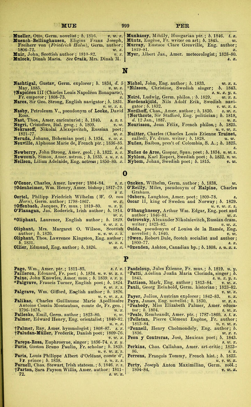Uaeller, Otto, Germ, novelist; b. 1816. v. w. x. Uuenoh-Bellinghauaen, Eligius Franz Joseph, Freiherr von (Friedrich Hahn), Germ, author; 1806-72. w. X. Muir, John, Scottish author ; 1810-82. v. x. Uulock, Dinah Maria. Hee Craik, Mrs. Dinah M. Mnnkaosy, Miiidly, Hungarian ptr.; 6. 1846. t. x. Miintz, Eugene, Fr. writer on art; b. 1845. vi. Murray, Eustace Clare Grenville, Eng. author; 1819-81. X. Myer, Albert Jas., Amer. meteorologist; 1828-80. N Naohtigal, Gustav, Germ, explorer; b. 1834, d. 5 May, 1885. v. w. x. tNapoldon III (Charles Louis Napoleon Bonaparte), Fr. emperor; 1808-73. x. Hares, Sir Geo. Strong, English navigator; b. 1831. Hasby, Petroleum V., pseudonym of Looke, David Boss. Hast, Thos., Amer. caricaturist; b. 1840. a. x. z. Hegri, Cristoforo, Ital. geog.; b. 1809. v. w. Hekrasoff, Nikolai Alexejevitch, Eussian poet; 1821-77. w. X. Neruda, Johann, Bohemian poet; b. 1834. v. w. x. Heuville, Alphonse Marie de, French ptr.; 1836-85. Newberry, John Strong, Amer. geol.; b. 1822. s. x. Newcomb, Simon, Amer. astron.; 6. 1835. a. u. x. z. Neilson, Lilian Adelaide, Eng. actress; 1850-80. x. Nicbol, John, Eng. author; b. 1833. w. x. z, ^Nilsson, Christine, Swedish singer; b. 1843. a. u. X. y. z. Noir5, Ludwig, Germ, pliilos.: b. 1829. w. x. z. Nordenskjold, Nils Adolf Erik, Swedish navi- gator ; h. 1832. V. w. x. z. Nordhoff, Chas., Amer. autlior; b. 1830. a. w. x. tNorthcote, Sir Stafi'ord, Eng. politician; b. 1818, d. 12 Jan., 1887. u. x. Nourissou, Jean Ffelix, French philos.; b. 1825. Nuitter, Charles (Charles Louis Etienne Xruinet, called), Fr. dram, writer; b. 1828. u. w. Nunez, Balboa, pres’t of Colombia, S. A.; b. 1825. Nunez de Aroe, Caspar, Span, poet; b. 1834. v. w. z. Nyblom, Karl Eupert, Swedish poet; b. 1832. v. w. Nybom, Johan, Swedish poet; 6.1815. v.w. 0 O’Conor, Charles, Amer. lawyer; 1804-84. a. x. fOdenheimer, Wm. Henry, Amer. bishop; 1817-79. Oertel, Philipp Friedrich Wilhelm (W. O. von Horn.), Germ, author; 1798-1867. w.x. tOlfenbaoh, Jacques, Fr. mus.; 1819-80. u. x. y. O’Flanagan, Jas. Eoderick, Irish author; h. 1814. ’^Oliphant, Laurence, English author; b. 1829. Oliphant, Mrs. Margaret O. Wilson, Scottish author; 6. 1820. u. v. w. x. z. Oliphant, Thos. Lawrence Kingston, Eng. author; b. 1831. w. a;, z. Ollier, Edmund, Eng. author; b. 1826. w. x. Onoken, Wilhelm, Germ, author; b. 1838. w. O’Reilly, Miles, pseudonym of Halpine, Charles Graham. fOsborn, Laughton, Amer. poet; 1809-78. a. Oscar II, king of Sweden and Norway; b. 1829. O’Shaughnessy, Arthur Wm. Edgar, Eng. poet and author; 1846-81. w.x. Ostrovsky, Alexander Nikolaievitch, Eussian dram. writer; 1823-82. v. w. x. Ouida, pseudonym of Louisa de la Eamee, Eng. novelist; 6. 1840. v.w. fOwen, Eobert Dale, Scotch socialist and author; 1800-77. a. X. •'^Oxenden, Ashton, Canadian bp.; b. 1808. a. u, x. z. Page, Wm., Amer. ptr.; 1811-85. a. t. x Pailleron, Edouard, Fr. poet; b. 1834. u. v. w. x. z Paine, John Knowles, Amer. mus.; b. 1839. a. x. y *Palgrave, Francis Turner, English poet; b. 1824 Palgrave, Wm. Gifford, English author; b. 1826 Palikao, Charles Guillaume Marie Apollinaire Antoine Cousin-Montauban, comte de, Fr. gen.; 1796-1878. u. X. Palleske, Emil, Germ, author ; 1823-80. v. w. Palmer, Edward Henry, Eng. orientalist; 1840-82. fPalmer, Eay, Amer. hymnologist; 1808-87. a. x. tPaludan-Muller, Frederik, Danish poet; 1809-76. Parepa-Rosa, Euphrosyne, singer; 1836-74. s. x. y. Paris, Gaston Bruno Paulin, Fr. scholar; b. 1839. Paris, Louis Philippe Albert d’Orlfians, comte d’, Fr. prince; b. 1838. a. u. x. z. Parnell, Chas. Stewart, Irish statesm.; b. 1846. x. z. fParton, Sara Payson Willis, Amer. author: 1811- P Pasdeloup, Jules Etienne, Fr. mus.; b. 1819. u. y. ■•'Tatti, Adelina Juana Maria Clorinda, singer; b. 1843. s. u. X. y. z. Pattison, Mark, Eng. author; 1813-84. v. w. x. Pauli, Georg Eeiuhold, Germ, historian; 1823-82. Payer, Julius, Austrian explorer; 1842-83. v. x, Payn, James, Eng. novelist; b. 1830. w. x. z. -*Peabody, Miss Elizabeth Palmer, Amer. educa- tor ; b. 1804. a. w. x. *Peale, Rembrandt, Amer. ptr.; 1787-1860. a. t. x. fPelletan, Pierre Clement Euggne, Fr. author; 1813-84. u.v.w.x. Pennell, Henry Cholmondely, Eng. author; b. 1836. w. X. z. Peon y Contreras, Jos6, Mexican poet; 6. 1843. Perkins, Chas. Callahan, Amer. art-critic; 1823- 86. a. X. Perrens, Frangois Tommy, French hist.; b. 1822. Perty, Jo.seph Anton Maximilian, Germ. zool.; 1804-84. V. w. X.