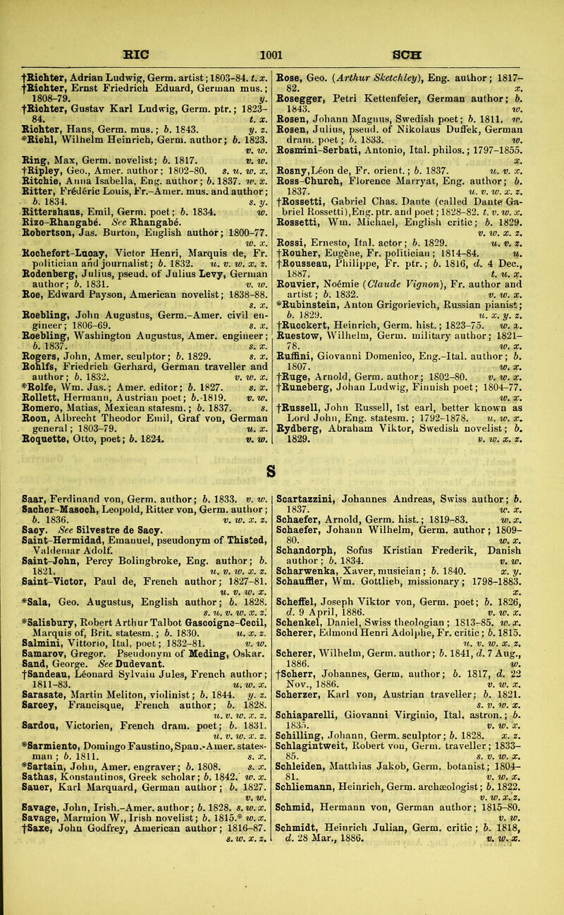 tBichter, Adrian Ludwig, Germ, artist; 1803-84. t. x. iBiohter, Ernst Friedrich Eduard, German mus.; 1808-79. p. fBiohter, Gustav Karl Ludwig, Germ. ptr.; 1823- Bing, Max, Germ, novelist; b. 1817. v. w. fRipley, Geo., Amer. author; 1802-80. s. u. w. x. Bitchie, Anna Isabella, Eng. author; 6.1837. iv.x. Bitter, Fr§d6ric Louis, Fr.-Amer. mus. and author; 6. 1834. s. y. Bittershaus, Emil, Germ, poet; 6. 1834. w. Bizo-Bhangabe. See Bhangabe. Bobertson, Jas. Burton, English author; 1800-77. Boehefort-Luoay, Victor Henri, Marquis de, Fr. politician and journalist; 6. 1832. u. v. w. x. z. Bodenberg, Julius, pseud, of Julius Levy, German author; 6. 1831. v. w. Boe, Edward Payson, American novelist; 1838-88. Boebling, John Augustus, Germ.-Amer. civil en- gineer ; 1806-69. s. x. Boebling, Washington Augustus, Amer. engineer; 6. 1837. s. X. Rogers, John, Amer. sculptor; 6. 1829. s. x. Boblfs, Friedrich Gerhard, German traveller and author; 6.1832. v. w. x. ^•Rolfe, Wm. Jas.; Amer. editor; 6. 1827. s. x. Bollett, Hermann, Austrian poet; 6.-1819. v.w. Romero, Matias, Mexican statesm.; 6. 1837. s. Boon, Albrecht Theodor Emil, Graf von, German general; 1803-79. Boquette, Otto, poet; 6. 1824. Rose, Geo. {Arthur Sketchley), Eng. author; 1817- 82. X. Bosegger, Petri Kettenfeier, German author; 6. 1843. to. Rosen, Johann Magnus, Swedish poet; 6. 1811. to, Rosen, Julius, pseud, of Nikolaus Duff'ek, German dram, poet; 6. 1833. w. Rosnrini-Serbati, Antonio, Ital. philos.; 1797-1855. Rosny,Leon de, Fr. orient.; 6. 1837. u. v. x. Boss-Church, Florence Marryat, Eng. author; 6. 1837. u. V. w. X. z. fBossetti, Gabriel Chas. Dante (called Dante Ga- briel Rossetti),Eng. j ' ' ' Rossetti, Wm. Micli Rossi, Ernesto, Ital. actor; 6. 1829. u. v. z. fRouher, EugSne, Fr. politician ; 1814-84. u. fRousseau, Philippe, Fr. ptr.; 6. 1816, d. 4 Dec., 1887. t. u. X. Rouvier, Noemie {Claude Vignon), Fr. author and artist; 6. 1832. v. w. x. *Bubinstein, Anton Grigorievich, Russian pianist; 6.1829. u.x.y.z. fRucckert, Heinrich, Germ. hist.; 1823-75. w. x, Ruestow, Wilhelm, Germ, military author; 1821- Ruffini, Giovanni Domenico, Eng.-Ital. author; 6. 1807. w. X. fRuge, Arnold, Germ, author; 1802-80. v.w.x. fBuneberg, Johan Ludwig, Finnish poet; 1804-77. fRussell, John Russell, 1st earl, better known as Lord John, Eng. statesm.; 1792-1878. u. w. x. Rydberg, Abraham Viktor, Swedish novelist; 6. Saar, Ferdinand von, Germ, author; 6. 1833. v. w. Saoher-Masoch, Leopold, Ritter von. Germ, author; 6. 1836. V. w. X. z. Saoy. See Silvestre de Saoy. Saint-Hermidad, Emauuel, pseudonym of Thisted, Valdemar Adolf. Saint-John, Percy Bolingbroke, Eng. author; 6 1821. u. V. w. x. z Saint-Victor, Paul de, French author; 1827-81 *Sala, Geo. Augustus, English author; 6. 1 ^Salisbury, Robert Arthur Talbot Gascoigne-Ceoil Marquis of, Brit, statesm.; 6. 1830. t Salmini, Vittorio, Ital, poet; 1832-81. Samarov, Gregor. Pseudonym of Meding, Oskar. Sand, George. See Dudevant. fSandeau, Leonard Sylvaiu Jules, French author 1811-83. u.w.x Sarasate, Martin Meliton, violinist; 6. 1844. y. z Sarcey, Francisque, French author; 6. 1828 Sardou, Victorien, French dram, poet; 6. 1831 ^Sarmiento, Domingo Faustino, Span.-Amer. states man ; 6. 1811. ^Sartain, John, Amer. engraver; 6. 1808. Sathas, Konstautinos, Greek scholar; 6.1842.' Sauer, Karl Marquard, German author; 6. 1827 Savage, John, Irish.-Amer. author; 6.1828. s Savage, MarraionW., Irish novelist; 6. 1815.* fSaze, John Godfrey, American author; 1816-87 Scartazzini, Johannes Andreas, Swiss author; 6 1837. Schaefer, Arnold, Germ. hist.; 1819-83. Schaefer, Johann Wilhelm, Germ, author; 1809- 80. w. X. Schandorph, Sofus Kristian Frederik, Danish author ; 6. 1834. Scharwenka, Xaver, musician; 6. 1840. Schauffler, Wm. Gottlieb, missionary; 1798-1883 SehelFel, Joseph Viktor von. Germ, poet; 6. 1826 ^ O Anril 1 /,• Scherer, Wilhelm, Germ, author; 6.1841, d. 7 Aug. 1886. w. fScherr, Johannes, Germ, author; 6. 1817, d. 22 Nov., 1886. v.w.x. Scherzer, Karl von, Austrian traveller; 6. 1821 Schiaparelli, Giovanni Virginio, Ital. astron.; 6 1835. V. Schilling, Johann, Germ, sculptor; 6. 1828. Schlagintweit, Robert von. Germ, traveller; 1833- Schleiden, Matthias Jakob, Germ, botanist; 1804- Schliemann, Heinrich, Germ, archseologist; 6.1822. Schmid, Hermann von, German author; 1815-80.
