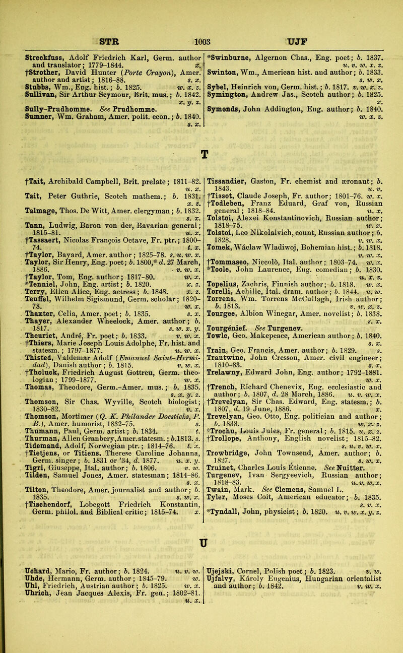 Streokfuss, Adolf Friedrich Karl, Germ, author and translator; 1779-1844. *. fStrother, David Hunter (Porte Crayon), Amer. author and artist; 1816-88. s. x. Stubbs, Wm., Eng. hist.; b. 1825. w. x. z. Sullivan, Sir Arthur Seymour, Brit. mns.; 6. 1842. •*Swinburne, Algernon Chas., Eng. poet; b. 1837 Swinton, Wm., American hist, and author; b. 1833 Sybel, Heinrich von. Germ. hist.; b. 1817. v. w. x. z Symington, Andrew Jas., Scotch author; b. 1825 Sully-Prudhomme. See Prudhomme. Sumner, Wm. Graham, Amer. polit. econ.; b. 1840. 8. X. Symonds, John Addington, Eng. author; b. 1840 fTait, Archibald Campbell, Brit, prelate; 1811-82. Tait, Peter Guthrie, Scotch mathem.; b. 1831. Talmage, Thos. De Witt, Amer. clergyman; b. 1832. Tann, Ludwig, Baron von der. Bavarian general ; 1815-81. u. X. fTassaert, Nicolas Francois Octave, Fr. ptr.; 1800- 74. t. X. fTaylor, Bayard, Amer. author; 1825-78. s. u. w. x. Taylor, Sir Henry, Eng. poet; b. 1800,* d. 27 March, 1886. ■ V. w. X. fTaylor, Tom, Eng. author; 1817-80. w. x. *Tenniel, John, Eng. artist; 6. 1820. x. z. Terry, Ellen Alice, Eng. actress; b. 1848. x. z. TeuSel, Wilhelm Sigismund, Germ, scholar; 1820- 78. w. X. Thazter, Celia, Amer. poet; b. 1835. 8. x. Thayer, Alexander Wheelock, Amer. author; b. 1817. s.w.x.y. Theuriet, Andre, Fr. poet; b. 1833. v. v>. x. fThiers, Marie Joseph Louis Adolphe, Fr. hist, and statesm.; 1797-1877. it. w. x. Thisted, Valdemar Adolf (Emanuel Saint-Mermi- dud), Danish author; b. 1815. v. vi. x. fTholuok, Friedrich August Gottreu, Germ, theo- logian ; 1799-1877. w. x. Thomas, Theodore, Germ.-Amer. mus.; b. 1835. 8. X. y. z. Thomson, Sir Chas. Wyville, Scotch biologist; 1830-82. V. X. Thomson, Mortimer (Q. K. Philander Doesticks, P. £.), Amer. humorist, 1832-75. s. Thumann, Paul, Germ, artist; b. 1834. t. Thurman, Allen Granbery,Amer.statesm.; 6.1813.8. Tidemand, Adolf,' Norwegian ptr.; 1814-76. t. x. fTietjens, or Titiens, Therese Caroline Johanna, Germ, singer; 6. 1831 or ’34, d. 1877. it. x. y. Tigri, Giuseppe, Ital. author; 6.1806. v.w. Tilden, Samuel Jones, Amer. statesman; 1814-86. Tilton, Theodore, Amer. journalist and author; 6. 1835. 8. w. X. fTisohcndorf, Lobegott Friedrich Konstantin, Germ, philol. and Biblical critic; 1815-74. x. ITohard, Mario, Fr. author; 6. 1824. it. v. w llhde, Hermann, Germ, author; 1845-79. w 'Dhl, Friedrich, Austrian author; 6. 1825. w. x Uhrich, Jean Jacques Alexis, Fr. gen.; 1802-81 Tissandier, Gaston, Fr. chemist and aeronaut; 6. 1843. It. V. fTissot, Claude Joseph, Fr. author; 1801-76. w. x. fTodleben, Franz Eduard, Graf von, Bussian general ; 1818-84. it. x. Tolstoi, Alexei Konstantinovich, Eussian author; 1818-75. If. X. Tolstoi, Leo Nikolaivich, count, Eussian author; 5. 1828. V. If. a;. Tomek, Wdclaw Wladiwoj, Bohemian hist.; 6.1818. fTommaseo, Niccolo, Ital. author; 180.3-74. if. x. *Toole, John Laurence, Eng. comedian; 6. 1830. Topelius, Zachris, Finnish author; 6. 1818. if. x. Torelli, Achilie, Ital. dram, author; 6.1844. it. if. Torrens, Wm. Torrens McCullagh, Iri.sh author; 6. 1813. V. If. X. z. Tourgee, Albion Winegar, Amer. novelist; 6. 1838. Tourgenief. See Turgenev. Towle, Geo. Makepeace, American author; 6. 1840. Train, Geo. Francis, Amer. author; 6; 1829. s. Trautwine, John Cresson, Amer. civil engineer; 1810-83. s.x. Trelawny, Edward John, Eng. author; 1792-1881. fTrench, Eichard Chenevix, Eng. ecclesiastic and author; 6. 1807, d. 28 March, 1886. it. v. if. x. fTrevelyan, Sir Chas. Edward, Eng. statesm.; 6. 1807, d. 19 June, 1886. x. Trevelyan, Geo. Otto, Eng. politician and author; 6. 1838. If. X. Z. *Trochu, Louis Jules, Fr. general; 6. 1815. it. x. z. fTrollope, Anthony, English novelist; 1815-82. Trowbridge, John Townsend, Amer. author; 6. Truinet, Charles Louis Etienne. See Nuitter. Turgenev, Ivan- Sergyeevich, Eussian author; 1818-83. u.v.w.x. Twain, Mark. See Clemens, Samuel L. Tyler, Moses Coit, American educator; 6. 1835. »Tyndall, John, physicist; 6. 1820. it. v. if. x. y. z. Ujejski, Cornel, Polish poet; 6.1823. _ v. if. Ujfalvy, KSroly Eugeuius, Hungarian orientalist and author; 6. 1842. v. if. x.