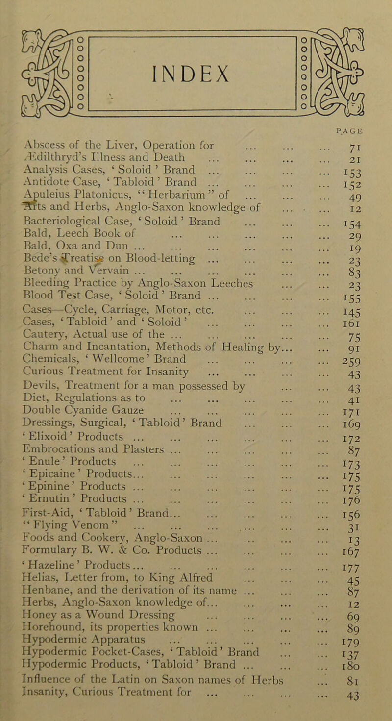 0 0 0 0 0 0 0 0 INDEX 0 0 0 0 0 0 0 0 Abscess of the Liver, Operation for vEdilthryd’s Illness and Death Analysis Cases, ‘ Soloid ’ Brand Antidote Case, ‘ Tabloid ’ Brand ... Apuleius Platonicus, “Herbarium” of ^frts and Herbs, Anglo-Saxon knowledge of Bacteriological Case, ‘ Soloid ’ Brand Bald, Leech Book of Bald, Oxa and Dun ... Bede’s ^Treatise on Blood-letting ... Betony and \^rvain ... Bleeding Practice by Anglo-Saxon Leeches Blood Test Case, ‘ Soloid ’ Brand .. Cases—Cycle, Carriage, Motor, etc. Cases, ‘ Tabloid ’ and ‘ Soloid ’ Cauterj’, Actual use of the ... Charm and Incantation, Methods of liealing by Chemicals, ‘ Wellcome ’ Brand Curious Treatment for Insanity Devils, Treatment for a man possessed by Diet, Regulations as to Double Cyanide Gauze Dressings, Surgical, ‘ Tabloid ’ Brand ‘ ElLxoid ’ Products ... Embrocations and Plasters .. ‘ Enule ’ Products ‘ Epicaine ’ Products... ‘ Epinine ’ Products ... ‘ Ernutin ’ Products ... First-Aid, ‘ Tabloid ’ Brand.. “ Flying Venom ” Foods and Cookery, Anglo-Saxon ... Formulary B. W. & Co. Products ... ‘ Hazeline’Products... Helias, Letter from, to King Alfred Henbane, and the derivation of its name Herbs, Anglo-Saxon knowledge of... Honey as a Wound Dressing Horehound, its properties known ... Hypodermic Apparatus Hypodermic Pocket-Cases, ‘ Tabloid ’ Brand Hypodermic Products, ‘Tabloid’ Brand Influence of the Latin on Saxon names of Herb.s In.sanity, Curious Treatment for PAGE 71 21 153 152 49 12 154 29 19 23 83 23 155 145 161 75 91 259 43 43 41 171 169 172 87 173 175 175 176 156 31 13 167 177 45 87 12 69 89 179 137 180 81 43