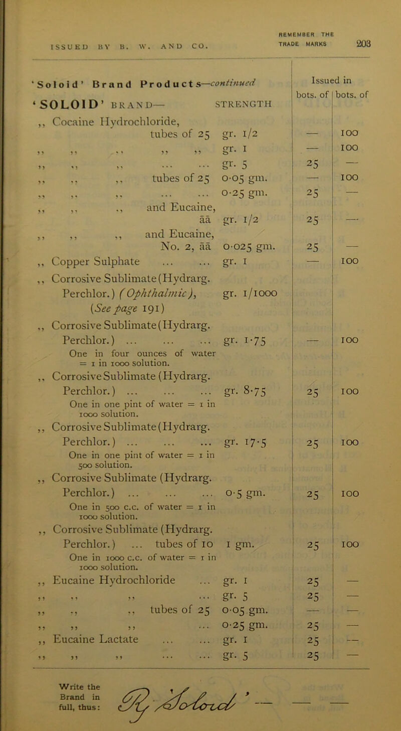Soloid’ Brand Products—continued SOLOID’ BRAND— STRENGTH ,, Cocaine Hydrochloride, tubes of 25 gr. 1/2 tubes of 25 ). «• ... ... ,, and Eucaine, aa ,, and Eucaine, No. 2, aa Copper Sulphate Corrosive Sublimate (Hydrarg. Perchlor.) ( Ophthalmic {See page 191) Corrosive Sublimate (Hydrarg. Perchlor.) ... One in four ounces of water = I in 1000 solution. Corrosive Sublimate (Hydrarg. Perchlor.) ... One in one pint of water = i in 1000 solution. Corrosive Sublimate (Hydrarg. Perchlor.) ... One in one pint of water = i in 500 solution. Corrosive Sublimate (Hydrarg. Perchlor.) One in 500 c.c. of water = i in 1000 solution. Corrosive Sublimate (Hydrarg. Perchlor.) ... tubes of 10 One in looo c.c. of water = i in 1000 solution. Eucaine Hydrochloride gr- 5 0-05 gm. 0-25 gm. gr. 1/2 / 0-025 gm. tubes of 25 Eucaine Lactate gr. i/iooo gr- 1-75 gr- 8-75 gr- 17-5 0-5 gm. I gm. gr. I gr- 5 0-05 gm. 0-25 gm. gr- I gr- 5 Issued in bots. of bots. of 25 25 25 25 25 25 25 25 25 2s 25 100 too 100 100 too 100 too too 100 Write the Brand in