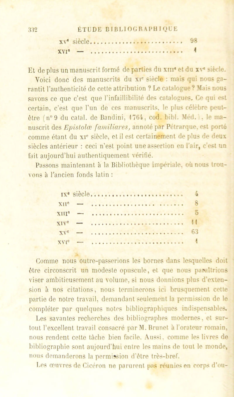 xv* siècle 98 XVI® — < Et de plus un manuscrit formé de parties du xm® et du xv® siècle. Voici donc des manuscrits du xie siècle : mais qui nous ga- rantit l’authenticité de cette attribution ? Le catalogue? Mais nous savons ce que c’est que l’infaillibilité des catalogues. Ce qui est certain, c’est que l’un de ces manuscrits, le plus célèbre peut- être ( n° 9 du catal. de Bandini, 1764, cod. bibl. Méd. . le ma- nuscrit des Epistolœ fatniliares, annoté par Pétrarque, est porté comme étant du xie siècle, et il est certainement de plus de deux siècles antérieur : ceci n’est point une assertion en l’air, c'est un fait aujourd’hui authentiquement vérifié. Passons maintenant à la Bibliothèque impériale, où nous trou- vons à l’ancien fonds latin : ix® siècle 4 xu® — 8 xm® — 5 XIVe — H xve — 63 XVIe — 1 Comme nous outre-passerions les bornes dans lesquelles doit être circonscrit un modeste opuscule, et que nous paraîtrions viser ambitieusement au volume, si nous donnions plus d'exten- sion à nos citations, nous terminerons ici brusquement cette partie de notre travail, demandant seulement la permission de le compléter par quelques notes bibliographiques indispensables. Les savantes recherches des bibliographes modernes, et sur- tout l’excellent travail consacré par M. Brunet à l'orateur romain, nous rendent cette tâche bien facile. Aussi, comme les livres de bibliographie sont aujourd’hui entre les mains de tout le monde, nous demanderons la permission d'être très-bref. Les œuvres de Cicéron ne parurent pas réunies en corps d’ou-