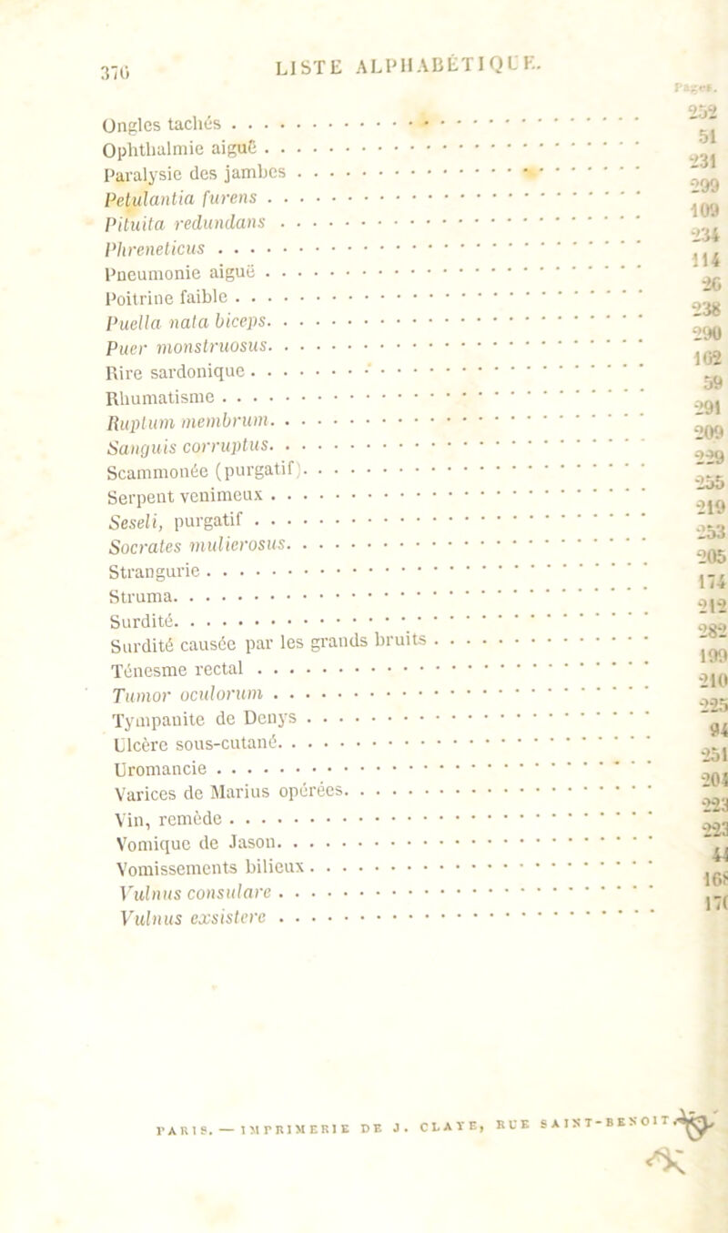 370 Ongles tachés Ophtlialmie aigue Paralysie des jambes Petulantia furens Pituita redundans Pkreneticus Pneumonie aiguë Poitrine faible Puella nata biceps Puer monstruosus Rire sardonique Rhumatisme Ruptum membrum Sanguis corruptus Scammonée (purgatif) Serpent venimeux Seseli, purgatif Socrates mulierosus Strangurie Struma Surdité _ Surdité causée par les grands bruits Ténesme rectal Tumor oculorum Tympanite de Denys Ulcère sous-cutané Uromancie Varices de Marius opérées Vin, remède Vomique de Jasou Vomissements bilieux Vulnus consulare Vulnus assistera Pa-^e*. 252 51 231 299 109 23* 11* 26 238 290 102 59 291 209 2-29 -255 219 253 205 17* 212 282 199 210 225 9* -251 20* 223 223 *1 16t 17( TARIS. — IMPRIMERIE DE J. CLAIE, RUE SAIST-BES SOIT^;