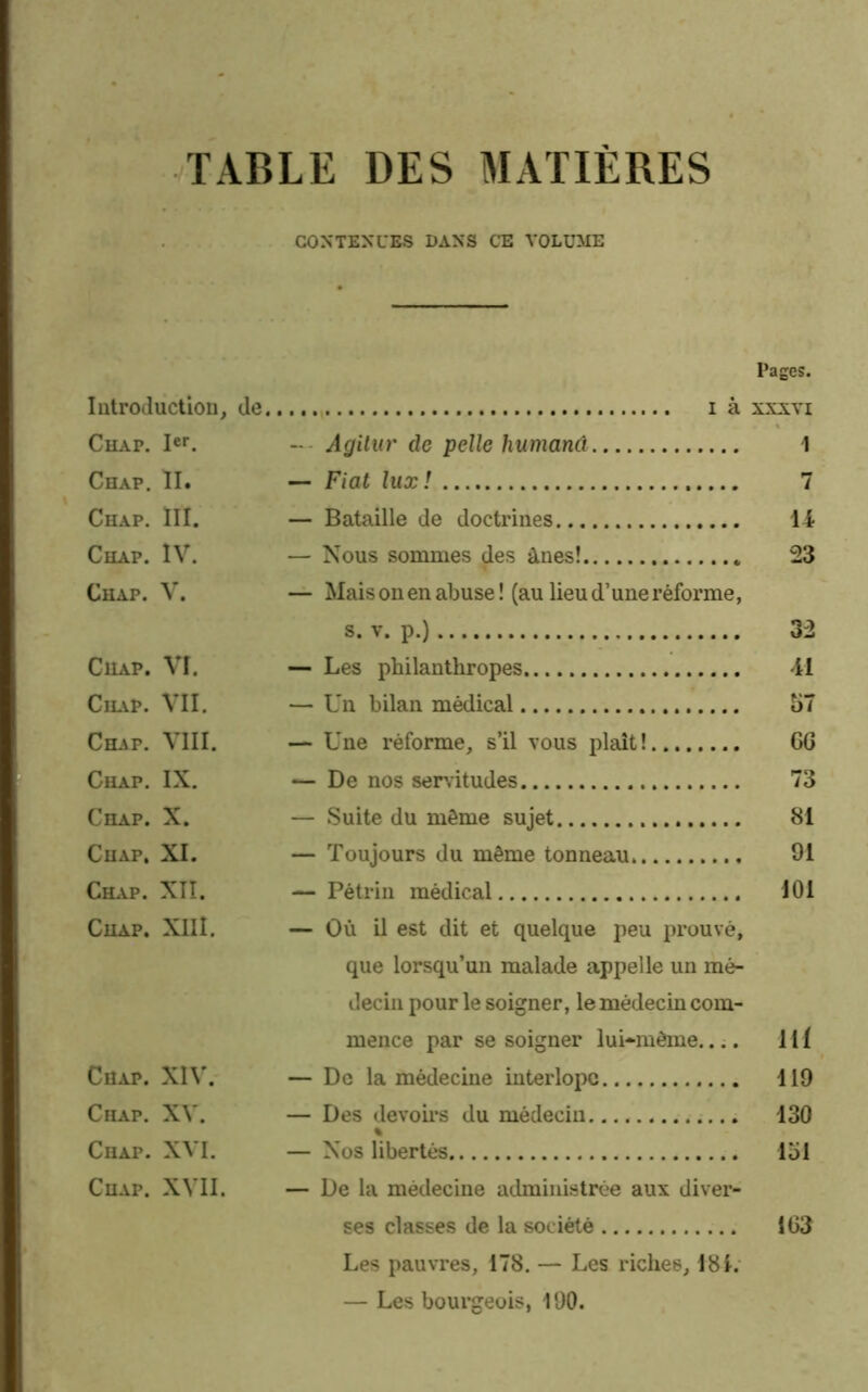 TABLE DES MATIÈRES CONTENUES DANS CE VOLUME Pages. Introduction, de i à xxxvi Chap. Ier. — Agitur de pelle humanâ 1 Chap. II. — Fiat lux! 7 Chap. III. — Bataille de doctrines 14 Chap. IV. — Nous sommes {les ânes! 23 Chap. V. — Mais on en abuse! (au lieu d’une réforme, s. v. p.) 32 Chap. VI. — Les philanthropes 41 Chap. VII. — Un bilan médical 57 Chap. VIII. — Une réforme, s’il vous plaît! GG Chap. IX. — De nos servitudes 73 Chap. X. — Suite du môme sujet 81 Chap. XI. — Toujours du même tonneau 91 Chap. XII. — Pétrin médical 101 Chap. XIII. — Où il est dit et quelque peu prouvé, que lorsqu’un malade appelle un mé- decin pour le soigner, le médecin com- mence par se soigner lui-même.... 111 Chap. XIV. — De la médecine interlope 119 Chap. XV. — Des devoirs du médecin 130 % Chap. XVI. — Nos libertés 151 Chap. XVII. — De la médecine administrée aux diver- ses classes de la société 1G3 Les pauvres, 178. — Les riches, 181. — Les bourgeois. 190.