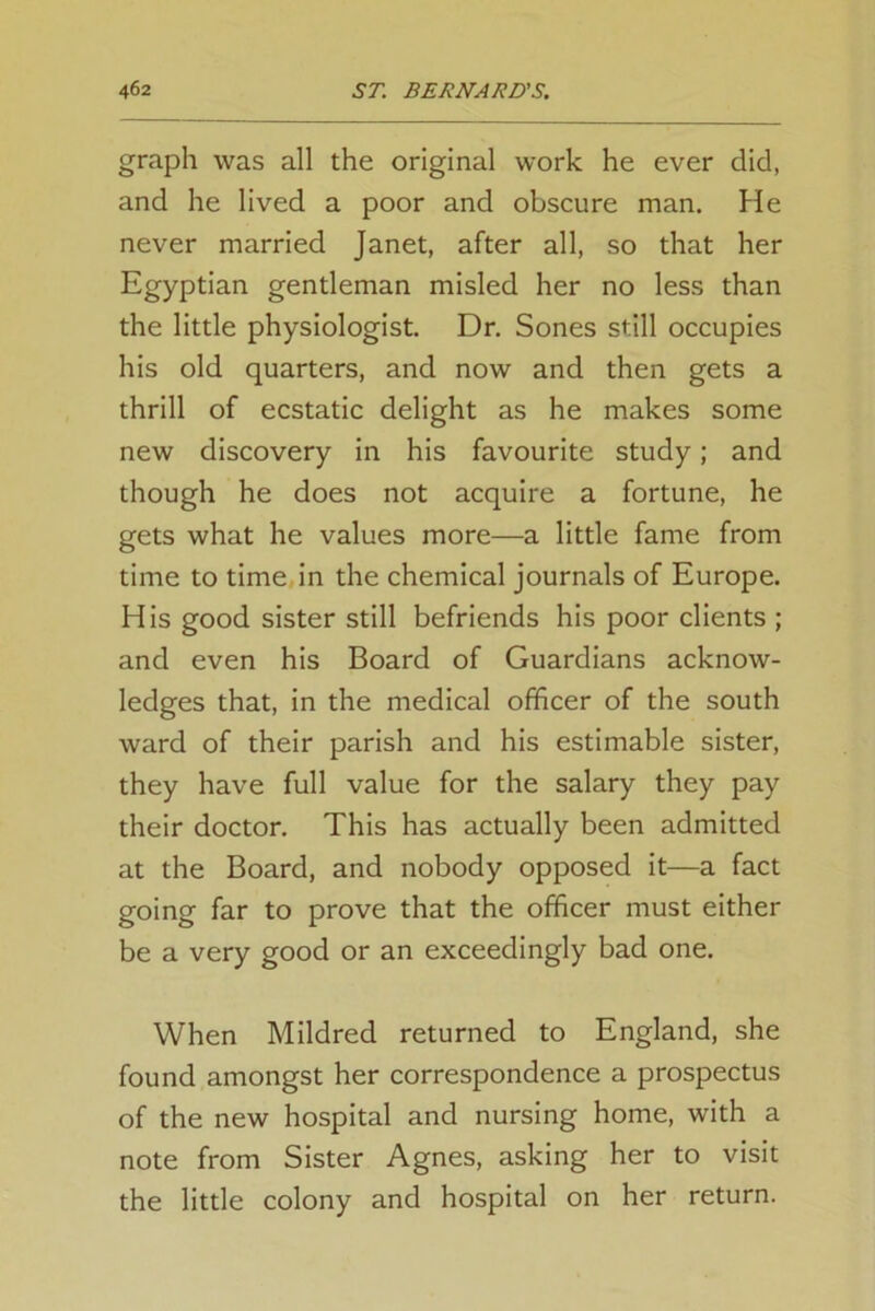 graph was all the original work he ever did, and he lived a poor and obscure man. He never married Janet, after all, so that her Egyptian gentleman misled her no less than the little physiologist. Dr. Sones still occupies his old quarters, and now and then gets a thrill of ecstatic delight as he makes some new discovery in his favourite study; and though he does not acquire a fortune, he gets what he values more—a little fame from time to time in the chemical journals of Europe. His good sister still befriends his poor clients ; and even his Board of Guardians acknow- ledges that, in the medical officer of the south ward of their parish and his estimable sister, they have full value for the salary they pay their doctor. This has actually been admitted at the Board, and nobody opposed it—a fact going far to prove that the officer must either be a very good or an exceedingly bad one. When Mildred returned to England, she found amongst her correspondence a prospectus of the new hospital and nursing home, with a note from Sister Agnes, asking her to visit the little colony and hospital on her return.