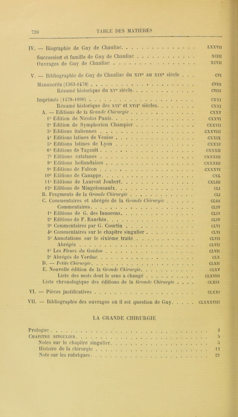IV. — Biographie de Guy de Chauliac lxxyii Succession et famille de Guy de Chauliac xcm Ouvrages de Guy de Chauliac xcyii V. — Bibliographie de Guy de Chauliac du xive au xixe siècle . . . cvi Manuscrils (1363-1478) CViu Résumé historique du xvc siècle cvm Imprimés (1478-1890) cxxi Résumé historique des xvi° et xvne siècles cxxi A. — Editions de la Grande Chirurgie cxxv 1° Edition de Nicolas Panis cxxvi 2° Edition de Symphorien Champier cxxvn 3° Editions italiennes cxxvm 4° Editions latines de Venise cxxix 5° Editions latines de Lyon cxxxi 6° Editions de Tagault cxxxii 7° Editions catalanes cxxxm 8° Editions hollandaises cxxxm 9° Editions de Falcon cxxxvi 10° Editions de Canappe cxl 11° Editions de Laurent Joubert cxliii 12° Editions de Mingelousaulx cli B. Fragments de la Grande Chirurgie eu G. Commentaires et abrégés de la Grande Chirurgie cliii Commentaires cliv 1° Editions de G. des Innocens cliv 2° Editions de F. Ranchin cliv 3° Commentaires par G. Courtin clvi 4° Commentaires sur le chapitre singulier clvi 5° Annotations sur le sixième traité clvii Abrégés clvii 1° Les Fleurs du Guidon clvii 2° Abrégés de Verduc clx I). — Petite Chirurgie CLXii E. Nouvelle édition de la Grande Chirurgie clxv Liste des mots dont le sens a changé clxviii Liste chronologique des éditions de la Grande Chirurgie .... clxix VI. — Pièces justificatives clxxi VIL — Bibliographie des ouvrages où il est question de Guy clxxxviii LA GRANDE CHIRURGIE Prologue CUAPITRE SINGULIER Notes sur le chapitre singulier Histoire de la chirurgie . . . Note sur les rubriques. . . . 3 12 21