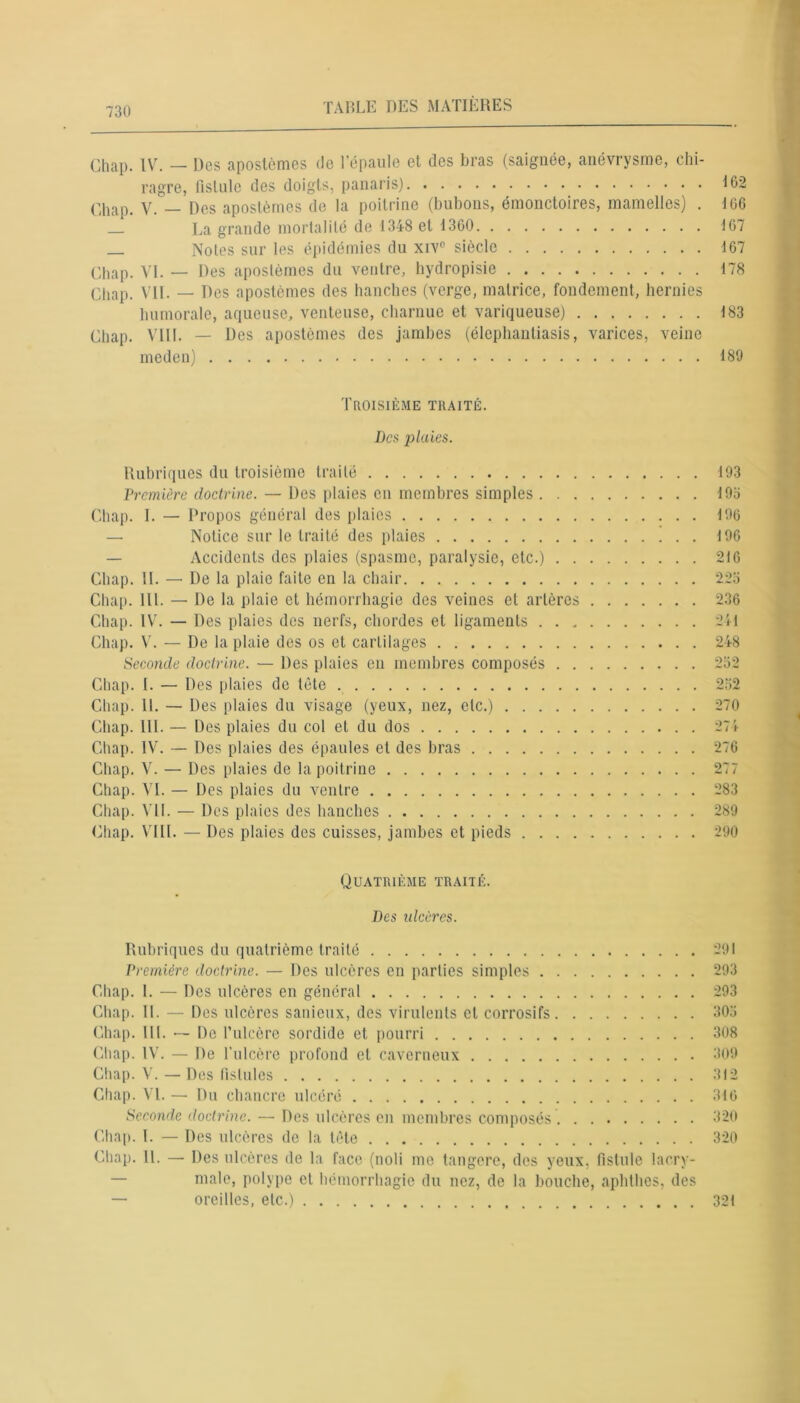 Chap. IV. — Des apostèmes de l’épaule et des bras (saignée, anévrysme, chi- ragre, fistule des doigts, panaris) Chap. V. Des apostèmes de la poitrine (bubons, émonctoires, mamelles) . 166 La grande mortalité de 1348 et 1360 167 _ Notes sur les épidémies du xiv° siècle 167 Chap. VI. — Des apostèmes du ventre, hydropisie 178 Chap. VII. — Des apostèmes des hanches (verge, matrice, fondement, hernies humorale, aqueuse, venteuse, charnue et variqueuse) 183 Chap. VIII. — Des apostèmes des jambes (élephantiasis, varices, veine meden) 189 Troisième traité. Des plaies. Rubriques du troisième traité Première doctrine. — Des plaies en membres simples . . . Chap. I. — Propos général des plaies Notice sur le traité des plaies — Accidents des plaies (spasme, paralysie, etc.) . . Chap. II. — De la plaie faite en la chair Chap. 111. — De la plaie et hémorrhagie des veines et artères Chap. IV. — Des plaies des nerfs, c.hordes et ligaments . . „ Chap. V. — De la plaie des os et cartilages Seconde doctrine. — Des plaies en membres composés . . Chap. I. — Des plaies de tête Chap. 11. — Des plaies du visage (yeux, nez, etc.) Chap. III. — Des plaies du col et du dos Chap. IV. — Des plaies des épaules et des bras Chap. V. — Des plaies de la poitrine Chap. VI. — Des plaies du ventre Chap. ATI. — Des plaies des hanches Chap. VIII. — Des plaies des cuisses, jambes et pieds . . . . Quatrième traité. Des idcères. Rubriques du quatrième traité 291 Première doctrine. — Des ulcères en parties simples 293 Chap. I. — Des ulcères en général 293 Chap. II. — Des ulcères sanieux, des virulents et corrosifs 303 Chap. 111. — De l’ulcère sordide et pourri 308 Chap. IV. — De l’ulcère profond et caverneux 309 Chap. V. — Des fistules 312 Chap. VL — Du chancre ulcéré 316 Seconde doctrine. — Des ulcères en membres composés 320 Chap. I. — Des ulcères de la tête 320 Chap. II. — Des ulcères de la face (noli me tangere, des yeux, fistule lacry- — male, polype cl hémorrhagie du nez, de la bouche, aphthes, des — oreilles, etc.) 321 193 193 196 196 216 223 236 2 II 248 232 232 270 274 276 277 283 289 290