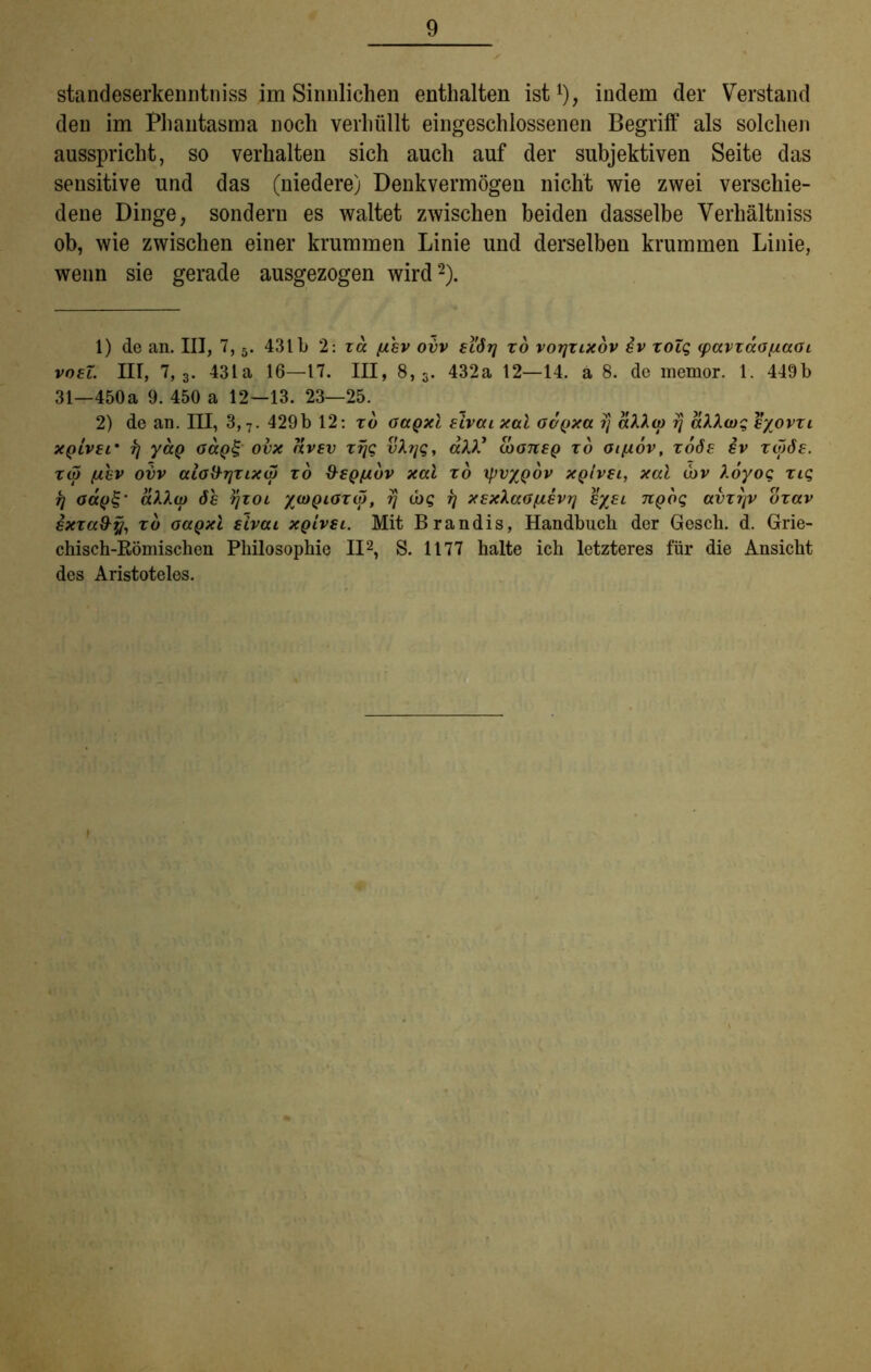 standeserkenntniss im Sinnlichen enthalten ist1), indem der Verstand den im Phantasma noch verhüllt eingeschlossenen Begriff als solchen ausspricht, so verhalten sich auch auf der subjektiven Seite das sensitive und das (niedere) Denkvermögen nicht wie zwei verschie- dene Dinge, sondern es waltet zwischen beiden dasselbe Verhältniss ob, wie zwischen einer krummen Linie und derselben krummen Linie, wenn sie gerade ausgezogen wird2). 1) de an. III, 7, 5. 431b 2: zd ftev ovv siörj zd vorjzixov iv zoig (pavzaafiaoi vast. III, 7,3. 43la 16—17. III, 8,3. 432a 12—14. ä 8. de memor. 1. 449b 31—450a 9. 450 a 12—13. 23—25. 2) de an. III, 3,7. 429b 12: zd oagxl eivai xal ooQxa rj aXXa) rj aXXcog syovzi xQiver rj yaQ oaQ§ ovx dvev zrjg vXr/g, aXX* cootieq zd oifiov, zoöe sv ziööe. z& fiev ovv aiOxhjzixio zd &€Qfxdv xal zd ipvxQov xqIvbl, xal <bv Xoyog zig rj aa^‘ aXXio öe rjzoi /(OQioziy, rj d)g rj xsxXaGftevr] e%£i nQog avzrjv ozav sxza&y, zd oaQxl slvai xgivei. Mit Brandis, Handbuch der Gesch. d. Grie- chisch-Komischen Philosophie II2, S. 1177 halte ich letzteres für die Ansicht des Aristoteles. 1