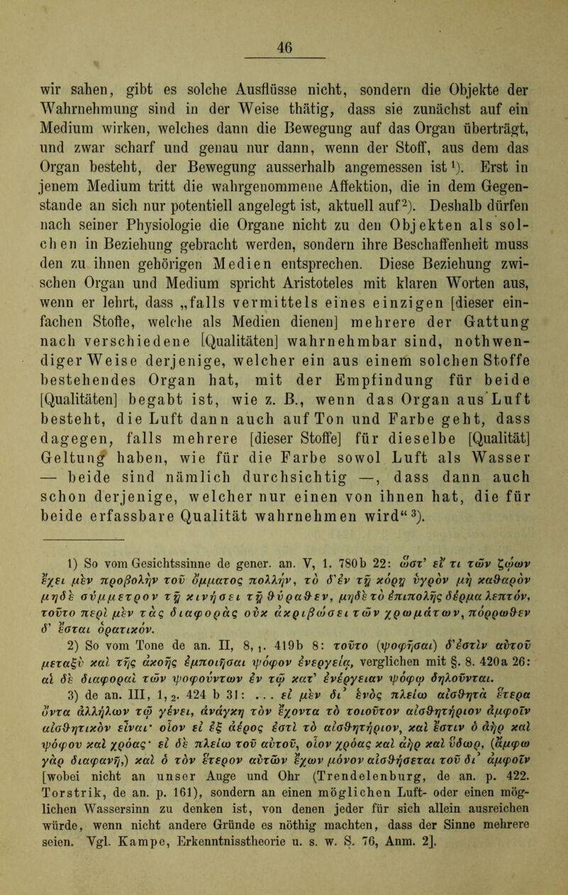 wir sahen, gibt es solche Ausflüsse nicht, sondern die Objekte der Wahrnehmung sind in der Weise thätig, dass sie zunächst auf ein Medium wirken, welches dann die Bewegung auf das Organ überträgt, und zwar scharf und genau nur dann, wenn der Stoff, aus dem das Organ besteht, der Bewegung ausserhalb angemessen ist1). Erst in jenem Medium tritt die wahrgeuommene Affektion, die in dem Gegen- stände an sich nur potentiell angelegt ist, aktuell auf2). Deshalb dürfen nach seiner Physiologie die Organe nicht zu den Objekten als sol- chen in Beziehung gebracht werden, sondern ihre Beschaffenheit muss den zu ihnen gehörigen Medien entsprechen. Diese Beziehung zwi- schen Organ und Medium spricht Aristoteles mit klaren Worten aus, wenn er lehrt, dass „falls vermittels eines einzigen [dieser ein- fachen Stoffe, welche als Medien dienen] mehrere der Gattung nach verschiedene [Qualitäten] wahrnehmbar sind, nothwen- diger Weise derjenige, welcher ein aus einem solchen Stoffe bestehendes Organ hat, mit der Empfindung für beide [Qualitäten] begabt ist, wie z. B., wenn das Organ aus Luft besteht, die Luft dann auch auf Ton und Farbe geht, dass dagegen, falls mehrere [dieser Stoffe] für dieselbe [Qualität] Geltung haben, wie für die Farbe sowol Luft als Wasser — beide sind nämlich durchsichtig —, dass dann auch schon derjenige, welcher nur einen von ihnen hat, die für beide erfassbare Qualität wahrnehmen wird“3). 1) So vom Gesichtssinne de gener. an. V, 1. 780b 22: Shsx* si xi xcdv ^tocov e%ei fihv Ttpoßolrjv xov o(jL(jLaxoq noXXyv, xd ö'ev xy xogy vypdv fxy xa&apov (Arjöe avfi/usxQOV xy xivrjoei xy &vpa&ev, fxyöh xd ÖTtutoXyq öeQfxa Xenxov. XOVZO TlEQc [l£V XCCQ 6 LCKpOQCtq odx aXQLßcda £t X(VV XQCO fiax (OV, TtOQQOi&EV cT eoxai OQaxLxdv. 2) So vom Tone de an. II, 8, j. 419b 8: xovxo (ipocpyocu) 6'eoxlv avxov fxsxcc^v xal xrjq äxorjq £[inoiyoai yjocpov ivspyela, verglichen mit §. 8. 420 a 26: ai 8h öiatpopal xwv \pO(povvx(ov £v xcö xax' £vegyeiav ip6(p(p öyXovvxai. 3) de an. III, 1,2. 424 b 31: ...ei [ihv öl’ evoq nXeioo aiofhjxd szeQa dvxa aXXyX(ov xdi ysvei, dvayxrj xov eyovxa xd xoiovxov aio&yxyQiov dficpoZv ULG&rjZixdv ehai* oiov ei <x£qo<; eaxi xd aio&yxyQiov, xal eaxiv ö ä^Q xal xpöcpov xal xQÖaq’ ei öe nXeia) xov avxov, oiov %QÖaq xal ai]Q xal vöcoq, (aficpa) yaQ öiatpavy,) xal d xov exeqov adx&v eycov fiövov alo&yoexai xov öi’ d(jL(polv [wobei nicht an unser Auge und Ohr (Trendelenburg, de an. p. 422. Torstrik, de an. p. 161), sondern an einen möglichen Luft- oder einen mög- lichen Wassersinn zu denken ist, von denen jeder für sieh allein ausreichen würde, wenn nicht andere Gründe es nöthig machten, dass der Sinne mehrere seien. Ygl. Kampe, Erkenntnisstheorie u. s. w. S. 76, Anm. 2],