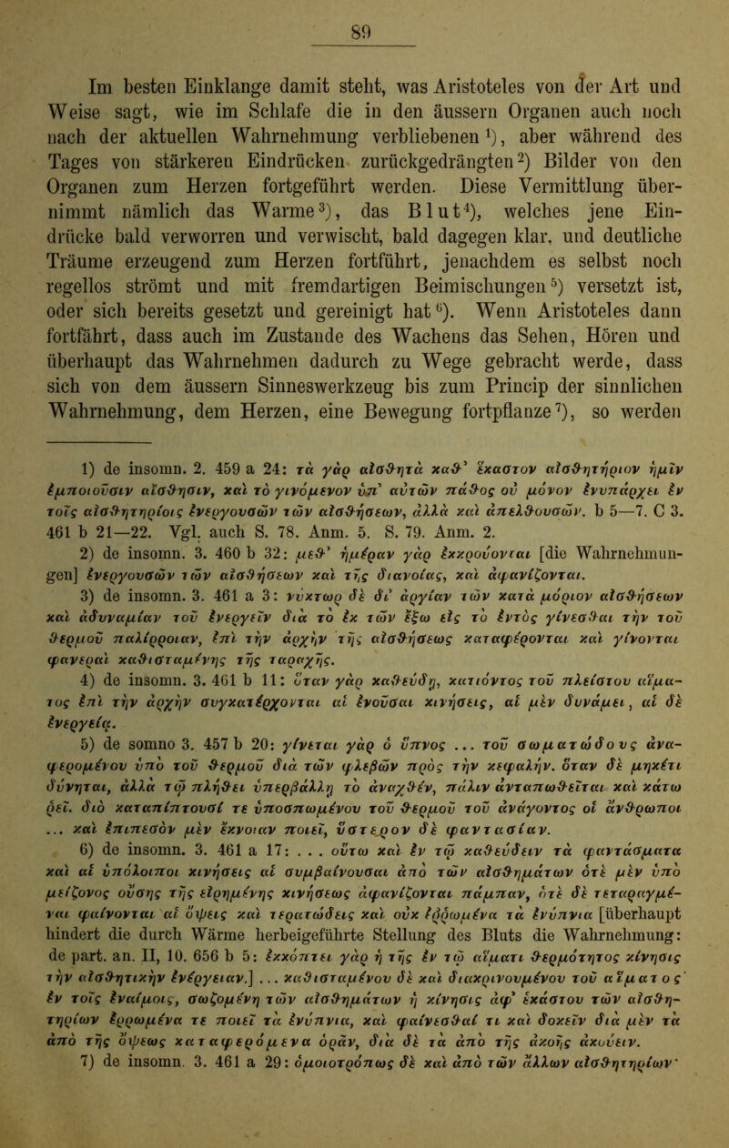 Im besten Einklänge damit steht, was Aristoteles von der Art und Weise sagt, wie im Schlafe die in den äussern Organen auch noch nach der aktuellen Wahrnehmung verbliebenen1), aber während des Tages von stärkeren Eindrücken zurückgedrängten2) Bilder von den Organen zum Herzen fortgeführt werden. Diese Vermittlung über- nimmt nämlich das Warme3), das Blut4), welches jene Ein- drücke bald verworren und verwischt, bald dagegen klar, und deutliche Träume erzeugend zum Herzen fortführt, jenachdem es selbst noch regellos strömt und mit fremdartigen Beimischungen5 6) versetzt ist, oder sich bereits gesetzt und gereinigt hatü). Wenn Aristoteles dann fortfährt, dass auch im Zustande des Wachens das Sehen, Hören und überhaupt das Wahrnehmen dadurch zu Wege gebracht werde, dass sich von dem äussern Sinneswerkzeug bis zum Princip der sinnlichen Wahrnehmung, dem Herzen, eine Bewegung fortpflanze7), so werden 1) de insomn. 2. 459 a 24: xd yag alGxhjTa xa^’ ExaOTov ala&rjTrigiov rj/ulv ifxnoiovGiV aia&rjGiv, xal x6 yivofZEVov u7i avTcbv na&og ov fxovov ivvndg/Ez iv ToZg aio&rjTriQfoig ivEgyovadiv tcov ala&rjGE(ov, «A4« xal aneX&ovom'. b 5—7. C 3. 461 b 21—22. Vgl. auch S. 78. Anm. 5. S. 79. Anm. 2. 2) de insomn. 3. 460 b 32: (ae&' fjjxigav ydg ixxgovovtai [die Wahrnehmun- gen] ivsgyovGäiv kov atGxhjoEUiV xal Tr,g 6iavoCag, xcti d(favCCoVTat. 3) de insomn. 3. 461 a 3: vvxTtog 6h 6i agyiav zcüv xaza /uogiov alGxhjGEcov xal advvccfiiav tov ivEgyeZv 6ia to ix tcov e£(o sig tu ivTug yivEaSai Ttjv tov &eq/liov nakiggozav, inl irjv agyr/V Trjg aiG&rjGE(og xarazps'goVTaL xal ytvovrcu (pavsgal xa&iGTa/uhvrjg tr\g Tagayr/g. 4) de insomn. 3. 4G1 b 11: orav ydg xa&Ev6rj, xaTiovTog tov nketGTov ai/na- Tog inl Ttjv ccgyrjv avyxaxigyovTai al ivovGai xivrjGEig, at jjev 6vva/uEi, ul 6h ivEgysZa. 5) de somno 3. 457 b 20: ylvtTcu ydg 6 vnvog ... tov gcdfi aT co 6o vg ava- (fEgofiivov vno tov &Eg/AOv 6ia tcov ifkEßäiv ngog ttjv XE(pakr/v. oTav 6h firjxiTi 6vvtjtcu, akka tw nkr\&Ei vnEgßakkrj ro avay&EV, ndkiv avTanw&EZTai xal xazio gsZ. 6iö xaTaninTOvöC te vnoGnarfxEVuv tov &Eg(*ov tov avayovTog ol av&gconoz ... xal imnEGov fxtv ixvotav noiEZ, vgtejtov 6h tpaVT aGiav. 6) de insomn. 3. 461 a 17: ... ovtcj xal iv x<p xa^ev6nv Ta (pavTuGpiaTa xal al vnokoinoi xivr/Gsig al av/ußaivovGai ano T(uv alG&rjjAaTCov ote /uev vno /uEi'Covog ovGrjg Trjg Eigrj/uZvrjg xivr\GE(og a(pavi£oVTai najznav, ote 6h TETagay/ui- vai (paZvovTai al bxJjEzg xal zEgarc66Ezg xal ovx Zßgcojuiva za ivvnvia [überhaupt hindert die durch Wärme herbeigeführte Stellung des Bluts die Wahrnehmung: de part. an. II, 10. 656 b 5: ixxömEz ydg r) Trjg iv iw amart #EgfzoTrjTog xivrjaig zr\v alGfrriTixrjv ivtgysiav.] ... xuOiGTa/uivov 6h xal 6 taxgivovfxivov tov ai/uaz o ? iv Tolg ivaifioig, GcoCo/uivrj iwv aiad-rj/uaTcov r) xZvrjGig a(p* ixaGTOV TÖäv aiaftrj- TTjgZoov iggcofis'va te uoieZ ra ivvnvia, xal (paivto&al xt xal 6oxeZv 6ia pihv Ta and rrjg orpEarg xar arpsgo fj,Eva ogäv, 6ta 6h za ano Trjg axor,g axuvEiv. 7) de insomn. 3. 461 a 29: ojxoioTgoncog 6h xal ano tzov dXXajv alG&rjxrjgicov'