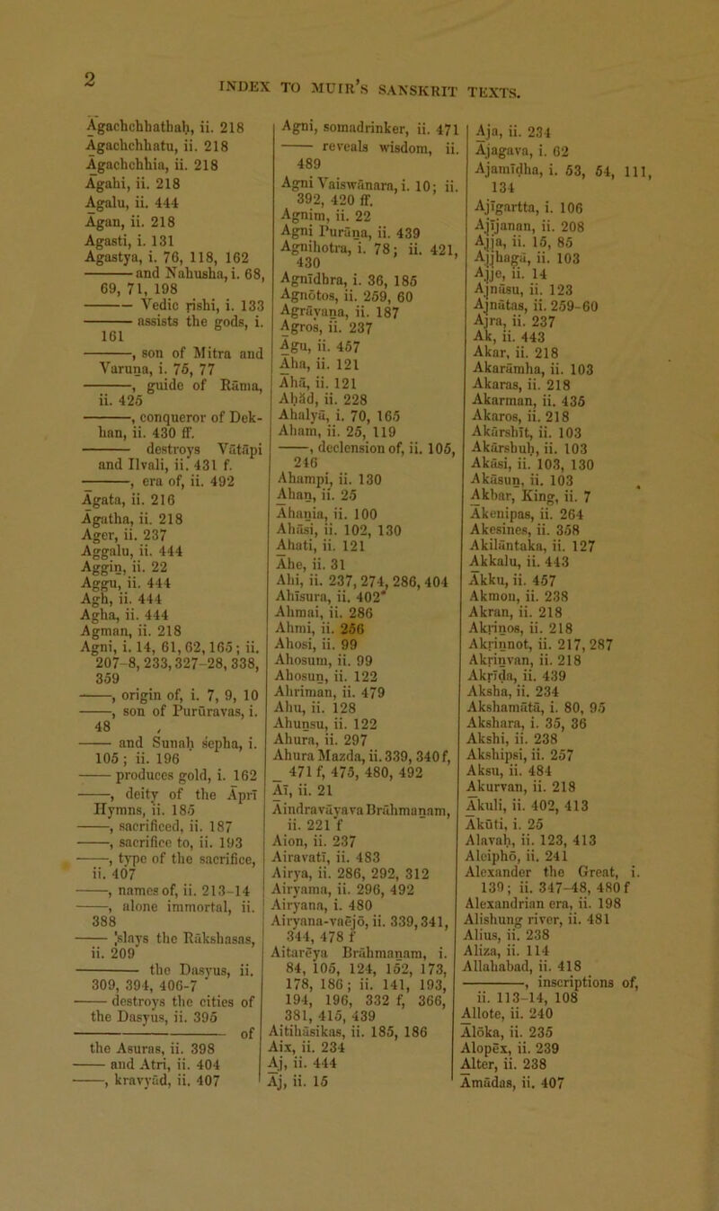 INDEX TO MDIR’s SANSKRIT TEXTS. Agachchhathah, ii. 218 Agaclichhatu, ii. 218 Agachchhia, ii. 218 Again, ii. 218 Agalu, ii. 444 Agan, ii. 218 Agasti, i. 131 Agastya, i. 76, 118, 162 and Nahusha, i. 68, 69, 71, 198 Vedic rishi, i. 133 assists the gods, i. 161 , son of Mitra and Varuna, i. 75, 77 , guide of Rama, ii. 425 , conqueror of Dek- han, ii. 430 if. destroys Vatapi and Ilvali, ii. 431 f. , era of, ii. 492 Agata, ii. 216 Agatha, ii. 218 Agcr, ii. 237 Aggalu, ii. 444 Aggin, ii. 22 Aggu, ii. 444 Agh, ii. 444 Agha, ii. 444 Agman, ii. 218 Agni, i. 14, 61, 62,165; ii. 207-8,233,327-28, 338, 359 , origin of, i. 7, 9, 10 , son of Pururavas, i. 48 and Suiiah sepha, i. 105 ; ii. 196 ' produces gold, i. 162 , deity of the Apr! Hymns, ii. 185 , sacrificed, ii. 187 , sacrifice to, ii. 193 , type of the sacrifice, ii. 407 , names of, ii. 213-14 , alone immortal, ii. ' 388 ! |slays the Rakshasas, ii. 209 the Dasvus, ii. 309, 394, 406-7 ’ destroys the cities of the Dasyus, ii. 395 of the Asuras, ii. 398 and Atri, ii. 404 , kravyad, ii. 407 Agni, soinadrinker, ii. 471 reveals wisdom, ii. 489 Agni Vaiswanara,i. 10; ii. 392, 420 ff. Agnim, ii. 22 Agni Purana, ii. 439 Agnihotra, i. 78; ii. 421, 430 Agnidhra, i. 36, 185 Agnotos, ii. 259, 60 Agrayana, ii. 187 Agros, ii. 237 Agu, ii. 457 Aha, ii. 121 Aha, ii. 121 Ah3d, ii. 228 Ahalyu, i, 70, 165 Aliam, ii. 25, 119 , declension of, ii. 105, 216 Ahampi, ii. 130 Ahan, ii. 25 Ahania, ii. 100 Ahasi, ii. 102, 130 Aliati, ii. 121 Ahe, ii. 31 Ahi, ii. 237, 274 286, 404 Ahlsura, ii. 402^ Ahmai, ii. 286 Ahmi, ii. 256 Ahosi, ii. 99 Ahosum, ii. 99 Ahosun, ii. 122 Ahriman, ii. 479 Ahu, ii. 128 Ahunsu, ii. 122 Ahura, ii. 297 Ahura Mazda, ii. 339, 340 f, _ 471 f, 475, 480, 492 AT, ii. 21 Aindravayava BnThmanam, ii. 221 f Aion, ii. 237 Airavatl, ii. 483 Airya, ii. 286, 292, 312 Airyama, ii. 296, 492 Airyann, i. 480 Airyana-vaejo, ii. 339,341, 344, 478 f Aitiireya Brahmanam, i. 84, 105, 124, 152, 173, 178, 186; ii. 141, 193, 194, 196, 332 f, 366, 381, 415, 439 Aitihasikas, ii. 185, 186 Ai.T, ii. 234 Aj, ii. 444 Aj, ii. 15 Aja, ii. 234 Ajagava, i. 62 AjamTdha, i. 63, 54, 111, 134 Ajigartta, i. 106 Ajijanan, ii. 208 Ajja, ii. 15, 85 Ajjhaga, ii. 103 A]je, li. 14 Ajniisu, ii. 123 Ajnatas, ii. 259-60 Ajra, ii. 237 Ak, ii. 443 Akar, ii. 218 Akaramha, ii. 103 Akaras, ii. 218 Akarman, ii. 435 Akaros, ii. 218 Akarshit, ii. 103 Akarshuh, ii. 103 Akiisi, ii. 103, 130 Akasun, ii. 103 Akhar, King, ii. 7 Akenipas, ii. 264 Akesines, ii. 358 Akilantaka, ii. 127 Akkalu, ii. 443 Akku, ii. 457 Akmou, ii. 238 Akran, ii. 218 Aknnos, ii. 218 Akfinnot, ii. 217, 287 Aknnvan, ii. 218 AkrTda, ii. 439 Aksha, ii. 234 Akshaniiita, i. 80, 95 Akshara, i. 35, 36 Akshi, ii. 238 Akshipsi, ii. 257 Aksii, ii. 484 Akurvan, ii. 218 Akuli, ii. 402, 413 Akuti, i. 25 Alavah, ii. 123, 413 Alcipho, ii. 241 Alexander the Great, i. 139; ii. 347-48, 480 f Alexandrian era, ii. 198 Alishung river, ii. 481 Alius, ii. 238 Aliza, ii. 114 Allahabad, ii. 418 , inscriptions of, ii. 113-14, 108 Allote, ii. 240 Aloka, ii. 235 Alopex, ii. 239 Alter, ii. 238 Amudas, ii. 407