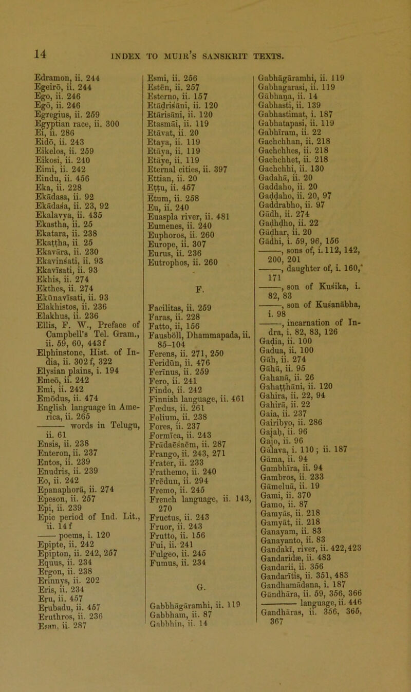 Edramon, ii. 244 Egeiro, ii. 244 Ego, ii. 246 Ego, ii. 246 Egregius, ii. 269 Egyptian race, ii. 300 El, 11. 286 Eido, ii. 243 Eikclos, ii. 259 Eikosi, ii. 240 Eirai, ii. 242 Eindu, ii. 456 Eka, ii. 228 Ekudasa, ii. 92 Ekudasa, ii. 23, 92 Ekalavya, ii. 435 Ekastha, ii. 25 Ekatara, ii. 238 Ekattha, ii 26 Ekavara, ii. 230 Ekavin^ati, ii. 93 EkavTsati, ii. 93 Ekhis, ii. 274 Ekthes, ii. 274 Ekuiiavisati, ii. 93 Elakhistos, ii. 236 Elakhus, ii. 236 Ellis, F. W., Preface of Campbell’s Tel. Gram., ii. 69, 60, 443 f Elphinstone, Hist, of In- dia, ii. 302 f, 322 Elysian plains, i. 194 Emeo, ii. 242 Emi, ii. 242 Eniodus, ii. 474 English language in Ame- nca, ii. 266 words in Telugu, ii. 61 Ensis, ii. 238 Enteron, ii. 237 Entos, ii. 239 Enudris, ii. 239 Eo, ii. 242 Epanapbora, ii. 274 Epeson, ii. 257 Epi, ii. 239 Epic period of Ind. Lit., ii. 14 f poems, i. 120 Epipte, ii. 242 Epipton, ii. 242, 267 Equus, ii. 234 Ergon, ii. 238 Erlnnvs, ii. 202 Eris, ii. 234 Eru, ii. 467 Erubadu, ii. 467 Erutbros, ii. 236 Esau, ii. 287 Esmi, ii. 266 Esten, ii. 257 Estemo, ii. 157 Etadris'ani, ii. 120 Etarisani, ii. 120 Etasmai, ii. 119 Etavat, ii. 20 Etaya, ii. 119 Etaya, ii. 119 Etaye, ii. 119 Eternal eities, ii. 397 Ettian, ii. 20 Ettu, ii. 467 Etum, ii. 268 Eu, ii. 240 Euaspla river, ii. 481 Eumenes, ii. 240 Eupboros, ii. 260 Europe, ii. 307 Eurus, ii. 236 Eutrophos, ii. 260 F. Facilitas, ii. 269 Faras, ii. 228 Fatto, ii, 166 Fausbbll, Dhammapada, ii. 85-104 Ferens, ii. 271, 250 Feridun, ii. 476 Ferinus, ii. 269 Fero, ii. 241 Findo, ii. 242 Finnish language, ii. 461 Foedu.s, ii. 261 Folium, ii. 238 Fores, ii. 237 Formica, ii. 243 Fradaesaem, ii. 287 Frango, ii. 243, 271 Fratcr, ii. 233 Frathemo, ii. 240 Fredun, ii. 294 Fremo, ii. 245 French language, ii. 143, 270 Fructus, ii. 243 Fruor, ii. 243 Frutto, ii. 166 Fui, ii. 241 Fulgeo, ii. 246 Fumus, ii. 234 G. Gabbhagararahi, ii. 119 Gabbham, ii. 87 Gnl)bhin, ii. 14 Gabhagaramhi, ii. 119 Gabbagarasi, ii. 119 Gabhana, ii. 14 Gabbasti, ii. 139 Gabhastimat, i. 187 Gabbatapasi, ii. 119 Gabbiram, ii. 22 Gachchban, ii. 218 Gacbebhes, ii. 218 Gacbchhet, ii. 218 Gacbebbi, ii. 130 Gadaha, ii. 20 Gaddaho, ii. 20 Gaddabo, ii. 20, 97 Gaddrabho, ii. 97 Gadh, ii. 274 Gadhdlio. ii. 22 Gadhar, li. 20 Gadhi, i. 69, 96, 166 , sons of, i. 112,142, 200, 201 , daughter of, i. 160,* 171 , son of KiUika, i. 82, 83 , son of Kusanabha, i. 98 , incarnation of In- dra, i. 82, 83, 126 Gadia, ii. 100 Gadua, ii. 100 Gab, ii. 274 Gaba, ii. 96 Gabana, ii. 26 Gahatthani, ii. 120 Gabira, ii. 22, 94 Gahira, ii. 22 Gaia, ii. 237 Gairibyo, ii. 286 Gajal.i, ii. 96 Gajo, ii. 96 Galava, i. 110 ; ii. 187 Gama, ii. 94 Gambiura, ii. 94 Gambros, ii. 233 Gamelua, ii. 19 Garni, ii. 370 Gamo, ii. 87 Gamyas, ii. 218 Gamy at, ii. 218 Ganayam, ii._83 Ganayanto, ii. 83 GandakT, river, ii. 422,423 Gandarid®, ii. 483 Gandarii, ii. 366 Gandarltis, ii. 351, 483 Gandhamadana, i. 187 Gandhara, ii. 69, 366, 366 language, ii. 446 Gandharas, ii. 356, 366, 367