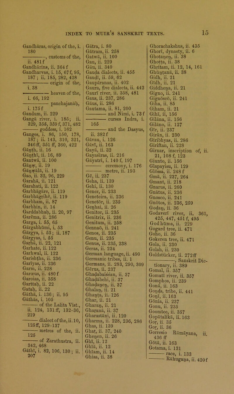 Gandhiiras, origin of the, i. 180 , customs of the, ii. 481 f Gandharins, ii. 364 f Gandharvas, i. 16, 67f, 95, 187 ; ii. 185, 282, 428 origin of the, i. 38 — — heaven of the, i. 66, 192 panchajanah, i. 176 f Gandum, ii. 229 Ganga river, i. 186; ii. 329, 356, 359 f, 371, 482 goddess, i. 162 Ganges, i. 86, 160, 178, 187; ii. 143, 310, 321, 346 flf, 351 £f, 360, 422 Ganth, ii. 16 GanthT, ii. 16, 89 Gantwu, ii. 100 Ganw, ii. 19 Ganwala, ii. 19 Gao, ii. 32, 96, 229 Garaha, ii. 121 Garahati, ii. 122 Garbhagare, ii. 119 Garhhagjihe, ii. 119 Garhham, ii. 87 Garbhin, ii. 14 Garddabhah, ii. 20, 97 GarSma, ii. 286 Garga, i. 65, 65 Gargabhumi, i, 53 G^gya, i. 63; ii. 187 Gargyas, i. 65 Garha, ii. 22, 121 Garhate, ii. 122 Garhvral, ii, 122 Garish^ha, ii. 236 Garlyas, ii. 236 Garra, ii. 228 Garoeus, ii. 480 f Garoias, ii. 358 Garttah, ii. 22 Gatah, ii. 22 Gutha, i. 136; ii. 95 Gathas, i. 106 of the Lalita Vist., ii. 124, 131 ff, 132-36, 219 dialect ofthe,ii.10, 125ff, 129-137 metres of the, ii. 125 of Zarathustra, ii. 342, 468 GathI, i. 82, 106, 130; ii. 207 Gatra, i. 80 Gatrara, ii. 258 Gatwa, ii. 100 Gau, ii. 229 Gan, ii. 340 Gauda dialects, ii. 455 Gaudi, ii. 69, 62 Gauparanas, ii. 402 Gaura, five dialects, ii. 442 Gaurl river, ii. 368, 481 Gaus, ii. 237, 286 Gaus, ii. 286 Gautama, ii. 81, 200 and Nimi, i, 73 f curses Indra, i. 166 and the Dasyus, ii. 382 f Gavau, i. 126 GavT, ii. 163 Gaya, ii. 32 Gayasiras, ii. 216 Gayatri, i. 140 f, 197 ceremony, i. 176 metre, ii. 193 Ge, ii. 237 Geha, ii. 139 Gehi, ii. 130 Gener, ii. 233 Geneteira, ii. 236 Genetor, ii. 236 Genhai, ii. 26 Genitor, ii. 235 Genitrix, ii. 236 Genitum, ii. 268 Gennao, ii. 241 Genos, ii. 235 Genu, ii. 235 Genus, ii. 235, 238 Geras, ii. 234 German language, ii. 490 Germanic tribes, ii. 1 Germans, ii. 283, 290, 309 Gerus, ii. 237 Ghadabaiss'an, ii. 37 Ghadabehi, ii. 37 Ghadanen, ii. 37 Ghalan, ii. 21 Ghanta, ii. 126 Ghar, ii. 21 Gharan, ii. 21 Gharana, ii. 37 Gharastani, ii. 120 Gharma, ii. 228, 236, 286 Ghas, ii. 139 Ghat, ii. 37, 240 Ghencn, ii. 26 GhI, ii. 12 Ghla, ii. 12 Ghiam, ii. 14 Ghisa, ii. 38 Ghorachakshus, ii. 435 Ghori, dynasty, ii. 6 Ghotanen, ii. 38 Ghotta, ii. 38 Ghritam, ii. 12, 14, 161 Ghuntana, ii. 38 Gidh, ii. 21 Gtdh, ii. 21 Giddhena, ii. 21 Gigno, ii. 241 Gignosco, ii. 241 Gina, ii. 86 Giham, ii. 21 Gihl, ii, 156 Gilana, ii. 166 Gilano, ii. 127 Gir, ii. 237 Giran, ii. 230 Giribhyas, ii. 286 Giriftan, ii. 228 Girnar, inscription of, ii. 21, 108 f, 123 Giunto, ii. 156 Glapayisu, ii. 129 Glossa, ii. 248 f Gma, ii. 237, 264 Gmant, ii. 218 Gnarus, ii. 260 Gnatus, ii. 236 Gnosco, ii. 241 Gnotos, ii. 236, 269 Godaij, ii. 36 Godaverl river, ii. 361, 425, 447, 451 f, 496 Godhunia, ii. 229 Gogard tree, ii. 471 Gone, ii. 36 Gokeren tree, ii. 471 Gola, ii. 230 Golah, ii. 230 Goldstiicker, ii. 272if —; , Sanskrit Dic- tionary, ii. 389 Gomal, i’i. 367 Gomatl river, ii. 367 Gomphos, ii. 239 Gona, ii. 163 Gonds, tribe, ii. 441 Gonl, ii. 163 Gonia, ii. 237 Gonu, ii. 235 Goomtee, ii. 357 Gopatalika, ii. 163 Gor, ii. 36 Gor, ii. 36 Gorresio Ramayana. ii 436 flf • Gota, ii. 163 Gotama, i. 131 race, i. 133 Rahugana, ii. 420f
