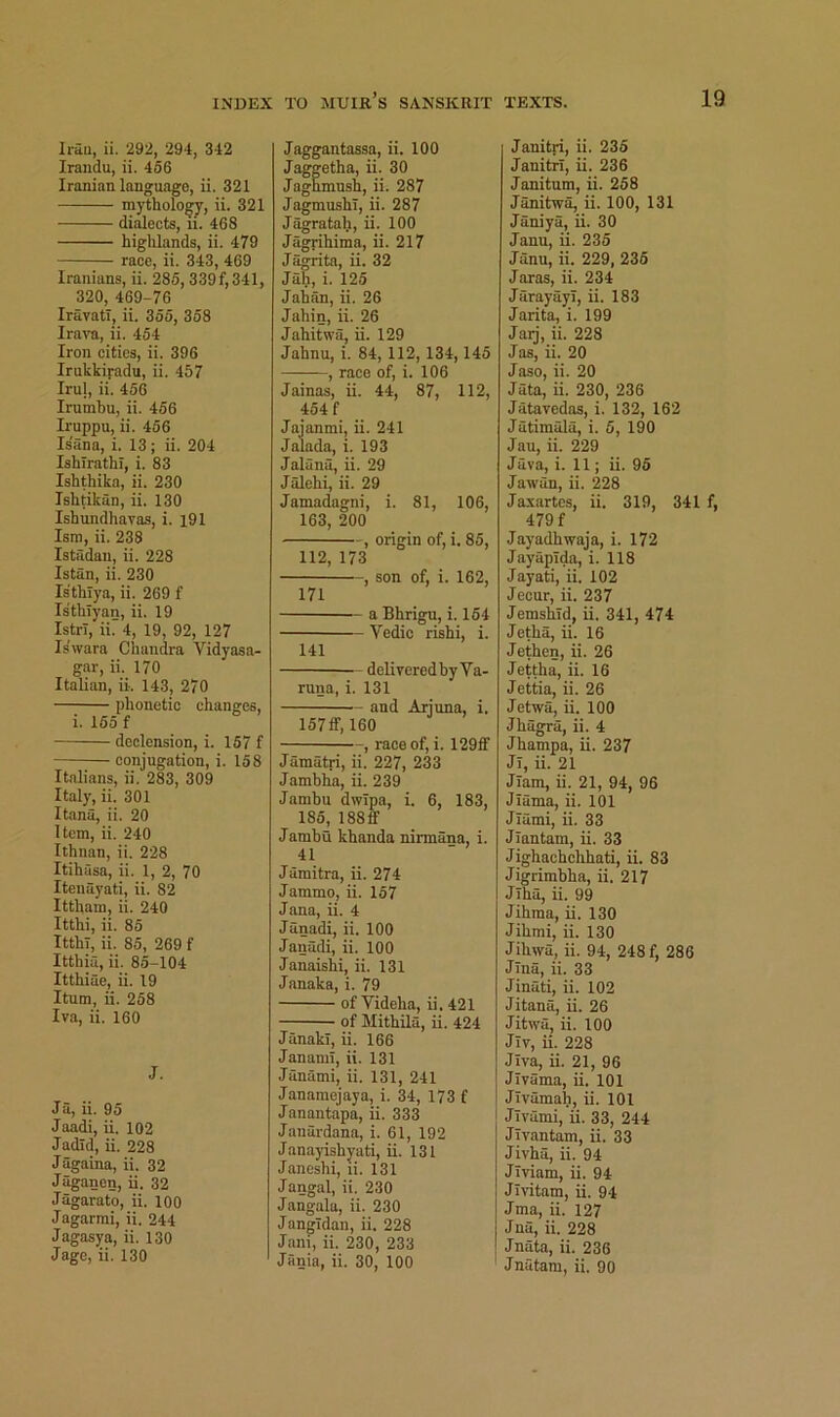 Irau, ii. 292, 294, 342 Irandu, ii. 456 Iranian language, ii. 321 mythology, ii. 321 dialects, li. 468 highlands, ii. 479 race, ii. 343, 469 Iranians, ii. 285, 339f,341, 320, 469-76 Iravatl, ii. 355, 358 Irava, ii. 454 Iron cities, ii. 396 Irukkiradu, ii. 457 Iruj, ii. 456 Irumbu, ii. 456 Iruppu, ii. 456 Is'ana, i. 13; ii. 204 Ishlrathi, i. 83 Ishthika, ii. 230 Ishtikan, ii. 130 Ishundhavas, i. i91 Ism, ii. 238 Istadan, ii. 228 Istan, ii. 230 Is'thlya, ii. 269 f Is'thiyan, ii. 19 Istrl, ii. 4, 19, 92, 127 Is'wara Chandra Vidyasa- gar, ii. 170 Italian, ii. 143, 270 phonetic changes, i. 155 f declension, i. 157 f ;— conjugation, i. 158 Italians, ii. 283, 309 Italy, ii. 301 Itana, ii. 20 Item, ii. 240 Ithnan, ii. 228 Itihasa, ii. 1, 2, 70 Itenayati, ii. 82 Ittham, ii. 240 Itthi, ii. 85 ItthI, ii. 85, 269 f Itthia, ii. 85-104 Itthiae, ii. 19 Itum, ii. 258 Iva, ii. 160 J. Ja, ii. 95 Jaadi, ii. 102 Jadid, ii. 228 Jagaina, ii. 32 Jaganen, ii. 32 Jagarato, ii. 100 Jagarmi, ii. 244 Jagasya, ii. 130 Jage, ii. 130 Jaggantassa, ii. 100 Jaggetha, ii. 30 Jaghmush, ii. 287 JagmushT, ii. 287 Jagratah, ii. 100 Jagrihima, ii. 217 Jagrita, ii. 32 Jah, i. 125 Jahan, ii. 26 Jahin, ii. 26 Jahitwa, ii. 129 Jahnu, i. 84, 112, 134, 145 , race of, i. 106 Jainas, ii. 44, 87, 112, 454 f Jajanmi, ii. 241 Jalada, i. 193 Jalana, ii. 29 Jalehi, ii. 29 Jamadagni, i. 81, 106, 163, 200 , origin of, i. 85, 112, 173 , son of, i. 162, 171 a Bhrigu, i. 154 Vedic rishi, i. 141 delivered by Va- runa, i. 131 and Arjuna, i. 157ff, 160 , race of, i. 129ff Jamatri, ii. 227, 233 Jambha, ii. 239 Jamhu dwTpa, i. 6, 183, 185, 188ff Jamhu khanda nirmana, i. 41 Jamitra, ii. 274 Jammo, ii. 157 Jana, ii. 4 Janadi, ii. 100 Janadi, ii. 100 Janaishi, ii. 131 Janaka, i. 79 of Videha, ii. 421 of Mithila, ii. 424 JanakI, ii. 166 JananiT, ii. 131 Janami, ii. 131, 241 Janamejaya, i. 34, 173 f Janantapa, ii. 333 Jaiiardana, i. 61, 192 Janayishyati, ii. 131 Janeshi, li. 131 Jangal, ii. 230 Jangala, ii. 230 Jangidan, ii. 228 Jani, ii. 230, 233 Jfinia, ii. 30, 100 Janitri, ii. 235 Janitrl, ii. 236 Janitum, ii. 258 Janitwa, ii. 100, 131 Janiya, ii. 30 Janu, ii. 235 Janu, ii. 229, 235 Jaras, ii. 234 Jarayayl, ii. 183 Jarita, i. 199 Jaij, ii. 228 Jas, ii. 20 Jaso, ii. 20 Jata, ii. 230, 236 Jatavedas, i. 132, 162 Jatimala, i. 5, 190 Jau, ii. 229 Java, i. 11; ii. 95 Jawan, ii. 228 Jaxartes, ii. 319, 341 f, 479 f Jayadhwaja, i. 172 Jayapida, i. 118 Jayati, ii. 102 Jecur, ii. 237 Jemshid, ii. 341, 474 Jetha, ii. 16 Jethen, ii. 26 Jettha, ii. 16 Jettia, ii. 26 Jetwa, ii. 100 Jhagra, ii. 4 Jhampa, ii. 237 Ji, ii. 21 Jlam, ii. 21, 94, 96 Jiama, ii. 101 Jiami, ii. 33 Jiantam, ii. 33 Jighachchhati, ii. 83 Jigrimbha, ii. 217 Jiha, ii. 99 Jihma, ii. 130 Jihmi, ii. 130 Jihwa, ii. 94, 248 f, 286 Jina, ii. 33 Jinati, ii. 102 Jitana, ii. 26 Jitwuj ii. 100 Jiv, ii. 228 Jiva, ii. 21, 96 Jivama, ii. 101 Jivamah, ii. 101 jTvami, ii. 33, 244 Jivantam, ii. 33 Jivha, ii. 94 Jlviam, ii. 94 Jivitam, ii. 94 Jma, ii. 127 Jna, ii. 228 Jnata, ii. 236 Jnatam, ii. 90