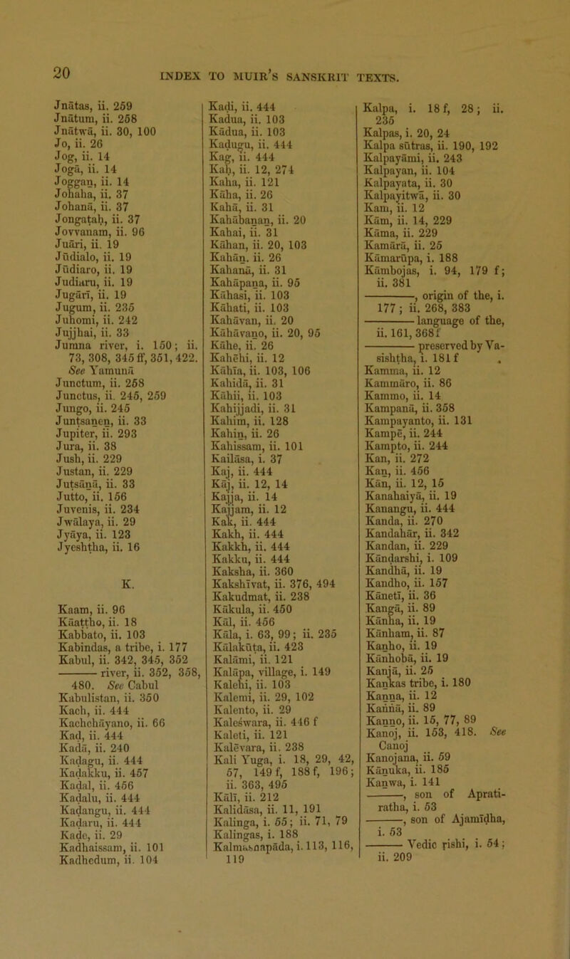 Jniitas, ii. 269 Jniitura, ii. 268 Jnutwa, ii. 30, 100 Jo, ii. 26 Jog, ii. 14 Joga, ii. 14 Joggan, ii. 14 Jonaha, ii. 37 Johana, ii. 37 Jongatah, ii. 37 Jovvanam, ii. 96 Juari, ii. 19 Judialo, ii. 19 Judiaro, ii. 19 Judiaru, ii. 19 Jugari, ii. 19 Jugum, ii. 236 Juhomi, ii. 242 Jujjhai, ii. 33 Jumna river, i. 160; ii. 73, 308, 346 ff, 361, 422. Seo Yamunii Junctum, ii. 268 Junctus, ii. 246, 269 Jungo, ii. 245 Juntsanen, ii. 33 Jupiter, ii. 293 Jura, ii. 38 Jush, ii. 229 Justan, ii. 229 Jutsana, ii. 33 Jutto, ii. 166 Juvenis, ii. 234 Jwalaya, ii. 29 Jyaya, ii. 123 Jyeshtba, ii. 16 K. Kaam, ii. 96 Kaattho, ii. 18 Kabbato, ii. 103 Kabindas, a tribe, i. 177 Kabul, ii. 342, 345, 352 river, ii. 362, 358, 480. Sev Cabul Kabulistan, ii. 360 Kach, ii. 444 Kacbcbiiyano, ii. 66 Kad, ii. 444 Kacia, ii. 240 Kadagu, ii. 444 Kadakku, ii. 467 Kada], ii. 466 Kadalu, ii. 444 Kadangu, ii. 444 Kadaru, ii. 444 Kade, ii. 29 Kadbaissam, ii. 101 Kadbcdum, ii. 104 Kadi, ii. 444 Kadua, ii. 103 Kadua, ii. 103 Kadugu, ii. 444 Kag, li. 444 Kal.i, ii. 12, 274 Kaba, ii. 121 Kaba, ii. 26 Kaba, ii. 31 Kababanan, ii. 20 Kabai, ii. 31 Kaban, ii. 20, 103 Kaban. ii. 26 Kabanii, ii. 31 Kabapana, ii. 96 Kabasi, ii. 103 Kabati, ii. 103 Kabavan, ii. 20 Kabavano, ii. 20, 95 Kabe, ii. 26 Kabebi, ii. 12 Kabia, ii. 103, 106 Kabida. ii. 31 Kabii, li. 103 Kabijjadi, ii. 31 Kabim, ii. 128 Kabin, ii. 26 Kabissam, ii. 101 Kailasa, i. 37 Kaj, ii. 444 Kaj, ii. 12, 14 Ka^ja, ii. 14 Kaijam, ii. 12 Kak, ii. 444 Kakb, ii. 444 Kakkb, ii. 444 Kakku, ii. 444 Kaksba, ii. 360 Kaksbivat, ii. 376, 494 Kakudmat, ii. 238 Kakula, ii. 450 Kal, ii. 456 Kala, i. 63, 99; ii. 235 Kalakuta, ii. 423 Kalilmi, ii. 121 Kalapa, village, i. 149 Kalcbi, ii. 103 Kalemi, ii. 29, 102 Kalento, ii. 29 Kalcswara, ii. 446 f Kalcti, ii. 121 Kalevara, ii. 238 Kali Yuga, i. 18, 29, 42, 67, 149 f, 188 f, 196; ii. 363, 495 Kali, ii. 212 Kalidasa, ii. 11, 191 Kalinga, i. 65; ii. 71, 79 Kalingas, i. 188 Kalniasnap5da, i. 113, 116, 119 Kalpa, i. 18 f, 28; ii. 236 Kalpas, i. 20, 24 Kalpa sutras, ii. 190, 192 Kalpayami, ii. 243 Kalpayan, ii. 104 Kalpayata, ii. 30 Kalpayitwa, ii. 30 Kam, ii. 12 Kam, ii. 14, 229 Kama, ii. 229 Kamara, ii. 25 Kamarupa, i. 188 Kambojas, i. 94, 179 f; ii. 381 , origin of tbe, i. 177 ; ii. 268, 383 language of tbe, ii. 161, 3681 preserved by Va- sisbtba, 1. 181 f . Kamma, ii. 12 Kammaro, ii. 86 Kammo, ii. 14 Kampana, ii. 368 Kainpayanto, ii. 131 Kampe, ii. 244 Kampto, ii. 244 Kan, ii. 272 Kan, ii. 456 Kan, ii. 12, 15 Kanabaiya, ii. 19 Kanangu, ii. 444 Kaiida, ii. 270 Kandabar, ii. 342 Kandan, ii. 229 Kandarsbi, i. 109 Kandba, ii. 19 Kandbo, ii. 157 Kaneti, ii. 36 Kanga, ii. 89 Kanba, ii. 19 Kanbam, ii. 87 Kanbo, ii. 19 Kanboba, ii. 19 Kanja, ii. 26 Kankas tribe, i. 180 Kanna, ii. 12 Kanna, ii. 89 Kanno, ii. 16, 77, 89 Kanoi, ii. 163, 418. See Canoj Kanojana, ii. 69 Kanuka, ii. 186 Kanwa, i. 141 , son of Aprati- ratha, i. 63 , son of Ajamidha, i. 63 Vedic fishi, i. 54 ; ii. 209