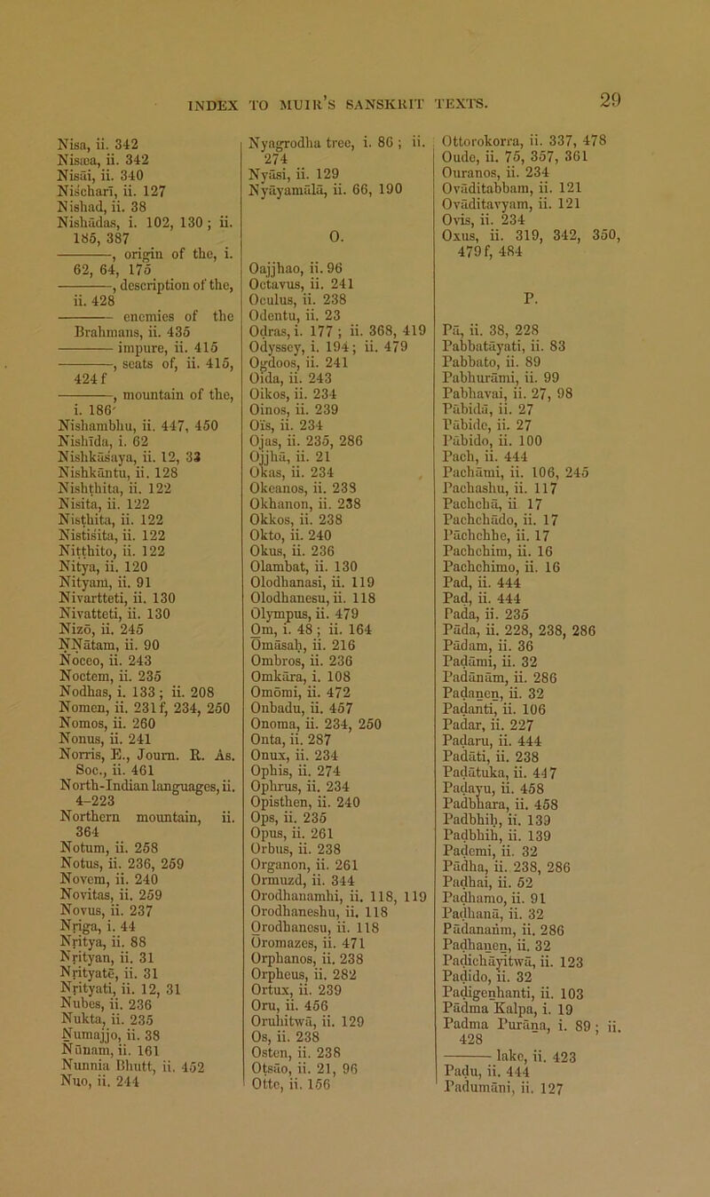 Nisa, ii. 342 Nisioa, ii. 342 Nisui, ii. 340 Nischari, ii. 127 N ishad, ii. 38 Nisliada.s, i. 102, 130 ; ii. 185, 387 , origin of the, i. 62, 64, 175 , description of the, ii. 428 enemies of the Brahmans, ii. 435 impure, ii. 415 , seats of, ii. 415, 424 f , mountain of the, i. 186' Nishambhu, ii. 447, 450 Nishtda, i. 62 Nishkasaya, ii. 12, 33 Nishkantu, ii. 128 Nishthita, ii. 122 Nisita, ii. 122 Nisthita, ii. 122 Nistisita, ii. 122 Nitthito, ii. 122 Nitya, ii. 120 Nityam, ii. 91 Nivartteti, ii. 130 Nivatteti, ii. 130 Nizo, ii. 245 NNatam, ii. 90 Noceo, ii. 243 Noctem, ii. 235 Nodhas, i. 133 ; ii. 208 Nomen, ii. 231 f, 234, 250 Nomos, ii. 260 Nonus, ii. 241 Norris, E., Joum. E. As. Soc., ii. 461 North-Indian languages, ii. 4-223 Northern moimtain, ii. 364 Notum, ii. 258 Notus, ii. 236, 259 Novera, ii. 240 Novitas, ii. 259 Novus, ii. 237 Nriga, i. 44 Nritya, ii. 88 Nrityan, ii. 31 Nrityate, ii. 31 Nyityati, ii. 12, 31 Nubes, ii. 236 Nukta, ii. 235 Numajjo, ii. 38 Nanam, ii. 161 Nunnia Bliutt, ii, 452 Nuo, ii, 244 Nyagrodha tree, i. 86 ; ii. 274 Nyasi, ii. 129 Nyayamfila, ii. 66, 190 0. Oajjhao, ii. 96 Oetavus, ii. 241 Oculus, ii. 238 Odentu, ii. 23 Odras,i. 177 ; ii. 368, 419 Odyssey, i. 194; ii. 479 Ogdoos, ii. 241 Oida, ii. 243 Oikos, ii. 234 Oinos, ii. 239 O'is, ii. 234 Ojas, ii. 235, 286 Ojjha, ii. 21 Okas, ii. 234 Okeanos, ii. 238 Okhanon, ii. 238 Okkos, ii. 238 Okto, ii. 240 Okus, ii. 236 Olambat, ii. 130 Olodhanasi, ii. 119 Olodhanesu, ii. 118 Olympus, ii. 479 Om, i. 48 ; ii. 164 Omasah, ii. 216 Ombros, ii. 236 Omkara, i. 108 Omomi, ii. 472 Oubadu, ii. 457 Onoma, ii. 234, 250 Onta, ii. 287 Onux, ii. 234 Ophis, ii. 274 Ophms, ii. 234 Opisthen, ii. 240 Ops, ii. 235 Opus, ii. 261 Orbus, ii. 238 Organon, ii. 261 Ormuzd, ii. 344 Orodhanamhi, ii. 118, 119 Orodhaneshu, ii, 118 Orodhanosu, ii. 118 Oromazes, ii. 471 Orphanos, ii. 238 Orpheus, ii. 282 Ortux, ii. 239 Oru, ii. 456 Oruhitwa, ii. 129 Os, ii. 238 Osten, ii. 238 Otsao, ii. 21, 96 Ottc, ii, 156 Ottorokorra, ii. 337, 478 Oudo, ii. 75, 357, 361 Ouranos, ii. 234 Ovaditabbam, ii. 121 Ovaditavyam, ii. 121 Oto, ii. 234 Oxus, ii. 319, 342, 350, 479 f, 484 P. Pa, ii. 38, 228 Pabbatayati, ii. 83 Pabbato, ii. 89 Pabhurami, ii. 99 Pabhavai, ii. 27, 98 Pabida, ii. 27 Pabide, ii. 27 Pabido, ii. 100 Pach, ii. 444 Pachami, ii. 106, 245 Pachashu, ii. 117 Pachcha, ii 17 Pachchado, ii. 17 Pachchhe, ii. 17 Pachohim, ii. 16 Pachchimo, ii. 16 Pad, ii. 444 Pad, ii. 444 Pada, ii. 235 Pada, ii. 228, 238, 286 Padam, ii. 36 Padami, ii. 32 Padanam, ii. 286 Padanen, ii. 32 Padanti, ii. 106 Padar, ii. 227 Padaru, ii. 444 Padati, ii. 238 Padatuka, ii. 44 7 Padayu, ii. 458 Padbhara, ii. 458 Padbhih, ii. 139 Padbhih, ii. 139 Padorai, ii. 32 Padha, ii. 238, 286 Padhai, ii. 52 Paiiamo, ii. 91 Padhana, ii. 32 Padananm, ii. 286 Padh alien, ii. 32 Padichayitwa, ii. 123 Padido, li. 32 Padigenhanti, ii. 103 Padma Kalpa, i. 19 Padma Purana, i. 89 • ii 428 lake, ii. 423 Padu, ii. 444 •Padumani, ii, 127