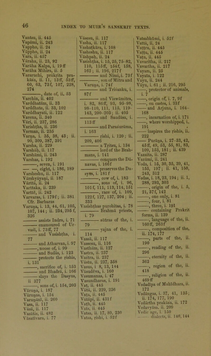 Vantsu, ii. 445 Vapumi, ii. 243 Vappho, ii. 24 Viippho, ii. 24 Vara, ii. 467 Varaha, ii. 23, 92 VarSlia Kalpa, i. 19 flf Varaha Mihira, ii. 6 Vararuchi, prukrita pra- kaaa, ii. 11, 13ff, 63ff, 60, 63, 73 f, 107, 228, 274 j date of, ii. 63 Varchin, li. 402 Varddhatam, ii. 33 Varddhato, ii. 33, 102 Varddhayati, ii. 122 Varcna, li. 340 Vari, ii. 237, 286 Varishtha, ii. 236 Vannan, ii. 236 Varna, i. 36, 38, 43; ii. 90, 309, 387, 391 Varaha, ii. 229 Varshah, ii. 117 Varshami, ii. 243 Varshaa, i. 192 , seven, i. 191 , eight, i. 186, 189 Varshcshu, ii. 117 Varshyayani, ii. 187 Vartta, li. 24 Varttaka, ii. 239 Vartte, ii. 242 Varvaras, i. 179f; ii. 381 Cfr. Barbaras Varuna, i. 13, 44, 61, 105, 107, 144 ; ii. 234, 295 f, 326 assists Indra, i. 71 enamoured of Ur- vasi, i. 73ff, 77 and Vasishtha, i. 77 and Atharvan, i. 97 , noose of, i. 99 and Sudas, i. 123 protects the yishis, i. 131 , sacriflcc of, i. 153 and Bhadru, i. 166 slays the Dasyus, ii 377 , sons of, i. 164, 203 Varuna, i. 187 Varunas, i. 164 Varunilnl, ii. 260 Vasa, ii. 117 V'fisa, ii. 117 Vasatis, ii. 482 Vasativara, i. 77 Vasosu, ii. 117 Vasha, ii. 117 Vasbatkara, i. 108 Vasheshu, ii. 117 Vashpah, ii. 24 Vasishtha, i. 16, 26, 75-82, no,' 116ff, I64f, 168, 162; ii. 196, 217f and Nimi, i. 73 f , son of Mitra and Varuna, i. 74f and Trisanku, i. 87 f and Viswamitra, i. 82, 86 ff, 93, 95-98, 98-110, 111, 116, 119- 143, 200-203; ii. 405 and Saudasa, i. 113ff and Parasuraraa, i. 163 rishi, i. 120 ; ii. 209, 406 a Tritsu, i. 134 lord of the Brah- mans, i. 141 conquers the Da- navas, i. 166f preserves the Da- syns, i. 181 f , cow of, i. 183 , sons of, i. 96, 101 f. 111, 113,114,161 , race of, i. 109, 122f, 127, 137, 204; ii. 333 Vasishthas purohitas, i. 78 Brahma priests, i. 79 sutras of the, i. 79 yajna of the, i. 114 Vaasa, ii. 117 Vasscsu, ii. 116 Vastham, ii. 127 Vastra, ii. 237 Vastra, ii. 237 Vastu, ii. 237, 368 Vasus, i 8, 13, 114 Vasudeva, i. 160 Vasumanas, i. 47 Vasundharas, i. 191 Vat, ii. 446 Vata, ii. 229, 236 Vata, ii. 445 Vatapi, ii. 431 f Vath, ii. 445 Vats, ii. 446 Vatsa, ii. 17, 89, 230 Vatsa, rishi, i. 52 f Vatsabhiimi, i. 52 f Vatta, ii. 24 Vat^ru, ii. 445 Vattu, ii. 446 Vain, ii. 446 Vavaritha, ii. 217 Vavaitha, ii. 217 Vayam, ii. 26 Vayata, i. 122 Vayu, ii. 244 Vayu, i. 61 ; ii. 216, 295 , protector of animals, i. 7 , origin of, i. 7, 9f , on castes, i. 33 f and Aijuna, i. 164- 168 , incamaliou of, i. 171 , where worshipped, i. 191 . inspires the jishis, ii, 222 Purana, i. 27-33, 42, 45 £f, 49,'63, 56, 81, 83, 109, 163, 181; ii. 439 Vazaita, ii. 287 Vazami, ii. 241 Veda, i. 16, 30, 35, 39, 41, 156, 197; ii. 41, 150, 243 312 Vedas, i. 18,23, 194 ; ii. 1, 288, 293, 303 , origin of the, i. 6, 21, 37 f, 142 , one only, i. 81 i , four, i. 81 j , threOj i. 191 I containing Prakrit forms, ii. 139 , language of the, ii. 160 ff, 263f , composition of the, ii. 174, 177 , parts of the, ii. i 190 ■ , reading of the, ii. 296 , eternity of the, ii. I 962 : , region of the, ii. 418 , religion of the, ii. ! 469ff ' Vedadipa of Mahidhara, ii. 172 I Vodangas, i. 37, 41, 135; ii. 174, 177, 190 ' Vedartha prakasa, ii. 172 Vedavya.sn. ii. 209 , Vedie age, i. 150 (lialccts, ii. 110,144