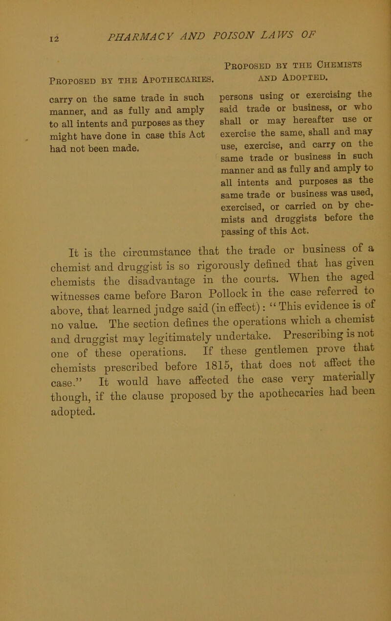 Pboposed by the Chemists Proposed by the Apothecaries. and Adopted. persons using or exercising the said trade or business, or who shall or may hereafter use or exercise the same, shall and may use, exercise, and carry on the same trade or business in such manner and as fully and amply to all intents and purposes as the same trade or business was used, exercised, or carried on by che- mists and druggists before the passing of this Act. It is the circumstance that the trade or business o£ a chemist and druggist is so rigorously defined that has given chemists the disadvantage in the courts. When the aged witnesses came before Baron Pollock in the case referred to above, that learned judge said (in efiect): “ This evidence is of no value. The section defines the operations which a chemist and druggist may legitimately undertake. Prescribing is not one of these operations. If these gentlemen prove that chemists prescribed before 1815, that does not affect the case.” It would have affected the case very materially though, if the clause proposed by the apothecaries had been adopted. carry on the same trade in such manner, and as fully and amply to all intents and purposes as they might have done in case this Act had not been made.
