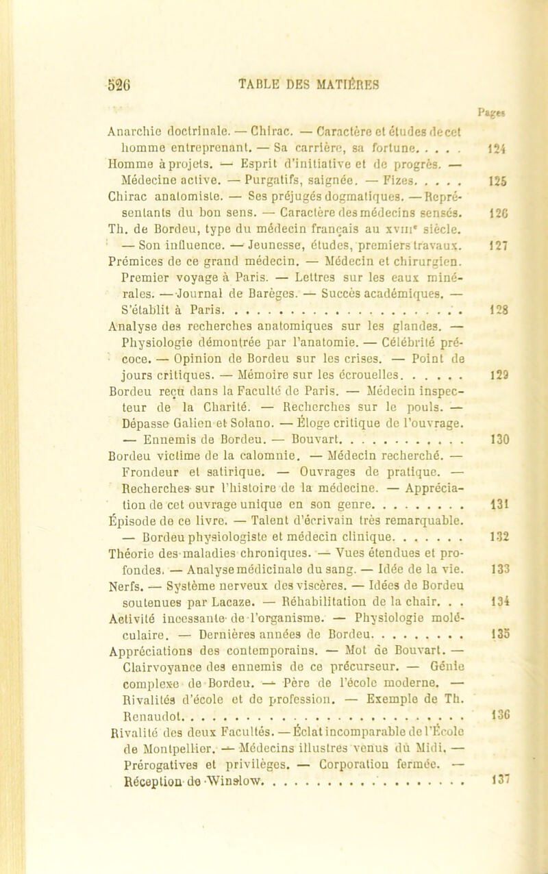 Page» Anarchie doctrinale. — Chirac. —Caractère et études de cet homme entreprenant. — Sa carrière, sa fortune 124 Homme àprojets. — Esprit d’initiative et de progrès. — Médecine active.—Purgatifs, saignée. —Fizes 125 Chirac analomiste. — Ses préjugés dogmatiques.—Repré- sentants du bon sens. — Caractère des médecins sensés. 12C Th. de Bordeu, type du médecin français au xvme siècle. — Son influence. — Jeunesse, études, premiers travaux. 127 Prémices de ce grand médecin. — Médecin et chirurgien. Premier voyage à Paris. — Lettres sur les eaux miné- rales. — Journal de Barèges. — Succès académiques. — S’établit à Paris 128 Analyse des recherches anatomiques sur les glandes. — Physiologie démontrée par l’anatomie. — Célébrité pré- coce. — Opinion de Bordeu sur les crises. — Point de jours critiques. — Mémoire sur les écrouelles 129 Bordeu reçu dans la Faculté de Paris. — Médecin inspec- teur de la Charité. — Recherches sur le pouls. — Dépasse- Galien et- Solano. — Éloge critique de l'ouvrage. — Ennemis de Bordeu. —- Bouvart. . 130 Bordeu victime de la calomnie. — Médecin recherché. — Frondeur et satirique. — Ouvrages de pratique. — Recherches- sur l’histoire de la médecine. — Apprécia- tion de cet ouvrage unique en son genre 131 Épisode de ce livre. — Talent d’écrivain très remarquable. — Bordeu physiologiste et médecin clinique 1-32 Théorie des-maladies chroniques. — Vues étendues et pro- fondes. — Analyse médicinale du sang. — Idée de la vie. 133 Nerfs. — Système nerveux des viscères. — Idées de Bordeu soutenues par Lacaze. —Réhabilitation de la chair. . . 134 Activité incessante-de l’organisme. — Physiologie molé- culaire. — Dernières années de Bordeu 135 Appréciations des contemporains. — Mot de Bouvart. — Clairvoyance des ennemis de ce précurseur. — Génie complexe de Bordeu. — -Père de l’école moderne. —• Rivalités d'école et de profession. — Exemple de Th. Renaudot 136 Rivalité des deux Facultés.—Éclat incomparable de l’École de Montpellier. — Médecins illustres venus dû Midi. — Prérogatives et privilèges. — Corporation fermée. — Réception de Winslow 137
