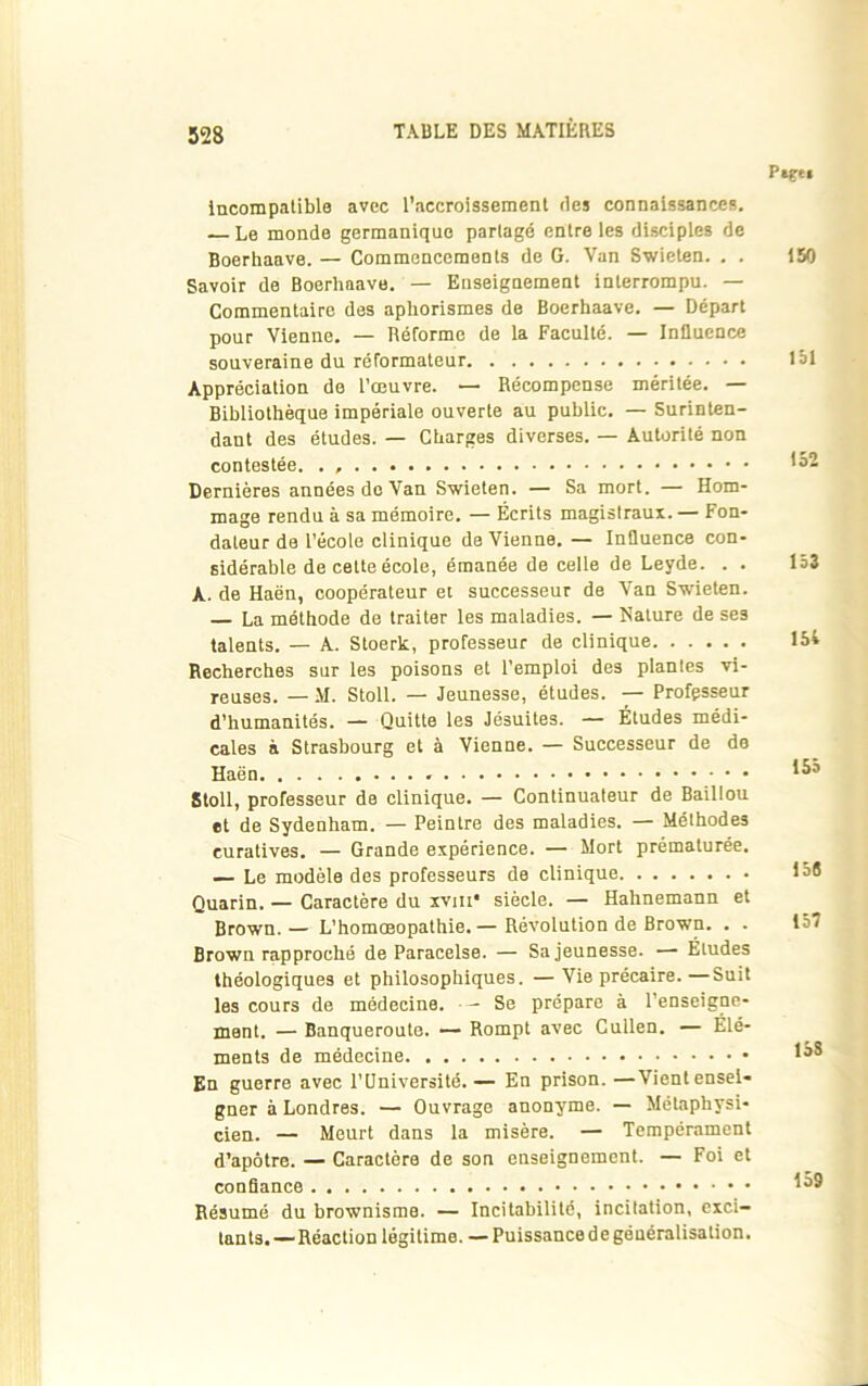 Ptge» incompatible avec l’accroissement ries connaissances. — Le monde germanique partagé entre les disciples de Boerhaave. — Commencements de G. Van Swieten. . . 150 Savoir de Boerliaave. — Enseignement interrompu. — Commentaire des aphorismes de Boerhaave. — Départ pour Vienne. — Réforme de la Faculté. — Influence souveraine du réformateur loi Appréciation de l’œuvre. — Récompense méritée. — Bibliothèque impériale ouverte au public. — Surinten- dant des études. — Charges diverses. — Autorité non contestée. . Dernières années do Van Swieten. — Sa mort. — Hom- mage rendu à sa mémoire. — Écrits magistraux. — Fon- dateur de l’école clinique devienne. — Influence con- sidérable de cette école, émanée de celle de Leyde. . . loî A. de Haën, coopérateur et successeur de Van Swieten. — La méthode de traiter les maladies. — Nature de ses talents. — A. Stoerk, professeur de clinique lit Recherches sur les poisons et l'emploi des plantes vi- reuses. — M. Stoll. — Jeunesse, études. — Professeur d’humanités. — Quitte les Jésuites. — Études médi- cales à Strasbourg et à Vienne. — Successeur de de Haën Stoll, professeur de clinique. — Continuateur de Baillou et de Sydenham. — Peintre des maladies. — Méthodes curatives. — Grande expérience. — Mort prématurée. — Le modèle des professeurs de clinique iâ# Quarin. — Caractère du rvni* siècle. — Hahnemann et Brown.— L’homœopathie.— Révolution de Brown. . . lt* Brown rapproché de Paracelse. — Sa jeunesse. — Études théologiques et philosophiques. — Vie précaire.—Suit les cours de médecine. -- Se prépare à Renseigne- ment. — Banqueroute. — Rompt avec Cullen. — Élé- ments de médecine En guerre avec l’Université. — En prison. —Vient ensei- gner à Londres. — Ouvrage anonyme. — Métaphysi- cien. — Meurt dans la misère. — Tempérament d’apôtre. — Caractère de son enseignement. — Foi et confiance Résumé du brownisme. — Instabilité, incitation, exci- tants. — Réaction légitime. — Puissance de généralisation.