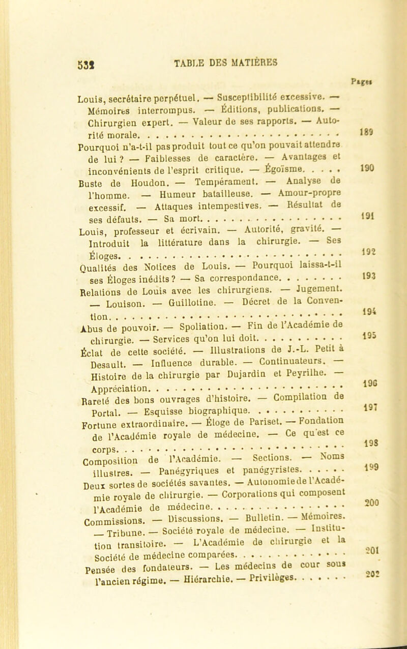 53* Pir« Louis, secrétaire perpétuel. — Susceptibilité excessive. — Mémoires interrompus. — Éditions, publications. — Chirurgien expert. — Valeur de ses rapports. — Auto- rité morale Pourquoi n’a-t-il pas produit tout ce qu’on pouvait attendre de lui ? — Faiblesses de caractère. — Avantages et inconvénients de l'esprit critique. — Égoïsme Buste de Houdon. — Tempérament. — Analyse de l’homme. — Humeur batailleuse. — Amour-propre excessif. — Attaques intempestives. — Résultat de ses défauts. — Sa mort Louis, professeur et écrivain. — Autorité, gravité. — Introduit la littérature dans la chirurgie. — Ses Éloges Qualités des Notices de Louis. — Pourquoi laissa-t-il ses Éloges inédits ? — Sa correspondance Relations de Louis avec les chirurgiens. — Jugement. _ Louison. — Guillotine. — Décret de la Conven- tion • ; •• Abus de pouvoir. — Spoliation. — Fin de 1 Académie de chirurgie. — Services qu’on lui doit • ; Éclat de cette société. — Illustrations de J.-L. Petit à Desault. — Influence durable. — Continuateurs. Histoire de la chirurgie par Dujardin et Peyrilhe. Appréciation Rareté des bons ouvrages d’histoire. — Compilation de Portai. — Esquisse biographique • Fortune extraordinaire. — Éloge de Pariset. Fondation de l’Académie royale de médecine. — Ce qu'est ce corps ' ' ’ Composition de l’Académie. — Sections. — Noms illustres. — Panégyriques et panégyristes. Deux sortes de sociétés savantes. — Autouomiede l’Acadé- mie royale de chirurgie. — Corporations qui composent l’Académie de médecine ■ • • • • Commissions. — Discussions. — Bulletin. — Mémoires. Tribune.— Société royale de médecine. — Institu- tion transitoire. — L’Académie de chirurgie et la Société de médecine comparées Pensée des fondateurs. — Les médecins de cour sous l’ancien régime. — Hiérarchie. — Privilèges 189 190 191 192 193 194 195 19C 197 198 199 200 201 202