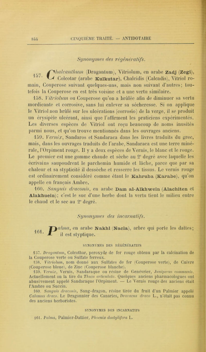 Synonymes des régénératifs. Chalcanthum (Dragantum), Vitriolum, en arabe Zadj (Zegi), Coleotar (arabe Kulkutar), Chalcidis (Calcadis), Vitriol ro- main, Couperose suivant quelques-uns, mais non suivant d’autres; tou- tefois la Couperose en est très voisine et a une vertu similaire. 158. Vitriolum ou Couperose qu’on a brûlée afin de diminuer sa vertu mordicante et corrosive, sans lui enlever sa sécheresse. Si on applique le Vitriol non brûlé sur les ulcérations (corrosio) de la verge, il se produit un érysipèle ulcérant, ainsi que l’affirment les praticiens expérimentés. Les diverses espèces de Vitriol ont reçu beaucoup de noms inusités parmi nous, et qu’on trouve mentionnés dans les ouvrages anciens. 159. Vernix, Sandaros et Sandaraca dans les livres traduits du grec, mais, dans les ouvrages traduits de l’arabe, Sandaraca est une terre miné- rale, l’Orpiment rouge. 11 y a deux espèces de Vernis, le blanc et le rouge. Le premier est une gomme chaude et sèche au 2e degré avec laquelle les écrivains saupoudrent le parchemin humide et lâche, parce que par sa chaleur et sa stypticité il dessèche et resserre les tissus. Le vernis rouge est ordinairement considéré comme étant le Kahruba (Karabe), qu’on appelle en français Ambre. 160. Sanguis draconis, en arabe Dam al-Alkhwein (Alachiten et Alakhuein); c’est le suc d’une herbe dont la vertu lient le milieu entre le chaud et le sec au 2° degré. Synonymes des incarnatifs. Palma, en arabe Nakhl (Nacla), arbre qui porte les dattes; il est styptique. SYNONYMES DES RÉGÉNÉRATIFS 157. Dragantum, Colcothar, peroxyde de fer rouge obtenu par la calcination de la Couperose verte ou Sulfate ferreux. 158. Vitriolum, nom donné aux Sulfates de fer (Couperose verte), de Cuivre (Couperose bleue), de Zinc (Couperose blanche). 150. Vernix, Vernis, Sandaraque ou résine de Genévrier, Juniperus communis. Actuellement on la tire du Thuia articulata. Quelques anciens pharmacologues ont abusivement appelé Sandaraque l'Orpiment. — Le Vernis rouge des anciens était l’Ambre ou Succin. 160. Sanguis draconis, Sang-dragon, résine tirée du fruit d'un Palmier appelé Calamus draco. Le Dragonnier des Canaries, Dracaena draco L., n’était pas connu des anciens herboristes. SYNONYMES DES INCARNATIFS 161. Palma, Palmier-Dattier, Phoenix dactylifera L.