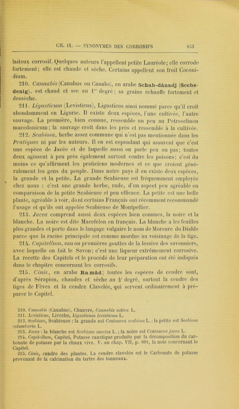laiteux corrosif. Quelques auteurs l’appellent petite Lauréole; elle corrode fortement; elle est chaude et sèche. Certains appellent son fruit Coconi- dium. 210. Cannabis (Canabus ou Canabs), en arabe Schah-dânadj (Scehe- denig), est chaud et sec au J degré; sa graine échautfe fortement et dessèche. 211. Ligusticum (Levisticus), Ligusticus ainsi nommé parce qu'il croît abondamment en Ligurie. Il existe deux espèces, l'une cultivée, l’autre sauvage. La première, bien connue, ressemble un peu au Petroselinon macedonicum; la sauvage croît dans les prés et ressemble à la cultivée. 212. Scabiosa, herbe assez commune qui n’est pas mentionnée dans les Pratiques ni par les auteurs. 11 en est cependant qui assurent que c’est une espèce de Jacée et de laquelle aussi on parle peu ou pas; toutes deux agissent à peu près également surtout contre les poisons; c’est du moins ce qu’affirment les praticiens modernes et ce que croient géné- ralement les gens du peuple. Dans notre pays il en existe deux espèces, la grande et la petite. La grande Scabieuse est fréquemment employée chez nous : c’est une grande herbe, rude, d’un aspect peu agréable en comparaison de la petite Scabieuse et peu efficace. La petite est une belle plante, agréable à voir, dont certains Français ont récemment recommandé l’usage et qu’ils ont appelée Scabieuse de Montpellier. 213. Jacea comprend aussi deux espèces bien connues, la noire et la blanche. La noire est dite Macefelon en français. La blanche a les feuilles plus grandes et porte dans le langage vulgaire le nom de Morsure du Diable parce que la racine principale est comme mordue au voisinage de la tige. 21/j. Capitellum, eau ou premières gouttes de la lessive des savonniers, avec laquelle on fait le Savon; c’est une liqueur extrêmement corrosive. La recette des Capitels et le procédé de leur préparation ont été indiqués dans le chapitre concernant les corrosifs. 215. Cinis, en arabe Ramâd; toutes les espèces de cendre sont, d’après Sérapion, chaudes et sèche au h° degré, surtout la cendre des tiges de Fèves et la cendre Clavelée, qui servent ordinairement à pré- parer le Capitel. 210. Cannabis (Canabus), Chanvre, Cannabis sativa L. 211. Levisticus, Livèche, Ligusticum levisticum L. 212. Scabiosa, Scabieuse : la grande est Ccntaurea scabiosa L. ; la petite est Scabiosa columbaria L. 213. Jacea : la blanche est Scabiosa succisa L. ; la noire est Cenlaurca jacea L. 214. Capitellum, Capitel, Potasse caustique produite par la décomposition du car- bonate de potasse par la chaux vive. V. au chap. Vit, p. 801, la noie concernant le Capitel. 215. Cinis, cendre des plantes. La cendre clavelée est le Carbonate de potasse provenant de la calcination du tartre des tonneaux.