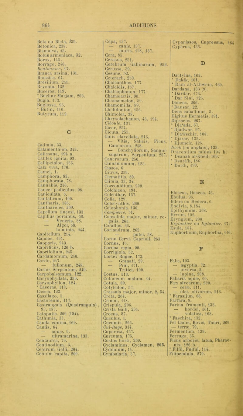 Bela ou Blela, 239. Betonica, 238. Bismalva, 43. Bolus armeniaca, 32. Borax, 143. Borrago, 240. Moutonnier, 17. Branca ursina, 131. Brassica, 64. Bresilium, 241. Bryonia, 132. Buceros, 119. * Buchur Marjam, 203. Bugia, 173. Buglossa, 93. * Butin, 110. Butyrum, 112. G Cadmia, 33. Calamenlhum, 242. Caliasana, 194 a. Califex ignila, 93. Callipetalou, 165. Calx viva, 170. Camel, 1. Camphora, 83. Cainphorata, 78. Cannabis, 210. Cancer pediculus, 98. Caniculata, 5. Cantabrum, 100. Canlharis, 186. Cantharides, 209. Capellum tineosi, 133. Capillus porcinus, 58. — Veneris, 58. — Algol, 58. hominis, 244. Capitellum, 214. Capnos, 194. Capparis, 243. Caprificus, 126 b. Capri folium, 245. Cardamomum, 246. Cardo, 247. — fullonum, 248. Garnis Serpenturn, 249. Garpobalsamum, 122. Caryophyllata, 250. Caryophyllon, 124. * Casoras, 118. Cassia, 123. Cassilago, 5. Castoreum, 117. Castrangula (Quadrangula), 93, 187. Cataputia, 209 (184). Cathimia, 33. Cauda equina, 169. Caulis, 64. — aquæ, 9. — ultramarina, 133. Centaurea, 79. Cenlinodium, 3. Centrum Galli, 204. Centum capita, 200. Cepa, 137. — canis, 137. — mûris, 128, 137. Cera, 85. Ccrasus, 251. Cerebrum Gallinarum, 252. Cerussa, 39. Cesune, 52. Ceterach, 253. Chalcanthos, 177. Chalcidis, 157. Clialcophonon, 177. Chamæaclis, 90. Chamæmelon, 89. Chamomilla, 89. Chelidonion, 156. Chimolea, 38. Ghrysolachanon, 43, 194. Ciboule, 137. Ciccr, 254. Cicula, 255. Cinis elavellala, 215. — Vitis, Salicis, Ficus, Cannarum, 258. — Conchyliorum, Sangui- sugarum, Serpen turn, 257. Cancrorum, 256. Cinnamomuii}, 125. Cissos, 6. Citrus, 259. Clematitis, 80. Glimia, 33, 34. Cocconidium, 209. Colchicon, 191. Colcothar, 157. Colla. 129. Colocynthis, 260. Colophonia, 130. Compierre, 51. Consolida major, minor, re- gal is, 261. Corallus, 36. Coriandrum, 262. — putei, 58. Cornu Cervi, Caprioli, 263. Cornus, 16. Corona regia, 90. Corrigiola, 52. Cortex Bugiæ, 173. — Granati, 29. — Pini, 171. — Tri t ici, 100. Costus, 113. Cotoneum malum, 14. Cotula. 89. Cotyledon, 57. Cra'ssula major, minor, 2, 54. Greta, 264. Crinon, 118. Crispula, 206. Crista Galli, 204. Crocus, 87. Cuculus, 1. Cucumis, 265. Cul-liage, 314. Cuperoisa, 157. Curcuma, 175. Custos horti, 209. Cyclaminos, Cyclamen, 205. Cydonium, 14. Cymbalaria, 57. Cvparissos, Cupressus, 164 Cyperus, 155. D Dactvlus, 162. * Dakik, 101. * Dam al-Akhwein, 160. Dardana, 133 (9). * Dardar, 176. * Dar Si ni, 125. Daucus, 266. * Dausar, 22. Dens caballinus, 5. Digitus Hermetis, 191. Dipsacus, 267. * Dja‘ada. 67. ‘ Djadwar, 97. * Djawschir, 108. ’ Djazar, 135. * Djumeiz, 126. Dock (en anglais), 133. Dracontium minus 194 h. * Dsanab al-Khcil, 169. * Dsurâ’h, 186. * Durdi, 199. E Ebiscus, Ibiscus, 45. Ebulus, 96. Ed era ou Hedera, 6. Endivia, 8,184. Epithymum. 268. Ervum, 102. Eryngium, 200. Esglantier ou Eglantier, 17. Esula, 184. Euphorbium, Euphorbia, 116. F Faba,103. — ægyplia, 72. — inversa, 2. — lupina, 208. Fabaria aquæ, 60. Fax alvearum, 220. — ceræ, 111. — olei, olivarum, 216. ’ Farasijun, 66. Farfara, 9. Farina frumenti, 135. — hordei, 101. — volatica, 168. * Faschira, 132. Fel Canis, Bovis, Tauri, 269. — terne, 79. Fermenlum, 139. Ferrugo, 35. Ficus arboris, fatua, Pharao- nis, 126 b. * Filfil, Fulfill, 114. Filipendula, 270.