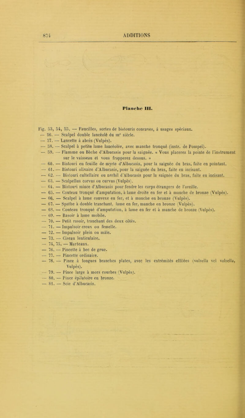Planche III. Fig. 53, 54, 55. — Faucilles, sortes de bistouris concaves, à usages spéciaux. — 56. — Scalpel double lancéolé du ni® siècle. — 57. — Lancette à abcès (Vulpès). ■— 58. — Scalpel à petite lame laucéolce, avec manche tronqué (instr. de Pompeï). — 59. — Flamme ou Bêche d’Albucasis pour la saignée. « Vous placerez la pointe de l'instrument sur le vaisseau et vous frapperez dessus. » — 60. — Bistouri en feuille de myrte d’Albucasis, pour la saignée du bras, faite en pointant. — 61. — Bistouri olivaire d’Albucasis, pour la saignée du bras, faite en incisant. — 62. — Bistouri cultellaire ou ncchil d’Albucasis pour la saignée du bras, faite en incisant. — 63. — Scalpellus corvus ou curvus (Vulpès). — 64. — Bistoun mince d’Albucasis pour fendre les corps étrangers de l’oreille. — 65. — Couteau tronqué d’amputation, à lame droite en fer et à manche de bronze (Vulpès). — 66. — Scalpel k lame convexe en fer, et à manche en bronze (Vulpès). — 67. — Spathe k double tranchant, lame en fer, manche en bronze (Vulpès). — 63. — Couteau tronqué d’amputation, k lame en fer et k manche de bronze (Vulpès). — 69. — Rasoir k lame mobile. — 70. — Petit rasoir, tranchant des deux côtés. — 71. —Impulsoir creux ou femelle. — 72. — Impulsoir plein ou mâle. — 73. — Ciseau lenticulaire. — 74, 75. — Marteaux. — 76. — Pincette à bec de grue. — 77. — Pincette ordinaire. — 78. — Pince à longues branches plates, avec les extrémités effilées (vulsella vcl volsella, Vulpès). — 79. — Pince large k mors courbes (Vulpès). — 80. — Pince épilatoire en bronze. — 81. — Scie d’Albucasis.