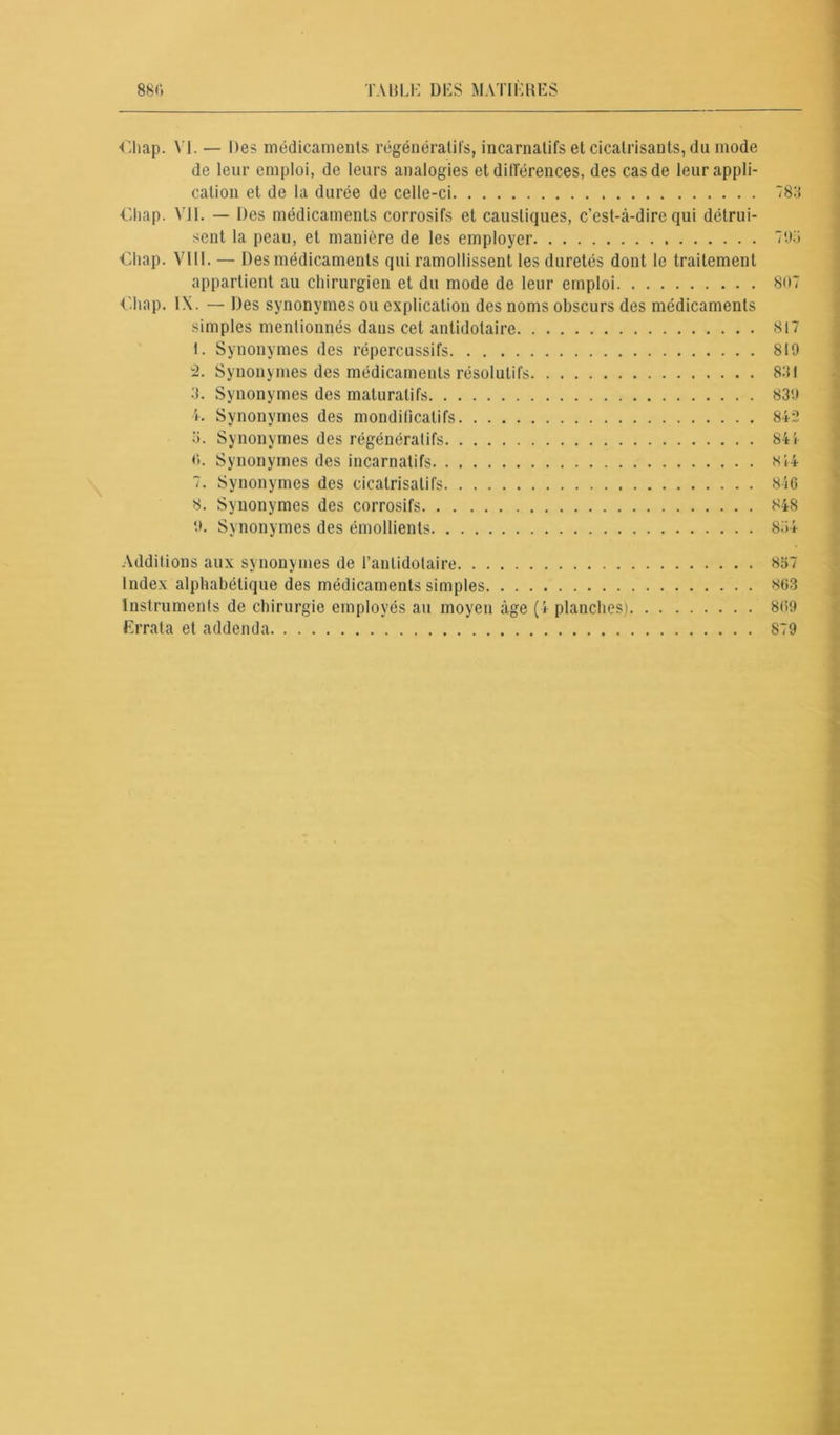 Chap. VI. — Des médicaments régénérâtes, incarnatifs et cicatrisants, du mode de leur emploi, de leurs analogies et différences, des cas de leur appli- cation et de la durée de celle-ci 783 Chap. VII. — Des médicaments corrosifs et caustiques, c’est-à-dire qui détrui- sent la peau, et manière de les employer 793 Chap. VIII. — Des médicaments qui ramollissent les duretés dont le traitement appartient au chirurgien et du mode de leur emploi 807 Chap. IX. — Des synonymes ou explication des noms obscurs des médicaments simples mentionnés dans cet antidotaire 817 1. Synonymes des répercussifs 819 2. Synonymes des médicaments résolutifs 891 3. Synonymes des maturalifs 839 4. Synonymes des mondificatifs 843 o. Synonymes des régénératifs 84 4 6. Synonymes des incarnatifs 81-4 7. Synonymes des cicatrisalifs 846 8. Synonymes des corrosifs 848 9. Synonymes des émollients 834 Additions aux synonymes de l’antidotaire 837 Index alphabétique des médicaments simples 863 Instruments de chirurgie employés au moyen âge (4 planches) 869 Errata et addenda 879