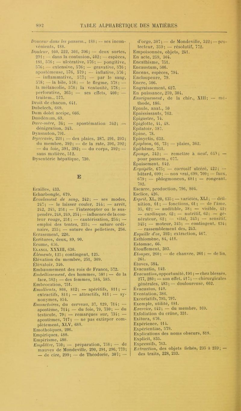 Douceur dans les pansem., 188 ; — ses incon- vénients, 188. Douleur, 160, 222, 301, 396; — deux sortes, 291 ; — dans la contusion, 402; — espèces, 181, 576; — ulcerative, 570; — pongitive, 576; — extensive, 576; — gravative, 576 ; aposlémeuse, 576, 579; — inHâtive, 576 ; — infiammalive, 577; — par le sang, 578; — la bile, 578; — le flegme, 578 ; — la mélancolie, 578; la ventosité, 578; — perforative, 365; — ses elTets, 400; — traitem., 577. Droit de chacun, 641. Dubelech, 669. Du ni dolet accipe, 666. Duodénum, 69. Dure-mère, 34; — apostèmalion 342; — denigration, 343. Dyasnuton, 791. Di/scrasie, 221; — des plaies, 287, 291. 293; ilu membre, 392; — de la rate, 391, 392; — du foie, 391, 392; — du corps, 392; — sans matière, 512. Dysenterie hépatique, 730. E Écailles, 433. Echarbongle, 679. Écoulement de sang, 242; — ses modes, 247; — le laisser couler, 244; — arrêt, 242, 245, 251; — l’intercepter ou le sus- pendre, 24S, 249, 254; — influence de la cou- leur rouge, 251; — cautérisation, 254; — emploi des tentes, 255; — suture ordi- naire, 255; — suture des pelletiers, 256. Écrasement, 220. Écritures, deux, 89, 90. Écume, 656. Elangi, XXXIII, 630. Éléments, 125; contingent, 125. Élévation du membre, 251, 309. Élévatoir, 340. Embaumement des rois de France, 572. Embellissement, des hommes, 581 ; — de la face, 582; —des femmes, 584, 585. Embrocation, 751. Emollients, 808, 812; — apéritifs, 811; — extractifs, 811; — attractifs, 811;— sy- nonymes, 854. Emonctoires, du cerveau, 37, 129, 714; — aposlème, 714; — du foie, 79, 730; — du testicule, 79; — remarques sur, 734; — apostèmes, 717; — ne pas extirper com- plètement, XLV, 688. Emothoïques, 206. Empiriques, 480. Empirisme, 480. Emplâtre, 750; — préparation, 758; — de mauves de Mondeville, 290, 291, 296, 773; — de cire, 299; — de Théodoric, 307; — d’orge. 307;— de Mondeville, 322; — pro- tecteur, 359; — résolutif, 772. Empoisonnés, objets, 241. En acte, 259, 304. Encathisme, 751. Encaustum, 506. Encens, espèces, 794. Encloupeure, 79. Encre, 506. Engraissement, 627. En puissance, 259, 304. Enseignement, de la chir., XIII; — mé- thode, 186. Epaule, anaL, 50 Épaississants, 762. Epigastre, 74. Epiglotte, 4 4, 48. Épilatoir, 587. Épine, 78. Epinyclis, 632. Epiploon, 66, 73; — plaies, 362. Épilhème, 751. Éponge, 342; — remettre à neuf. 649 ; — pour pansem., 677. Épuisement, 142. Erysipèle, 675; — corrosif ulcéré, 422; — bâtard, 699; — non vrai, 699, 700; — faux, 679; — phlegmoneux, 681; — rongeant. 702. Escarre, production, 796, 804. Esclice, 426. Esprit, XL, 20, 135; — variétés, XLI ; — défi- nition, 61; — fonctions, 61; — de l’âme. 35, 62; — auditible, 38; — visible, 42; — cardiaque, 62; — nutritif, 62; — gé- nérateur, 62; — vital, 345; — sensitif. 345; — moteur, 345; — contingent. 134; — rassemblement des, 243. Esquille d'os, 393; extraction, 467. Esthiomène, 84, 411. Estomac, 66. Étouffement, 303. Ètoupes, 260; —de chanvre. 261: — de lin. 261. Étuves, 584. Evacuatio, 142. Évacuation,opportunité, 191 ; — chez blessés. 277, 280 ; — son effet, 417; — chirurgicales générales, 483;— douloureuse, 662. Évacuatus, 142. Evenlation, 386. Excoriât ifs, 795, 797. Exemple, utilité, 181. Exercice, 142; — du membre. 169. Exfoliation du crâne, 331. Exitura, 670. Expérience, 114. Expérientiae, 579. Explications des noms obscurs, 818. Explicit, 855. Expressifs, 763. Extraction, des objets fichés, 235 à 239; — des traits, 228, 233.