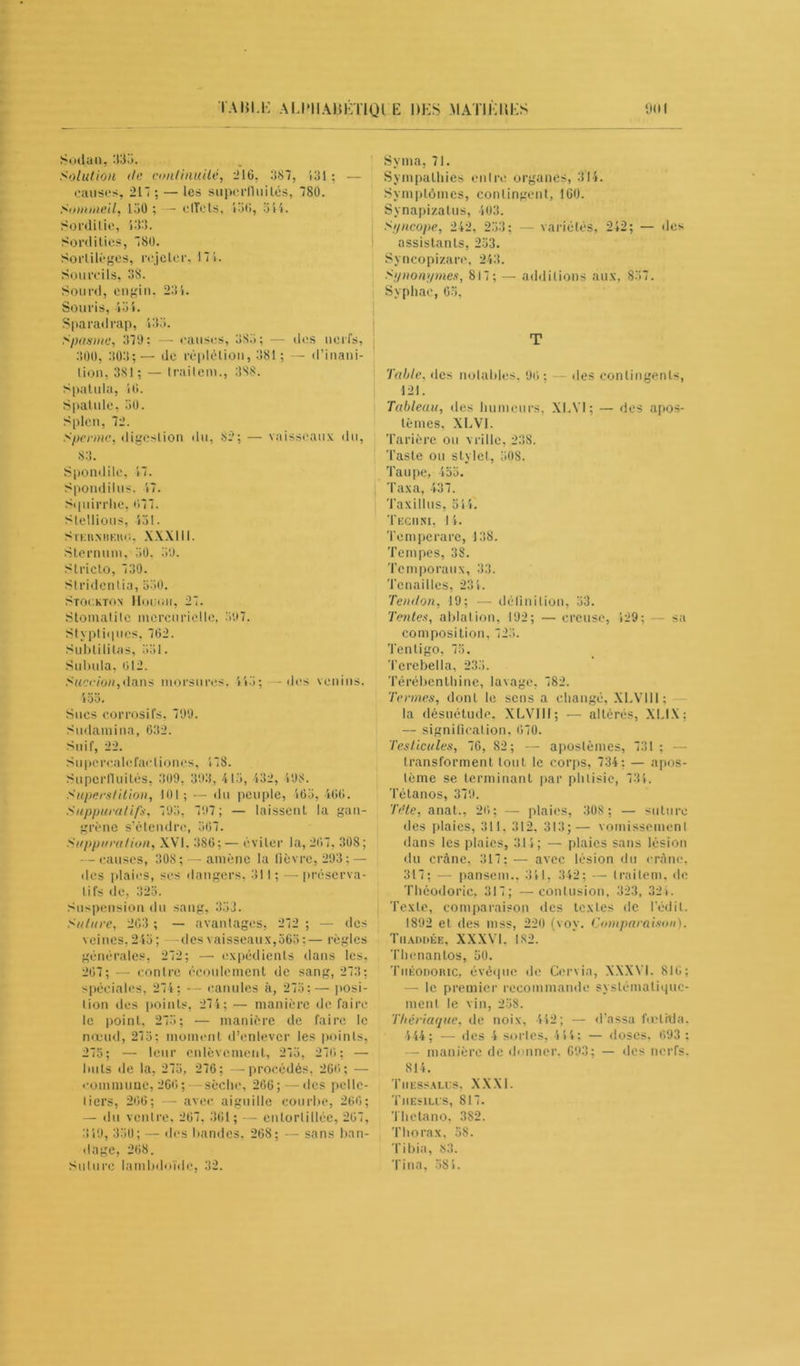 TAULE AMMIAUÉTIQl'E DES .M ATI K II ES 0(H Sudan, 333. Solution de continuité, 216. 387, 131; — causes, 217; — les superfluités, 780. Sommeil, 150; — elîcts, 136, 311. Sordilie, 533. Surdities, 780. Sortilèges, rejeter, 171. Sourcils, 38. Sourd, engin. 231. Souris, 131. Sparadrap, 133. Spasme, 379; — causes, 3S6; — îles nerfs, 300, 303;— de repletion, 381; — d’inani- tion, 381 ; — Irailem., 3S8. Spatula, 16. Spatule, 30. Splcn, 72. Sperme, digestion du, 82; — vaisseaux du, 83. Spondile, 17. Spondilus. 17. Squirrhe, 677. Stellious, 431. Sl'KIi.NHKHU. XXXIII. Sternum, 30, 39. Stricto, 730. Stridcnlia, 330. Stockton Houoii, 27. Stomatite mercurielle, 397. Styptiqucs, 762. Sublililas, 331. Sulnda, 612. Succion,dans morsures. 113; -des venins. 133. Sucs corrosifs, 799. Sudamina, 632. Suif, 22. Supercalefactioncs, 178. Superlluités, 309, 393, 413, 132, 198. Superstition, 101; — du peuple, 163, 166. Suppuratifs, 793, 797; — laissent la gan- grène s’étendre, 367. Suppuration, XVI, 386;— éviter la, 267, 308; — causes, 308 ; — amène la fièvre, 293 ; — des plaies, ses dangers, 311 ; — préserva- tifs de, 323. Suspension du sang, 333. Salure, 263 ; — avantages, 272 ; — des veines, 243; —des vaisseaux,363;— règles générales, 272; — expédients dans les, 267; — contre écoulement de sang, 273; spéciales, 274; — canules à, 273; — posi- tion des points, 271; — manière de faire le point. 273; — manière de faire le nœud, 273; moment d’enlever les points, 273; — leur enlèvement, 275, 276; — buts de la, 273, 276; —procédés, 266; — commune, 266; — sèche, 266; — des pelle- tiers, 266; — avec aiguille courbe, 266; — du ventre, 267, 361; — entortillée, 267, 319, 330; — des bandes. 268; — sans ban- dage, 268. Suture lambdoïde, 32. Syma, 71. Sympathies entre organes, 314. Symptômes, contingent, 160. Synapizatus, 403. Syncope, 242, 233; — variétés, 212; — des assistants, 233. Syncopizare, 243. Synonymes, 817; — additions aux, 837. Syphac, 63, T Table, des notables. 96; — des contingents, 121. Tableau, des humeurs, XI.YI; — des apos- té mes, XL VI. Tarière ou vrille, 238, Taste ou stylet, 508. Taupe, 453. Taxa, 437. Taxillus, 344. Teghni, 11. Temperarc, 138. Tempes, 38. Temporaux, 33. Tenailles, 231. Tendon, 19; — définition, 33. Tentes, ablation, 192; — creuse, 529 ; sa composition, 723. Tenligo, 73. Terebella, 233. Térébenthine, lavage, 782. Termes, dont le sens a changé, XLVIII: la désuétude, XLVIII; — altérés, XLIX; — signification, 670. Testicules, 76, 82; — apostèmes, 731 : — transforment tout le corps, 734; — apos- lème se terminant par phtisie, 731. Tétanos, 379. Tête, anal., 26; — plaies, 30S ; — suture des plaies, 311. 312, 313;— vomissement dans les plaies, 314; — plaies sans lésion du crâne, 317; — avec lésion du crâne, 317; — pansem., 341, 342; — Irailem, de Théodoric, 317; —contusion, 323, 325. Texte, comparaison tics textes de ledit. 1892 et des mss, 220 (vov. Comparaison). Tiiaddée, XXXVI. 182. Thcnantos, 50. Théodoric, évêque de Ccrvia, XXXVI. 816; — le premier recommande systématique- ment le vin, 238. 'Thériaque, de noix, 442; — d'assa fœthla. 444; — des 4 sortes, 4 44: — doses. 693 : — manière de donner. 693; — des nerfs, 814. Tiiessaixs, XXXI. Tjiesilcs, 817. Thetano, 3S2. Thorax, 38. Tibia, 83. Tina, 584.
