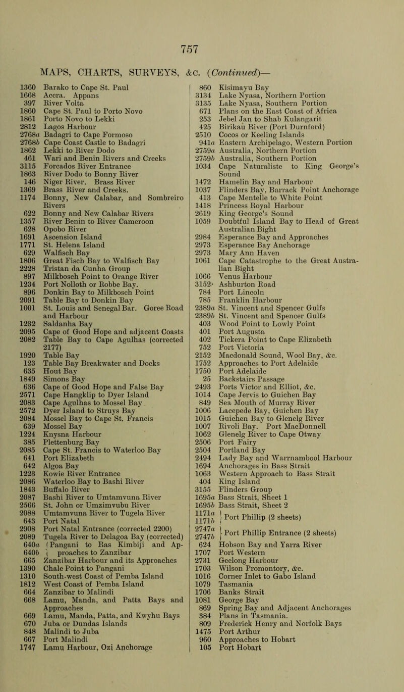 MAPS, CHAETS, SURVEYS, 1360 Barako to Cape St. Paul 1668 Accra. Appans 397 Elver Volta 1860 Cape St. Paul to Porto Novo 1861 Porto Novo to Lekki 2812 Lagos Harbour 2768(1 Badagri to Cape Formoso 27681) Cape Coast Castle to Badagri 1862 Lekki to Eiver Dodo 461 Wari and Benin Elvers and Creeks 3115 Forcados Eiver Entrance 1863 Eiver Dodo to Bonny Eiver 146 Niger Eiver. Brass Eiver 1369 Brass Eiver and Creeks. 1174 Bonny, New Calabar, and Sombreiro Elvers 622 Bonny and New Calabar Elvers 1357 Eiver Benin to Eiver Cameroon 628 Opobo Eiver 1691 Ascension Island 1771 St. Helena Island 629 Walfisch Bay 1806 Great Fisch Bay to Walfisch Bay 2228 Tristan da Cunha Group 897 Milkbosch Point to Orange River 1234 Port Nolloth or Eobbe Bay. 896 Donkin Bay to Milkbosch Point 2091 Table Bay to Donkin Bay 1001 St. Louis and Senegal Bar. Goree Eoad and Harbour- 1232 Saldanha Bay 2095 Cape of Good Hope and adjacent Coasts 2082 Table Bay to Cape Agulhas (corrected 2177) 1920 Table Bay 123 Table Bay Breakwater and Docks 635 Hout Bay 1849 Simons Bay 636 Cape of Good Hope and False Bay 2571 Cape Hangklip to Dyer Island 2083 Cape Agulhas to Mossel Bay 2572 Dyer Island to Struys Bay 2084 Mossel Bay to Cape St. Francis 639 Mossel Bay 1224 Kiiysna Harbour- 385 Plettenburg Bay 2085 Cape St. Francis to Waterloo Bay 641 Port Elizabeth 642 Algoa Bay 1223 Kowie Eiver Entrance 2086 Waterloo Bay to Bashi Eiver 1843 Buffalo Eiver 2087 Bashi Eiver to Umtamvuna Eiver 2.566 St. John or Umzimvubu Eiver 2088 Umtamvuna Eiver- to Tugela Eiver 643 Port Natal 2908 Port Natal Entrance (corrected 2200) 2089 Tugela Eiver to Delagoa Bay (corrected) 640(1 (Pangani to Eas Kimbiji and Ap- 6405 ( proaches to Zanzibar- 665 Zanzibar- Harbour and its Approaches 1390 Chale Point to Pangani 1310 South-west Coast of Pemba Island 1812 West Coast of Pemba Island 664 Zanzibar- to Malindi 668 Lamu, Manda, and Patta Bays and Approaches 669 Lamu, Manda, Patta, and Kwyhu Bays 670 Juba or Dundas Islands 848 Malindi to Juba 667 Port Malindi 1747 Lamu Harbour, Ozi Anchorage (.t C. (Continued)— I 860 Kisimayu Bay 3134 Lake Nyasa, Northern Portion 1 3135 Lake Nyasa, Southern Portion 671 Plans on the East Coast of Africa 253 Jebel Jan to Shab Kulangarit 425 Birikau Eiver- (Port Durnford) 2510 Cocos or Keeling Islands 941(1 Eastern Archipelago, Western Portion 2759n Australia, Northern Portion 27595 Australia, Southern Portion 1034 Cape Natirraliste to King George’s Sound 1472 Harnelin Bay and Harbour 1037 Flinders Bay, Barrack Point Anchorage 413 Cape Mentelle to White Point 1418 Princess Eoyal Harbour- 2619 King George’s Sound 10.59 Doubtful Island Bay to Head of Great Australian Bight 2984 Esperance Bay and Approaches 2973 Esperance Bay Anchorage 2973 Mary Ann Haven 1061 Cape Catastrophe to the Great Austra- lian Bight 1066 Venus Harbour 3152‘ Ashburton Eoad 784 Port Lincoln 785 Franklin Harbour 2389rt St. Vincent and Spencer- Gulfs 23895 St. Vincent and Spencer- Gulfs 403 Wood Point to Lowly Point 401 Port Augusta 402 Tickera Point to Cape Elizabeth 752 Port Victoria 2152 Macdonald Sound, Wool Bay, Ac. 1752 Approaches to Port Adelaide 1750 Port Adelaide 25 Backstairs Passage 2493 Ports Victor- and Elliot, Arc. 1014 Cape Jervis to Guichen Bay 849 Sea Mouth of Murray Eiver 1006 Lacepede Bay, Guichen Bay 1015 Guichen Bay to Glenelg Eiver 1007 Eivoli Bay. Port MacDonnell 1062 Glenelg Eiver- to Cape Otway 2506 Port Fairy 2504 Portland Bay 2494 Lady Bay and Warrnambool Harbour 1694 Anchorages in Bass Strait 1063 Western Approach to Bass Strait 404 King Island 3155 Flinders Group 1695a Bass Strait, Sheet 1 16955 Bass Strait, Sheet 2 11715 !' (2 sheets) ^7475 I Phillip Entrance (2 sheets) 624 Hobson Bay and Yarra River- 1707 Port Western 2731 Geelong Harbour- 1703 Wilson Promontory, Ac. 1016 Corner Inlet to Gabo Island 1079 Tasmania 1706 Banks Strait 1081 George Bay 869 Spring Bay and Adjacent Anchorages 384 Plans in Tasmania. 809 Frederick Henry and Norfolk Bays 1475 Port Arthur 960 Approaches to Hobart 105 Port Hobart