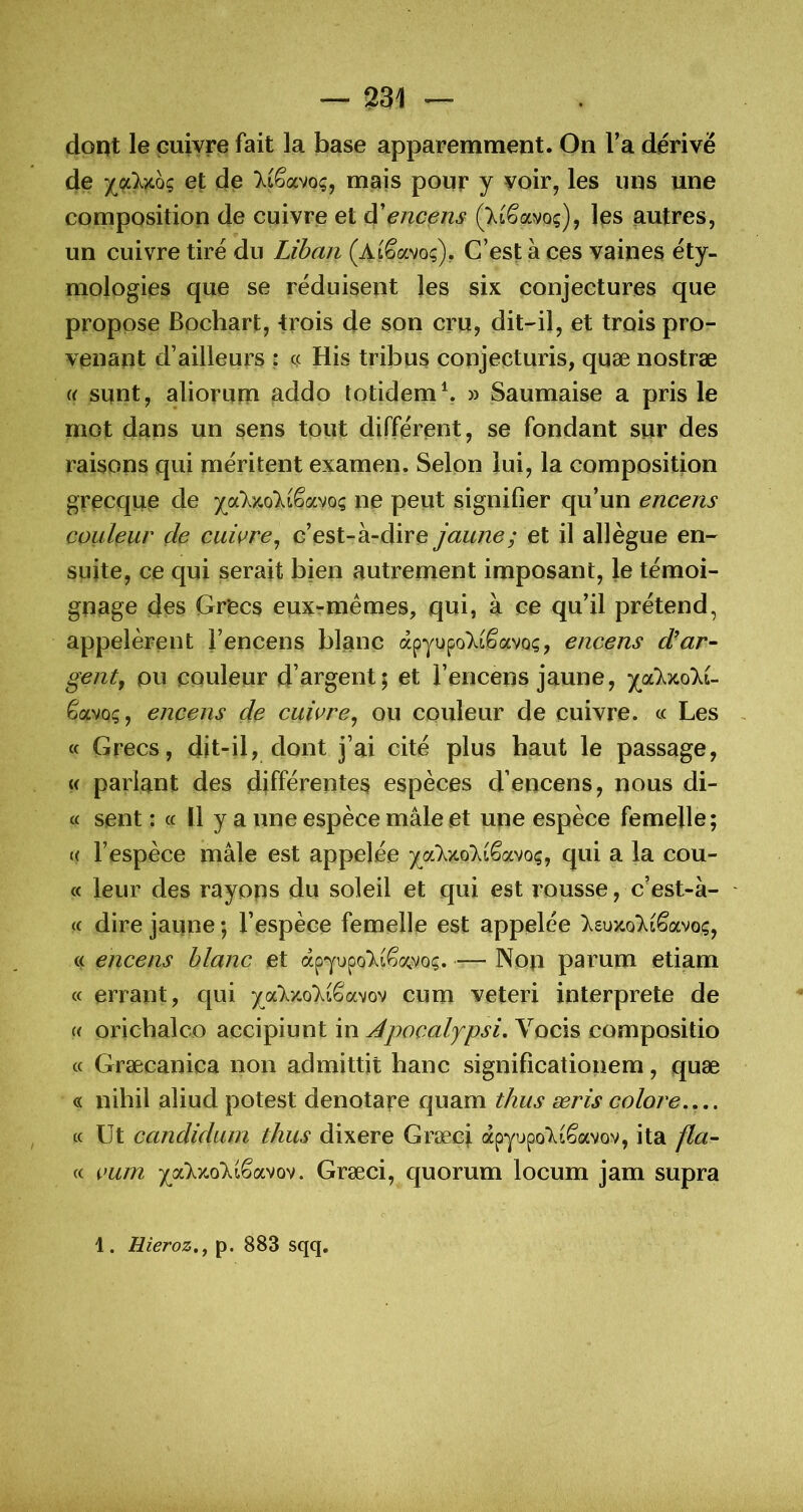 dont le puivre fait la base apparemment. On Ta dérive de T^iêavoç, mais pour y voir, les uns une composition de cuivre et à'encens ();têavoç), les autres, un cuivre tiré du Liban (Aiêavo^), C’est à ces vaines éty- mologies que se réduisent les six conjectures que propose Bochart, trois de son cru, dit-il, et trois pro- venant d’ailleurs : ce His tribus conjecturis, quæ nostræ (( sunt, aliorum addo lotidem\ » Saumaise a pris le mot dans un sens tout différent, se fondant sur des raisons qui méritent examen. Selon lui, la composition grecque de ne peut signifier qu’un encens couleur de euwre^ c’est-à-dire jaune; et il allègue en- suite, ce qui serait bien autrement imposant, le témoi- gnage des Grecs eux-mémes, qui, à ce qu’il prétend, appelèrent l’encens blanc apyupoXiêavQç, encens dlar- genty pu couleur d’argent; et l’encens jaune, yjihxoki- êavQç, encens de cuivre^ ou couleur de cuivre, cc Les cc Grecs, dit-il, dont j’ai cité plus haut le passage, « pariant des différentes espèces d’encens, nous di- « sent ; cc 11 y a une espèce mâle et une espèce femelle; (( l’espèce mâle est appelée qui a la cou- cc leur des rayons du soleil et qui est rousse, c’est-à- (c dire jaune ; l’espèce femelle est appelée (( encens blanc et apyupolifeoç. — Non parum etiam cc errant, qui y^aV/co^iêavov cum veteri interprète de (c orichalco accipiunt in Apocalypsi, Vocis compositio cc Græcanica non admittit banc significatioiiem, quæ « nihil aliud potest denotare quam thus æris colore,,,. cc Ut candidum thus dixere Græci apYupoliÉavov, ita fia- cc mm Græci, quorum locum jam supra 1. Hieroz.f p. 883 sqq.