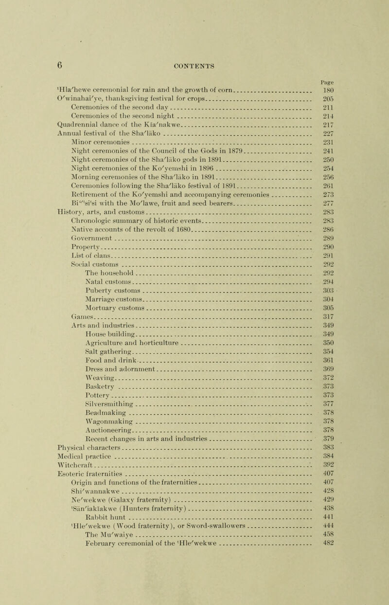 Page tHla/hewe ceremonial for rain and the growth of corn 180 O'winahai'ye, thanksgiving festival for crops 205 Ceremonies of the second day 211 Ceremonies of the second night 214 Quadrennial dance of the Kia/nakwe 217 Annual festival of the Sha'liiko 227 Minor ceremonies : 231 Night ceremonies of the Council of the Gods in 1879 241 Night ceremonies of the Sha'liiko gods in 1891 250 Night ceremonies of the Ko'yemshi in 1896 254 Morning ceremonies of the Sha'lUko in 1891 256 Ceremonies following the Sha/liiko festival of 1891 261 Retirement of the Ko'yemshi and accompanying ceremonies 273 Bi‘/tsitsi with the Mo'Iawe, fruit and seed bearers 277 History, arts, and customs 283 Chronologic summary of historic events 283 Native accounts of the revolt of 1680 286 Government 289 Property 290 List of clans 291 Social customs 292 The household 292 Natal customs 294 Puberty customs „ 303 Marriage customs 304 Mortuary customs 305 Games ; 317 Arts and industries 349 House building 349 Agriculture and horticulture 350 Salt gathering 354 Food and drink 361 Dress and adornment _ 369 Weaving 372 Basketry 373 Pottery 373 Silversmithing 377 Beadmaking 378 Wagonmaking 378 Auctioneering 378 Recent changes in arts and industries 379 Physical characters 383 Medical practice 384 Witchcraft . 392 Esoteric fraternities 407 Origin and functions of the fraternities 407 ShPwannakwe 428 Ne'wekwe (Galaxy fraternity) 429 ■Siin'iaklakwe (Hunters fraternity) 438 Rabbit hunt 441 ‘Hle'wekwe (Wood fraternity), or Sword-swallowers 444 The Mu'waiye 458 February ceremonial of the lHle/wekwe 482