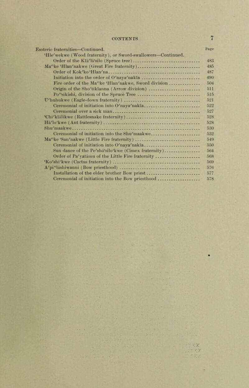 Esoteric fraternities—Continued. Pa&e ‘Hle'wekwe (Wood fraternity), or Sword-swallowers—Continued. Order of the KTii/liPsilo (Spruce tree) 483 Ma/lke ‘Hlan'nakwe (Great Fire fraternity) 485 Order of Kok'ko‘Hlan'na 487 Initiation into the order of 0/naya/nakia 490 Fire order of the Ma/!ke ‘Hlan'nakwe, Sword division 504 Origin of the Sho'tikianna (Arrow division) 511 Po^sikishi, division of the Spruce Tree 5.15 TJ'huhukwe (Eagle-down fraternity) 521 Ceremonial of initiation into O'naya'nakia 522 Ceremonial over a sick man 527 *Chi/kTalikwe (Rattlesnake fraternity) 528 Hii'lo'kwe (Ant fraternity) 528 Shu'maakwe 530 Ceremonial of initiation into the Shu'maakwe 532 Ma''ke ‘San'nakwe (Little Fire fraternity) 549 Ceremonial of initiation into O'naya'nakia 550 Sun dance of the Pe'sha'silo'kwe (Cimex fraternity) 564 Order of Pa'yatamu of the Little Fire fraternity 568 *Ko/shi‘kwe (Cactus fraternity) 569 A'p^'liisliiwanni (Bow priesthood) 576 Installation of the elder brother Bow priest 577 Ceremonial of initiation into the Bow priesthood 578 7.X