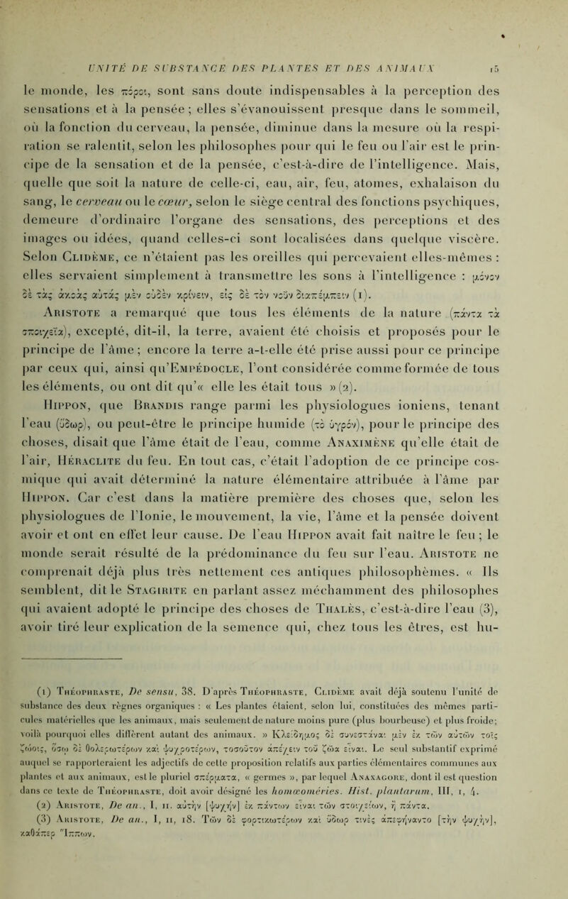 Ü.MTÉ DE EinSTAXCE DEE PLANTES ET DES AMMAEX le monde, les ■nipoi, sont sans doute indispensables à la perception des sensations et à la pensée; elles s’évanouissent prescpie dans le sommeil, oii la fonction du cerveau, la pensée, diminue dans la mesure oii la respi- ration se ralentit, selon les philosophes poiii- qui le feu ou l'aii' est le ])iin- ('ipe de la sensation et de la pensée, c’est-à-dire de l’intelligence. Mais, quelle que soit la nature de celle-ci, eau, air, feu, atomes, exhalaison du sang, le cerveau ou Xccœur, selon le siège central des fonctions psychiques, demeure d’ordinaire l’organe des sensations, des perceptions et des images ou idées, quand celles-ci sont localisées dans (pielque viscère. Selon Cliuème, ce n’étaient pas les oreilles qui percevaient elles-mêmes: elles servaient simplement à transmettre les sons à l’intelligence : oà Tiç ày.ci; airrâ; [j.àv lùcàv /.ptvs'.v, si; oà -:5V 'iyyib.y.rÂ\xr.v.'t (i). Aiusïotk a remar{|ué que tous les éléments de la nature (-âvta -:à s-îc/sïa), excepté, dit-il, la terre, avaient été choisis et proposés pour le primdpe de l’àine; encore la terre a-t-elle été prise aussi poui' ce principe |)ar ceux qui, ainsi qu’EMPÉDOCLE, l’ont considérée comme formée de tous les éléments, ou ont dit fpi’« elle les était tous »(2). lliPPON, que Brandis range paiani les physiologues ioniens, tenant l’eau (jowp), ou peut-être le principe humide [zh Oypov), pour le principe des choses, disait que rânie était de l’eau, comme Anaximène qu’elle était de l’air, IlÉRACLiTE du feu. En tout cas, c’était l’adoption de ce ])rincipe cos- micpie (pii avait déterminé la nature élémentaire attribuée à l’âme par IliPi'ON. Car c’est dans la matière première des choses que, selon les physiologues de l’Ionie, le mouvement, la vie, Eâme et la pensée doivent avoir et ont en elïct leur cause. De l’eau IIippon avait fait naître le feu ; le monde serait résulté de la prédominance du feu sur l’eau. Aristote ne comprenait déjà plus très nettement ces antiques philoso[)hèmes. Ils semblent, dit le Stagiiute en jiarlant assez méchamment des philosophes qui avaient adopté le primdpe des choses de Tiialès, c’est-à-dire l’eau (3), avoir tiré leur explication de la semence (pii, chez tous les êtres, est liu- (i) Théophraste, De sensu, 38. D'après Théophraste, Ci.idème avait déjà soutenu l’unité do substance des deux règnes organiques : « Los plantes étaient, selon lui, constituées des mêmes parti- cules matérielles (pie les animaux, mais seulement de nature moins pure (plus bourbeuse) et plus froide; voilà pour([uoi elles dillèront autant des animaux. » K^^Eiorjao; o; (jyvscjTava'. piv h. -Gv ajTtôy toi; 01(1) oi OoXc^coiTEptoy xai 'ij/poTÉptiiy, TOcjoStov toS Çiüa ciyac. Le seul substantif exprimé ampiel se rapporteraient les adjectifs de cette proposition relatifs aux parties élémentaires communes aux jilantes et aux animaux, est le pluriel a“c'ppa-a, « germes », par lequel Anaxacore, dont il est question dans ce texte do Théophraste, doit avoir désigné les Itoinœoinéries. Ilist. plnntarum, 111, i, 4- (a) Aristote, De au., I, ii. aÙTriy [']'U-/rJyj è/. -xvzmv sivai Tiüy atot/sifoy, r] -ay-a. (3) Aristote, De an., 1, ii, i8. Tiüy oÈ sopTizioTEpcoy -/.xi Gooip xiyÈ; ctixî'prjyayxo [xïjy (]/uyf,v], ■/.xOxr.sp 'T--(oy.