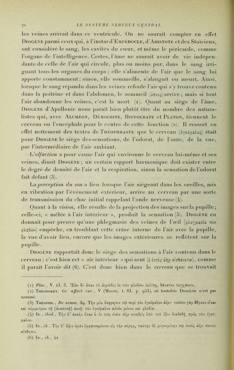 les veines arrivait clans ee ventricule. On Jie saurait compter en effet Diogène parmi eeux([ui, à l’instar d’EMPÉDoCLE, d’AmsTOTE et des Stoïciens, ont considéré le sang, les cavités du cceur, et même le péricarde, comme l’organe de l’intelligence. Certes, l’ànie ne saurait avoir de vie indépen- dante de celle de l’air cpii circule, plus ou moins pur, dans le sang irri- guant tous les organes du corps ; elle s’alimente de l’air <pie le sang lui apporte' constamment ; sinon, elle sommeille, s’alanguit ou meurt. Ainsi, lorscpie le sang répandu dans les veines refoule l’air cjui s’y trouve contenu dans la poitrine et dans l’abdomen, le sommeil arrive ; mais si tout l’air abandonne les veines, c’est la mort (i). Quant au siège de l’àme, Diogène d’Apollonie nous paraît bien plutôt être du nombre des natura- listes (|ui, avec Alcméon, Dèmociute, Hippocrate et Platon, tiennent le cerveau ou l’encéphale pour le centre de cette fonction (2). Il ressort en effet nettemeiU des textes de Théophraste (jue le cerveau (èyy.îoaAo^) était pour Diogène le siège des sensations, de l’odorat, de l’ouïe, de la vue, par l’intermédiaire de l’air ambiant. olfaction a pour cause l’air qui environne le cerveau lui-même et ses veines, disait Diogène ; un certain rapport harmonique doit exister entre le degré de densité de l’air et la respiration, sinon la sensation de l’odorat lait délaut (3). perception du son a lieu lorsque l’air siégeant dans les oreilles, mis en vibration par l’événement extérieur, arrive au cerveau par une sorte de transmission du choc initial rappelant l’onde nerveuse (4). Quant à la vision, elle résulte delà projection des images sur la pupille; celle-ci, « mêlée à l’air intérieur », jiroduit la sensation (5). Diogène en donnait pour preuve ([u’une plileginasie des veines de l’œil (o/.î'y/aji'a ~m'i oXe5(T)v) empêche, en troublant cette criise interne de l’air avc(‘ la pupille, la vue d’avoir lieu, encore que les images extérieures se rellèlent sur la |)upille. Diogène rapportait donc le siège des sensations à l’air contenu dans le cerveau ; c’est bien cet « air intéi-icur » qui sent (6 èvtgç àï;p a:GOâv£-:;z'.), comme il paraît l’avoir dit (6). C’est donc bien dans le cerveau que se trouvait (1) Plac., V, 23, 3. ’Eàv 8î â-av go àspwSs; svt giov (pX£6(»v ôàvaGOv Toy/âvsiv. (2) Théodoret, Gr. affect, cur., V (Migne, l. 83, p. q33), où toutefois Diogène n'est pas nommé. (3) Théopur., De sensu, 3g. Trjv |xsv OTçpr,aiv gio îtspl tov èy/.ÉeaXov àc'pr goutov yàp aOpouv alvai xa'i O'jrxji.cGpov G^ [avxxvo^] ày.oy gov èy/.eoaXov aÙGOv p.oyov '/.a'i o).s6''a, (4) li>., ihid., Tr,v 0’ àxor;v OGav ô àv goÎ; oiolv àr)p -/.ivriOcl; Cito go'j à'Ç'o oiaooOrj rpo; gov èyxÉ- çaXov. (5) Tr;v o’ oij/'-v ôpàv àp.çatvopLô'vfov si; Gf(V xopiiv, GaÔGrjv oà p.'.yvjp.c'v7)v gO svgo; asp', oiaîv atoBriOiv. (0) Id., H)., '\2.