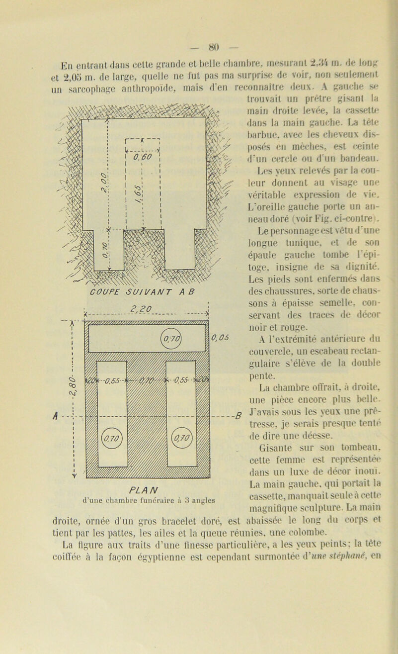 HO En entrant dans cette grande et belle chambre, mesurant i-'.Vi in. de long et 2,0o m. de large, <|iiclle ne fut pas ma surprise de voir, non seulement un sarcophage anthropoïde, mais d’en reconnaître deux. A gauche se trouvait un prêtre gisant la main droite levée, la cassette dans la main gauche. La tête barbue, avec les cheveux dis- posés en mèches, est ceinte d’un cercle ou d'un bandeau. Les yeux relevés par la cou- leur donnent au visage une véritable expression de vie. L'oreille gauche porte un an- neau doré (voir Fig. ci-contre i. Le personnage est vêtu d'une longue tunique, et «le son épaule gauche tombe l'épi- toge. insigne de sa dignité. Les pieds sont enfermés dans coupe suivant ab des chaussures, sorte de cliaus- A B PLAN d’une chambre funéraire à 3 angles sons à épaisse semelle, con- servant des traces de décor noir et rouge. A l’extrémité antérieure du couvercle, un escabeau rectan- gulaire s'élève de la double pente. La chambre offrait, à droite, une pièce encore plus belle, .l'avais sous les yeux une prê- tresse. je serais presque tenté de dire une déesse. Gisante sur son tombeau, cette femme est représentée dans un luxe de décor inouï. La main gauche, qui portait la cassette, manquait seule à cette magnifique sculpture. La main droite, ornée d'un gros bracelet doré, est abaissée le long «lu corps et tient par les pattes, les ailes et la queue réunies, une colombe. La figure aux traits d’une finesse particulière, a les yeux peints; la tête coiffée à la façon égyptienne est cependant surmontée «l‘une Stéphane, en