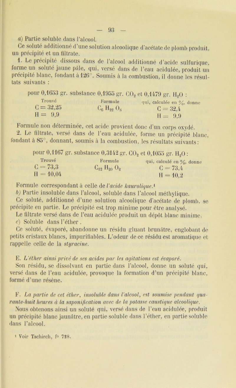 a) Partie soluble dans l’alcool. Ce soluté additionné d une solution alcoolique d acétate de plomb produit, un précipité et un fîltrate. 1. Le précipité dissous dans de 1 alcool additionné d’acide sulfurique, foi me un soluté jaune pâle, qui, versé dans de l’eau acidulée, produit un précipité blanc, fondant à 126 . Soumis à la combustion, il donne les résul- tats suivants : pour 0,1653 gr. substance 0,1955 gr. C02 et 0,1479 gr. I120 : Trouvé Formule qui, calculée en %, donne C = 32,25 C6 H22 08 C = 32,4 H= 9.9 || = 9.9 Formule non déterminée, cet acide provient donc d’un corps oxydé. 2. Le fîltrate, versé dans de l’eau acidulée, forme un précipité blanc, fondant à 85°, donnant, soumis à la combustion, les résultats suivants: pour 0,1167 gr. substance 0,3142 gr. C02 et 0,1055 gr. H20 : Trouvé Formule qui, calculé en %, donne C 73,3 Cj2 H20 02 C — 73,4 11 = 10,04 H = io,2 Formule correspondant à celle de l’acide kaurolique.1 b) Partie insoluble dans l’alcool, soluble dans l’alcool méthylique. Ce soluté, additionné d’une solution alcoolique d'acétate de plomb, se précipite en partie. Le précipité est trop minime pour être analysé. Le filtrate versé dans de l’eau acidulée produit un dépôt blanc minime. c) Soluble dans l’éther . Ce soluté, évaporé, abandonne un résidu gluant brunâtre, englobant de petits cristaux blancs, impuriflables. L’odeur de ce résidu est aromatique et rappelle celle de la styracine. E. L ’éther ainsi privé de ses acides par les agitations est évaporé. Son résidu, se dissolvant en partie dans l’alcool, donne un soluté qui, versé dans de l’eau acidulée, provoque la formation d’un précipité blanc, formé d’une résène. F. La partie de cet éther, insoluble dans l’alcool, est soumise pendant qua- rante-huit heures à la saponification avec de la potasse caustique alcoolique. Nous obtenons ainsi un soluté qui, versé dans de l’eau acidulée, produit un précipité blanc jaunâtre, en partie soluble dans l’éther, en partie soluble dans l’alcool.