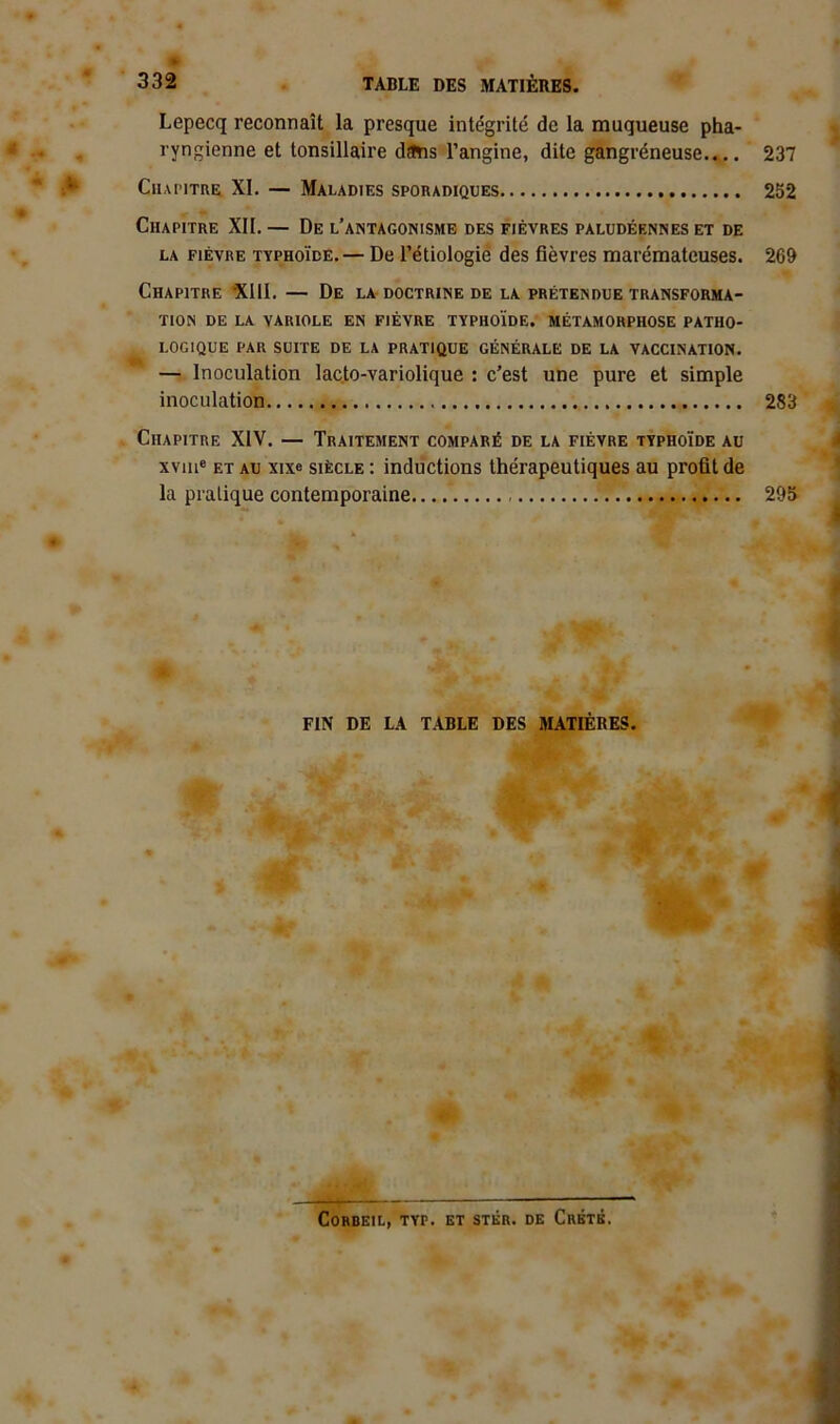 ■ 332 TABLE DES MATIÈRES. Lepecq reconnaît la presque intégrité de la muqueuse pha- ryngienne et tonsillaire dans l’angine, dite gangréneuse.... 237 Chapitre XI. — Maladies sporadiques 252 Chapitre XII. — De l’antagonisme des fièvres paludéennes et de la fièvre typhoïde.— De l’étiologie des fièvres marémateuses. 269 Chapitre 'XIII. — De la doctrine de la prétendue transforma- tion DE LA VARIOLE EN FIÈVRE TYPHOÏDE. MÉTAMORPHOSE PATHO- LOGIQUE PAR SUITE DE LA PRATIQUE GÉNÉRALE DE LA VACCINATION. — Inoculation lacto-variolique : c’est une pure et simple inoculation 283 Chapitre XIV. — Traitement comparé de la fièvre typhoïde au xvme et au xixe siècle : inductions thérapeutiques au profit de la pratique contemporaine 295 FIN DE LA TABLE DES MATIÈRES. CORUEIL, TYP. ET STÉR. DE CnÉTÊ.