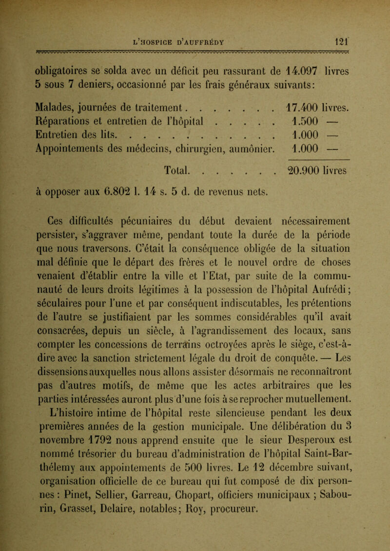 obligatoires se solda avec un déficit peu rassurant de 14.097 livres 5 sous 7 deniers, occasionné par les frais généraux suivants: Malades, journées de traitement 17.400 livres. Réparations et entretien de fhôpital 1.500 — Entretien des lits 1.000 — Appointements des médecins, chirurgien, aumônier. 1.000 — Total ^0.900 livres à opposer aux 6.802 1. 14 s. 5 d. de revenus nets. Ces difficultés pécuniaires du début devaient nécessairement persister, s’aggraver même, pendant toute la durée de la période que nous traversons. C’était la conséquence obligée de la situation mal définie que le départ des frères et le nouvel ordre de choses venaient d’établir entre la ville et l’Etat, par suite de la commu- nauté de leurs droits légitimes à la possession de l’hôpital Aufrédi ; séculaires pour fune et par conséquent indiscutables, les prétentions de l’autre se justifiaient par les sommes considérables qu’il avait consacrées, depuis un siècle, à l’agrandissement des locaux, sans compter les concessions de terrains octroyées après le siège, c’est-à- dire avec la sanction strictement légale du droit de conquête.— Les dissensions auxquelles nous allons assister désormais ne reconnaîtront pas d’autres motifs, de même que les actes arbitraires que les parties intéressées auront plus d’une fois à se reprocher mutuellement. L’histoire intime de l’hôpital reste silencieuse pendant les deux premières années de la gestion municipale. Une délibération du 3 novembre 1792 nous apprend ensuite que le sieur Desperoux est nommé trésorier du bureau d’administration de l’hôpital Saint-Bar- thélemy aux appointements de 500 livres. Le 12 décembre suivant, organisation officielle de ce bureau qui fut composé de dix person- nes : Pinet, Sellier, Garreau, Ghopart, officiers municipaux ; Sabou- rin. Grasset, Delaire, notables; Roy, procureur.