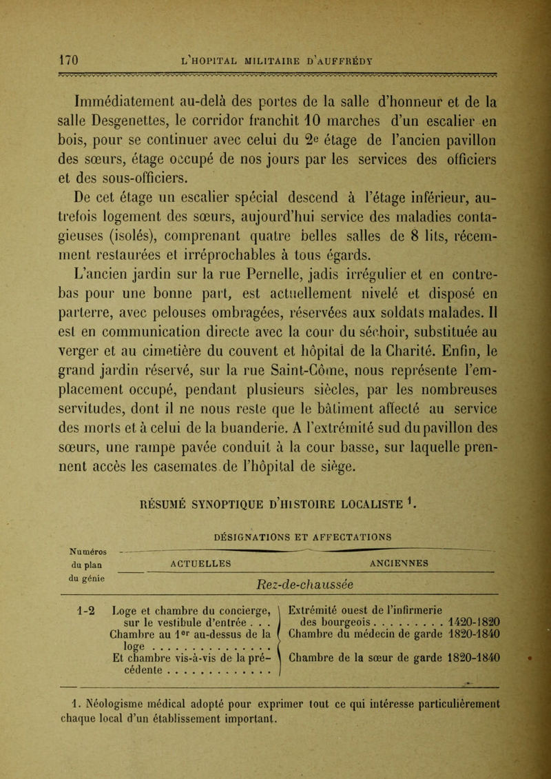 Immédiatement au-delà des portes de la salle d’honneur et de la salle Desgenettes, le corridor franchit 10 marches d’un escalier en bois, pour se continuer avec celui du 2e étage de l’ancien pavillon des sœurs, étage occupé de nos jours par les services des officiers et des sous-officiers. De cet étage un escalier spécial descend à l’étage inférieur, au- trefois logement des sœurs, aujourd’hui service des maladies conta- gieuses (isolés), comprenant quatre belles salles de 8 lits, récem- ment restaurées et irréprochables à tous égards. L’ancien jardin sur la rue Femelle, jadis irrégulier et en contre- bas pour une bonne part, est actuellement nivelé et disposé en parterre, avec pelouses ombragées, réservées aux soldats malades. Il est en communication directe avec la cour du séchoir, substituée au verger et au cimetière du couvent et hôpital de la Charité. Enfin, le grand jardin réservé, sur la rue Saint-Gôme, nous représente l’em- placement occupé, pendant plusieurs siècles, par les nombreuses servitudes, dont il ne nous reste que le bâtiment affecté au service des morts et à celui de la buanderie. A l’extrémité sud du pavillon des sœurs, une rampe pavée conduit à la cour basse, sur laquelle pren- nent accès les casemates.de l’hôpital de siège. RÉSUMÉ SYNOPTIQUE d’HISTOIRE LOCALISTE L Numéros du plan du génie DÉSIGNATIONS ET AFFECTATIONS ACTUELLES ANCIENNES Rez-de-chaussée 1-2 Loge et chambre du concierge, sur le vestibule d’entrée . . . Chambre au l®r au-dessus de la loge Et chambre vis-à-vis de la pré- cédente Extrémité ouest de rinfirmerie des bourgeois 1420-1820 Chambre du médecin de garde 1820-1840 Chambre de la sœur de garde 1820-1840 1. Néologisme médical adopté pour exprimer tout ce qui intéresse particulièrement chaque local d’un établissement important.