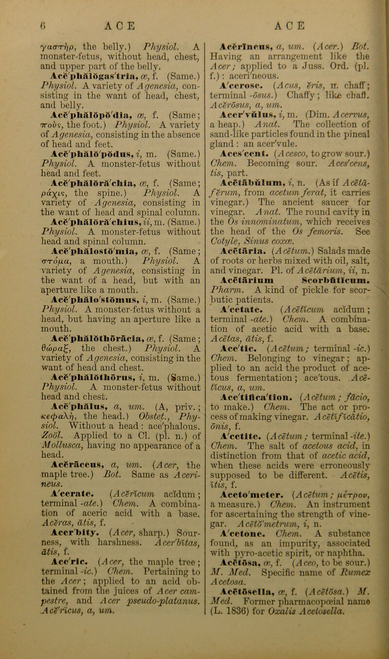 ya(TTi)p, the belly.) Physiol. A monster-fetus, without head, chest, and upper part of the belly. Acl^'pliiUAKai^'trja, ce, f. (Same.) Physiol. A variety of A gencsia, con- sisting in the want of head, chest, and belly. AcS'plii'llOpA'dla, ce, f. (Same; 7T0US, the foot.) Physiol. A variety of Agenesia, consisting in the absence of head and feet. AcC'phiil6'pd(lu.s,i, m. (Same.) Physiol. A monster-fetus without head and feet. AcS'phiil6rii'c]ila, ce, f. (Same; payi's, the spine.) Physiol. A variety of Agenesia, consisting in the want of head and spinal column. AcS'philldrii'cliiuSyU, m. (Same.) Physiol. A monster-fetus without head and spinal column. Ac£'p]iiilo.std'mia, ce, f. (Same; iT'Top.u, a mouth.) Physiol. A variety of Agenesia, consisting in the want of a head, but with an aperture like a mouth. AcS'pliiilo''stdiniis, i, m. (Same.) Physiol. A monster-fetus without a head, but having an aperture like a mouth. Acg'pliaiStliorilcla, CB,f. (Same; dwpa^, the chest.) Physiol. A variety of Agenesia, consisting in the want of head and chest. AcS'pbi'lldtliorns, i, m. (Same.) Physiol. A monster-fetus without head and chest. Ace'pliftlii.s, a, um. (A, priv.; K6(paXi], the head.) Obstet., Phy- siol. Without a head : ace'phalous. Zool. Applied to a Cl. (pi. n.) of Mollusca, having no appearance of a head. AcCracens, a, um. {Acer, the maple tree.) Bot. Same as Aceri- neus. A'cerate. {A c^T^cum acfdum ; tenninal-a^e.) Chem. A combina- tion of aceric acid with a base. Ac^ras, atis, f. Acer'blty. {Acer, sharp.) Sour- ness, with harshness. Acer'hltas, dtis, f. Acc'rlc. {Acer, the maple tree; terminal -ic.) Chem. Pertaining to the Acer] applied to an acid ob- tained from the juices of Acer cam- pestre, and yicer pseudo-platanus. AcS'ricus, a, um. Acftrlnoiis, a, um. {Acer.) Bot. Having an arrangement like the Acer; applied to a Juss. Ord. (pi. f.): aceri'neous. A'cerose. {Acv^, tris, it. chaff; terminal-cJsr^5.) Chaffy; like chaff. Acirdsus, a, um. Acer'vulus, i, m. (Dim. A cervus, aheap.) Anat. Tlie collection of sand-like particles found in the jjineal gland: an acer'vule. Aces'cent. (yl cbsco, to grow soiir.) Chem. Becoming sour. Aces^cens, tis, part. Acetabulum, i, n. (As if Acetd- firum, from acetum ferat, it carries vinegar.) The ancient saucer for vinegar. A nat. The round cavity in the Os inncminatum, which receives the head of the Os femoris. See Cotyle, Sinus coxce. Acctarla. {Acetum.) Salads made of roots or herbs mixed with oil, salt, and vinegar. PI. of Acetdrium, ii, n. Acetariiim Scorbfitleum. Pharm. A kind of pickle for scor- x ■ butic patients. A'cetate. {Aceticum acidum; terminal -ate.) Chem. A combina- tion of acetic acid with a base. Ace fas, dtis, f. Ace'tlc. {Acetum; terminal -ic.) . Chem. Belonging to vinegar; ap- plied to an acid the product of ace- tous fermentation; ace'tous. Ace- ticus, a, um. j- Ace'tlflca'tion. {Acetum; fdcio, to make.) Chem. The act or pro- r‘ cess of making vinegar. Acetlflcdtio, ■ onis, f. . •; A'cetite. {Acetum; iermmd.\-ite.) j Chem. The salt of acetous acid, in * distinction from that of acetic acid, ( when these acids were erroneously * supposed to be different. Acetis, ' Itis, f. ; Aceto'meter. {Acetum; geTpov, a measure.) Chem. An instrument for ascertaining the strength of vine- gar. Acetd'metrum, i, n. A'cctone. Chem. A substance found, as an impurity, associated i with pyro-acetic spirit, or naphtha. j Acl^t<l.sn, CP; f. {Aceo, to be sour.) j M. Med. Specific name of Rumex i A cetosa. i Acf^tff.sella, ce, f. {Acetosa.) M. ^ Med. Former pharm acopoeial name 1 (L. 1836) for Oi^is AccLosella. >