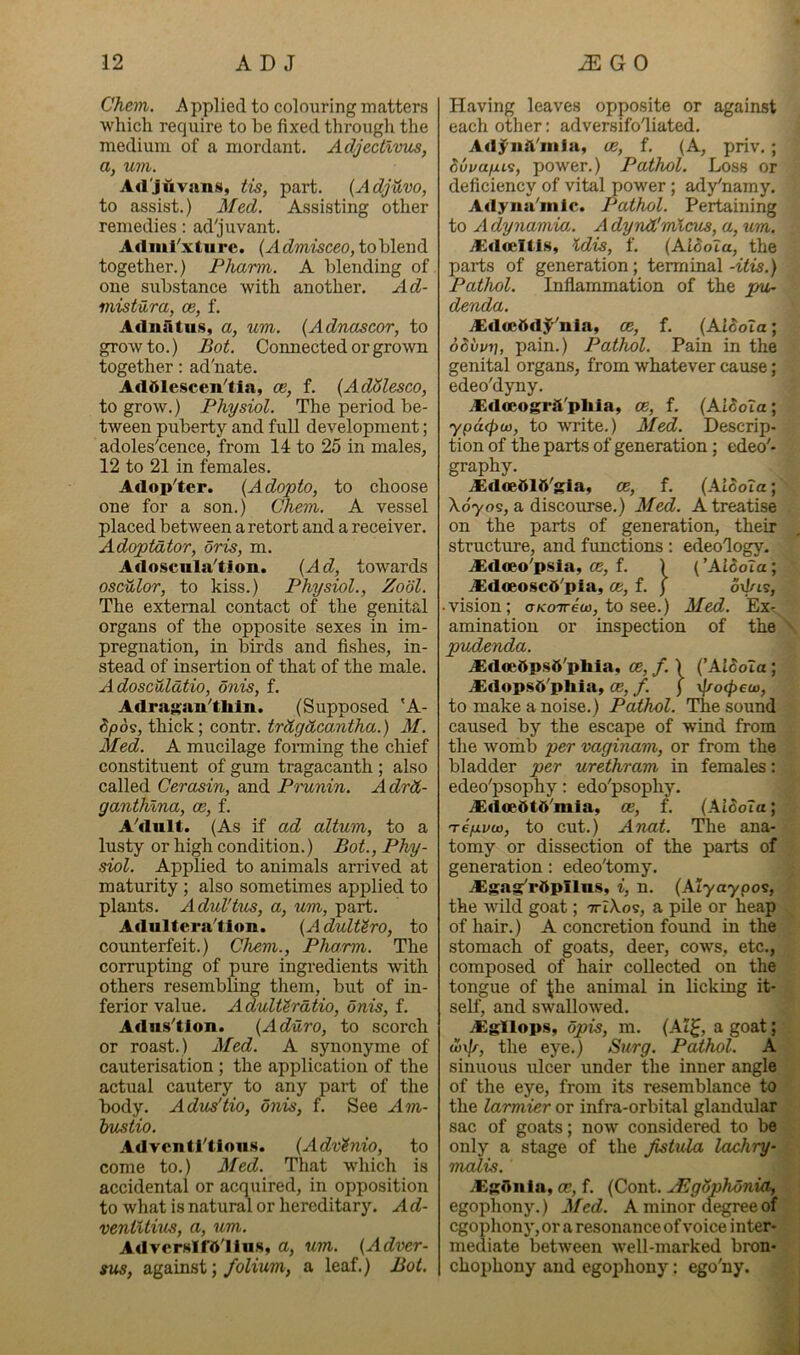Chem. A pplied to colouring matters which require to be fixed througli the medium of a mordant. Adjectlvus, a, um. Adjuvans, Us, part. {Adjwvo, to assist.) Med. Assisting other remedies: ad'juvant. Adml^xtiirc. to blend together.) Pharm. A blending of. one substance with another. Ad- mistura, oe, f. Adnatus, a, um. {Adnascor, to grow to.) Bot. Connected or grown together: ad'nate. Addlescen''tia, ce, f. {AdZlesco, to grow.) Physiol. The period be- tween puberty and full development; adoles'cence, from 14 to 25 in males, 12 to 21 in females. Adop^ter. {Adopto, to choose one for a son.) Chem. A vessel placed between a retort and a receiver. Adoptator, oris, m. Adoscnla^tjon. {Ad, towards osculor, to kiss.) Physiol., Zool. The external contact of the genital organs of the opposite sexes in im- pregnation, in birds and fishes, in- stead of insertion of that of the male. Adosculdtio, onis, f. Adrag;au'tliin. (Supposed 'A- 5/ods, thick; contr. trdgdcantha.) M. Med. A mucilage fonning the chief constituent of gum tragacanth ; also called Cerasin, and Prunin. Adrd- ganthlna, ce, f. A''diilt. (As if ad altum, to a lusty or high condition.) Bot., Phy- siol. Applied to animals arrived at maturity; also sometimes applied to plants. AduVtus, a, um, part. Adultera'tion. {Adulttro, to counterfeit.) Chem., Pharm. The corrupting of pure ingredients with others resembling them, but of in- ferior value. A dullerdtio, onis, i. Adns^tlon. {Adiiro, to scorch or roast.) Med. A synonyme of cauterisation ; the application of the actual cautery to any part of the body. Adudtio, onis, f. See Am- Imstio. Adventl'tlons. {Advtnio, to come to.) Med. That which is accidental or acquired, in opposition to what is natural or hereditary. A d- ventUvus, a, um. Adverslftt'llus, a, um. (Adver- sus, against; folium, a leaf.) Bot. Having leaves opposite or against each other: adversifo'liated. Ad5^nil'nilu, ue, f. (A, priv. ; duvufiis, power.) Pathol. Loss or deficiency of vital power; ady'namy. Adyna'mlc. Pathol. Pertaining to A dynamia. A dynd'mlcus, a, um. Aldceltis, ’Ldis, f. (AiooTa, the parts of generation; terminal -itis.) Pathol. Inflammation of the pu- denda. Ald€c5dj^^nla, ce, f. (Alooia; oSvvn, pain.) Pathol. Pain in the genital organs, from whatever cause; edeo'dyny. ^Cldocogrft'pliia, oe, f. (AlSoia; ypdcpio, to write.) Med. Descrip- tion of the parts of generation; edeo'- graphy. .Xdcedld'gla, ce, f. (AlSoTa; Xo'7f)s, a discourse.) Med. A treatise on the parts of generation, their structure, and functions : edeology. ^dceo^psia, ce, i. 1 (’AiSoTa; A)d«eo.scdpla, ce, f. ) oxl/is, • vision; ckottcw, to see.) Med. Ex- amination or inspection of the pudenda. AGdoe&psfi'pbla, ce, f. 1 (’AlSoTa; i£dop.s6'phia, ce, f. ) x/rotpecv, to make a noise.) Pathol. The sound caused by the escape of wind from the womb per vaginam, or from the bladder per urethram in females: edeo'psophy: edo'psophy. JEdoedtd'mia, oe, f. (AlSoTa; 'refivco, to cut.) ATiat. The ana- tomy or dissection of the parts of generation: edeo'tomy. jEgag'rdpIlus, i, n. (Alyaypos, the Avild goat; ttIXos, a pile or heap of hair.) A concretion found in the stomach of goats, deer, cows, etc., composed of hair collected on the tongue of ^he animal in licking it- self, and swalloAved. Algllops, opis, m. (At^, a goat; the eye.) Surg. Pathol. A sinuous ulcer under the inner angle of the eye, from its resemblance to the larmier or infra-orbital glandular sac of goats; now considered to be only a stage of the fistula lachry- malis. yCgftiiia, ce, f. (Cont. uEgSphdnia, egophony.) Med. A minor degree of cgophony, or a resonance of voice inter- mediate between Avell-marked bron- chophony and egophony: ego'ny.
